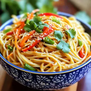 - 8 oz (225 g) spaghetti or rice noodles - 1/4 cup creamy peanut butter - 2 tablespoons sesame oil - 2 tablespoons soy sauce (or tamari for gluten-free) - 2 tablespoons hoisin sauce - 1 tablespoon sriracha sauce (adjust according to your heat preference) These main ingredients create a rich and creamy sauce. The peanut butter adds a nutty flavor. Sesame oil gives a lovely depth. Soy sauce and hoisin sauce balance sweetness and saltiness. Sriracha adds a spicy kick that you can adjust. - 1 cup shredded carrots - 1 bell pepper, thinly sliced (choose red or yellow for vibrant color) - 3 green onions, sliced diagonally - 1 tablespoon toasted sesame seeds - Fresh cilantro leaves for garnish Fresh veggies add crunch and color. Shredded carrots and bell pepper bring sweetness and freshness. Green onions add a mild onion flavor. Toasted sesame seeds give a nutty finish. Cilantro brightens every bite. - 1/4 cup water (add more as needed for desired consistency) - 1 teaspoon freshly grated ginger - 2 cloves garlic, finely minced Water helps adjust the sauce's thickness. Ginger adds warmth and spice. Garlic gives a savory depth that makes it all come together. These essentials enhance the overall flavor profile. Bringing Water to a Boil Start by filling a large pot with water. Add a good amount of salt. Turn the heat to high and wait until it boils. Cooking Time for Noodles Add your choice of spaghetti or rice noodles to the boiling water. Cook them according to the package directions until they are al dente. This usually takes about 8 to 10 minutes. Draining and Preventing Clumping Once cooked, carefully drain the noodles in a colander. Rinse them briefly under cold water. This helps stop the cooking and keeps them from sticking together. Mixing Sauce Ingredients In a medium bowl, add creamy peanut butter, sesame oil, soy sauce, hoisin sauce, sriracha, rice vinegar, grated ginger, and minced garlic. Whisk them together until smooth. Achieving Desired Consistency If your sauce seems too thick, slowly add water. Keep whisking until it reaches a creamy and pourable texture. Tossing Noodles with Vegetables and Sauce In a large mixing bowl, combine the cooked noodles, shredded carrots, and sliced bell pepper. Drizzle the peanut sauce over the mix. Ensuring Even Coating Use tongs or two forks to toss everything together. Make sure all the noodles and veggies are coated in the tasty sauce. Portioning Noodles into Bowls Scoop out the noodles into individual bowls. This makes it easy for everyone to serve themselves. Adding Green Onions, Sesame Seeds, and Cilantro Top each bowl with sliced green onions and toasted sesame seeds. Don’t forget to add fresh cilantro for a bright touch. Optional Spicy Additions If you like it hot, add more sriracha or sprinkle chili flakes on top. This gives your dish an extra kick. To get the right sauce for your noodles, start with the base ingredients. You need creamy peanut butter, sesame oil, soy sauce, hoisin sauce, and sriracha. If your sauce is thick, add water a little at a time. This helps it blend better. Taste your sauce as you go. You want a balance of sweet, salty, and spicy. If it's too sweet, add more soy sauce. If it's too spicy, add a bit more peanut butter. Cooking your noodles correctly is key. Use a large pot and plenty of salted water. Bring it to a rolling boil before adding noodles. Follow the package instructions to cook until they are al dente. This means they should be firm but not hard. Once cooked, drain the noodles right away. To prevent clumping, rinse them under cold water for a few seconds. This stops the cooking process and keeps them separate. Presentation makes your dish shine. Serve the noodles in wide bowls for a nice look. This gives you space for garnishes. After adding the noodles, sprinkle sliced green onions and toasted sesame seeds on top. These add color and crunch. A sprig of fresh cilantro also adds a pop of green. You can even place a lime wedge on the side for a zesty touch. This not only looks great but also invites guests to add some fresh flavor. {{image_4}} You can switch up the noodles to fit your needs. Zoodles, made from zucchini, offer a fresh twist. They are low in carbs and full of nutrients. Whole wheat noodles add fiber and a hearty taste. Gluten-free options like rice noodles work well too. Just make sure to cook them according to the package instructions. Want to make your meal heartier? Adding proteins can help. Tofu is a great choice for a plant-based option. It absorbs the sauce well and adds a nice texture. Grilled chicken brings a savory flavor that pairs excellently. If you like seafood, shrimp is a quick-cooking option. For beef lovers, thinly sliced beef adds richness. Don’t hesitate to get creative with flavors. Fresh herbs like cilantro or basil can brighten the dish. Adding crushed peanuts brings a nice crunch. You can also play with spices, such as cumin or paprika, for depth. Adjust the heat by adding more sriracha or chili flakes. Tailoring the dish to your taste makes it more enjoyable. To keep your Spicy Sesame Peanut Noodles fresh, store them right. Place the noodles in a container. Make sure it has a tight lid to prevent air from getting in. This helps keep flavors strong. I recommend using glass or BPA-free plastic for safe storage. If you have extra sauce, store that in a separate container to keep the noodles from getting soggy. When it's time to enjoy your leftovers, you have two good options: microwave or stovetop. For the microwave, place the noodles in a bowl. Heat them for about 1-2 minutes. Stir halfway to make sure they heat evenly. If you use the stovetop, put the noodles in a pan over low heat. Add a splash of water to help them warm up without sticking. Aim for a temperature of about 165°F (74°C) to ensure they're hot. To keep your ingredients fresh, store noodles and sauces separately. This way, the noodles won't absorb all the sauce and become mushy. Keep any leftover vegetables in a separate container too. When you are ready to eat, mix everything just before serving. This keeps the dish bright and crunchy. Yes, you can make Spicy Sesame Peanut Noodles ahead of time. Cook the noodles and store them in a sealed container. Keep the sauce separate until you're ready to serve. This way, your noodles stay fresh and don’t get soggy. If you need a peanut butter substitute, try almond butter or sunflower seed butter. Both give a similar creaminess. If you have nut allergies, use tahini for a sesame flavor. Absolutely! Spicy Sesame Peanut Noodles are great for meal prep. You can portion them into containers for easy lunches or dinners. Just store the sauce separately to keep everything fresh. Yes, you can add many vegetables! Try broccoli, snap peas, or bell peppers. Just slice them thinly and toss them in with the noodles. This adds color and nutrition to your dish. To adjust the spice level, change the amount of sriracha in the sauce. For less heat, use less sriracha. If you want more spice, add chili flakes or a dash of hot sauce on top when serving. Spicy Sesame Peanut Noodles are quick and tasty. We covered key ingredients like noodles, peanut butter, and sauces. I shared step-by-step cooking tips and how to enhance flavor and presentation. Remember, you can mix in different proteins and veggies to make it your own. Storing leftover noodles is easy, and reheating brings back their deliciousness. Enjoy making this dish your way, and don’t hesitate to try new ideas!