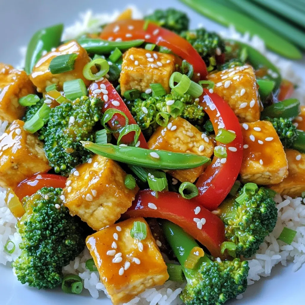 - 1 block (14 oz) extra-firm tofu, pressed and cubed - 3 tablespoons vegetable oil (divided) - 3 cloves garlic, minced - 2 tablespoons soy sauce - 1 tablespoon sambal oelek (or your preferred chili paste) - 1 red bell pepper, sliced - 1 cup broccoli florets - 1 cup snap peas When I make this dish, I always start with extra-firm tofu. It holds its shape well and gives that great texture. Pressing the tofu is key. It removes excess moisture, which leads to crispiness when you cook it. Next, I use vegetable oil. This oil has a high smoke point, which helps the tofu fry up perfectly. For flavor, I love garlic. It adds a rich aroma and a great taste. Soy sauce gives depth, while sambal oelek adds a nice kick. Adjust the sambal to your spice level. Now for the veggies! I like using red bell pepper for its sweetness, broccoli for crunch, and snap peas for that fresh snap. These colors and textures make the dish pop. Gather these ingredients, and you're ready to whip up a quick and tasty stir-fry! 1. Pressing and cubing tofu: Start by pressing your tofu. This removes extra moisture. Wrap the tofu in a clean kitchen towel. Place something heavy on top, like a skillet. Let it sit for about 15 minutes. After pressing, cut the tofu into bite-sized cubes. 2. Coating with cornstarch: Take a mixing bowl and toss the cubed tofu with cornstarch. Ensure each piece is evenly coated. This coating gives the tofu that crispy texture we all love. 1. Heating the skillet: Grab a large non-stick skillet or wok. Add 2 tablespoons of vegetable oil. Heat it over medium-high heat until the oil shimmers. 2. Frying until crispy: Carefully place the tofu cubes in a single layer in the hot skillet. Fry the tofu for about 8 to 10 minutes. Turn the cubes occasionally until they are golden brown and crispy on all sides. Once done, use a slotted spoon to remove the tofu. Place it on a plate lined with paper towels to soak up any extra oil. 1. Adding garlic and cooking: In the same skillet, add 1 tablespoon of vegetable oil. Lower the heat to medium. Toss in the minced garlic and sauté it for about 30 seconds. Stir constantly to prevent burning. Burnt garlic can ruin the flavor. 2. Introducing the vegetables: Add the sliced red bell pepper, broccoli florets, and snap peas to the skillet. Stir-fry the veggies for 3 to 4 minutes. You want them to stay tender-crisp for the best texture. To get that perfect crispy tofu, start by pressing it. Pressing removes extra moisture. This makes the tofu absorb flavors better. It also helps achieve a nice crunch. You want to cut the tofu into cubes after pressing it. Next, use cornstarch. Coat each tofu cube evenly. This will create a crispy outer layer when you fry them. Aim for a light but even coating. Too much cornstarch can make the tofu gummy. For the best texture, keep an eye on your cooking time. You want your vegetables to be tender but still crisp. For this reason, stir-fry the veggies for just a few minutes. This keeps that crunch. When you sauté garlic, be careful not to burn it. Add the garlic to the hot oil and stir quickly. It should take about 30 seconds to become fragrant. If it burns, it will taste bitter, ruining your dish. To add more flavor, consider extra spices. A pinch of black pepper or red pepper flakes can give your dish a nice kick. You can also try adding fresh herbs like basil or cilantro for a fresh taste. If you want to swap sauces, there are options. Instead of soy sauce, you might use tamari for a gluten-free version. You could also try hoisin sauce for a sweeter twist. Get creative and find what you love! {{image_4}} You can switch up the protein in this dish. Try other types of tofu. Silken or soft tofu adds a creamy texture. They won't be as crispy, but they can still taste great. Tempeh is another option. It has a nutty flavor and a firm texture. Seitan is a good choice too. It mimics meat well and adds a chewy bite. Each option gives you a new taste. Feel free to use seasonal vegetables. Zucchini, carrots, or bell peppers work well. You can also use frozen veggies. They are quick and easy. Just toss them in the pan directly from the freezer. They save time and still taste good. Adjust the heat by changing the sambal oelek amounts. If you like it spicier, add more. If you want less heat, use less. You can also try different chili options. Sriracha, chili flakes, or fresh chilies all work great. Play with the spice level to suit your taste! For storing your leftover stir-fry, choose airtight containers. Glass or plastic containers work well. Allow the dish to cool down before sealing. This helps keep the food fresh. The stir-fry lasts about three to four days in the fridge. To reheat, use a non-stick skillet over medium heat. Add a bit of oil to help restore crispiness. Stir the mixture often to keep it from sticking. You can also use an oven. Set it to 350°F (175°C) and spread the stir-fry on a baking sheet. Bake for about 10 minutes. This keeps the crispy texture intact. Avoid using a microwave, as it may make the tofu soggy. Yes, this recipe is already vegan! The key ingredient, tofu, is plant-based. The soy sauce and sambal oelek are also vegan-friendly. Just ensure you check the labels on your soy sauce and sambal oelek to confirm they have no animal products. To make this stir-fry gluten-free, use tamari instead of soy sauce. Tamari is a gluten-free soy sauce alternative. Additionally, double-check the ingredients in your sambal oelek to ensure it is gluten-free. Most brands are, but it's always good to check. This stir-fry pairs well with jasmine rice or quinoa, as they absorb the tasty sauce. You can also serve it with a light salad or steamed edamame for a fresh touch. If you want more crunch, try adding some crispy spring rolls on the side. In this post, we explored how to cook a tasty tofu stir-fry. You learned about key ingredients, step-by-step instructions, and useful tips. Achieving crispy tofu starts with proper pressing and cornstarch use. Feel free to swap in different proteins or veggies to suit your taste. Remember, leftovers are easy to store and reheat! With a few tweaks, you can customize this dish for any diet. Enjoy making this simple and healthy dish your own. Your stir-fry journey starts now!