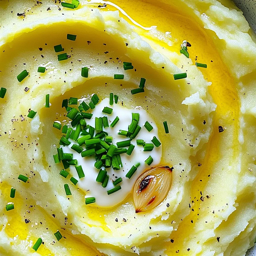 - 2 pounds Yukon Gold potatoes - 1 head of garlic - 1/2 cup unsalted butter - 1 cup heavy cream - Salt and pepper - Fresh chives Gathering the right ingredients is key to making creamy roasted garlic mashed potatoes. You need Yukon Gold potatoes for their buttery flavor and smooth texture. The garlic adds a rich and sweet taste when roasted. Unsalted butter gives a creamy base, while heavy cream ensures a luscious finish. Always use fresh chives for garnish; they add color and a mild onion flavor. Make sure to peel and cut the potatoes into one-inch cubes for even cooking. Use a whole head of garlic, unpeeled, to roast. This method keeps the cloves soft and full of flavor. When you have everything ready, you can move on to the next steps for a delicious side dish. 1. Preheat your oven to 400°F (200°C). This step ensures even cooking. 2. Take the head of garlic and peel off the outer skin. Keep the cloves together. 3. Wrap the whole garlic head tightly in aluminum foil. Place it in the oven. 4. Roast for 30-35 minutes. The garlic should be soft and fragrant when done. 1. While the garlic roasts, prepare the Yukon Gold potatoes. Peel and cut them into 1-inch cubes. 2. Place the potato cubes in a large pot. Cover them with cold water and add a pinch of salt. 3. Bring the pot to a rolling boil over high heat. 4. Cook the potatoes for 15-20 minutes. They should be tender enough to pierce easily with a fork. 1. Once the potatoes are tender, drain them well. Return them to the pot. 2. Put the pot over low heat for a minute. This helps get rid of any leftover moisture. 3. Squeeze the roasted garlic cloves into the pot. Discard the skins. 4. Add the softened butter and warmed heavy cream to the potatoes. 5. Use a potato masher or ricer to mash until smooth and creamy. 6. Stir well to combine all the ingredients. 7. Season with salt and freshly ground black pepper to taste. 8. If you want it creamier, add more warmed heavy cream as needed. To make your creamy roasted garlic mashed potatoes even better, try these ideas: - Add fresh herbs like rosemary or thyme for a fragrant twist. - Mix in a splash of sour cream or cream cheese for tangy creaminess. - For a kick, sprinkle in some cayenne pepper or smoked paprika. These additions can elevate the taste and bring more depth to your dish. Mashing potatoes well is key to a great texture. Here are some best practices: - Use a potato ricer for the smoothest mash. A ricer makes light, fluffy potatoes. - If you prefer a hand masher, mash gently. Over-mashing can make potatoes gummy. - Always mash while potatoes are warm. This helps them absorb butter and cream better. Follow these tips to avoid gummy potatoes and achieve that perfect consistency. Creamy roasted garlic mashed potatoes pair well with many dishes. Here are some great options: - Serve alongside roasted chicken or beef for a classic meal. - They also go well with grilled vegetables for a lighter option. - For gatherings, use a nice serving bowl. Create a well in the center and drizzle olive oil or melted butter for a beautiful touch. These serving ideas will impress your guests and complement the flavors of your mashed potatoes beautifully. {{image_4}} You can easily adapt this recipe for different diets. For a vegan version, swap out the butter and cream. Use plant-based butter and non-dairy cream. This keeps the same creamy texture without dairy. If you need gluten-free options, you're in luck! The basic ingredients are already gluten-free. Just ensure your plant-based substitutes are also gluten-free. This way, everyone can enjoy the dish. Adding cheese can take these mashed potatoes to the next level. Try stirring in some grated Parmesan or sharp cheddar. This will give a rich, savory flavor that pairs well with the garlic. For a fresh twist, add herbs like thyme or rosemary. These herbs work great with garlic and boost the taste. You can also mix in roasted veggies like carrots or broccoli. They add color and nutrition, making the dish even better. Experiment with different flavors to find your perfect mash! After enjoying your creamy roasted garlic mashed potatoes, store the leftovers properly. First, let them cool down to room temperature. Then, transfer them to an airtight container. This helps keep the flavor fresh. You can refrigerate them for up to three days. - Use glass or plastic containers with tight lids. - Label the container with the date to track freshness. When it's time to enjoy your mashed potatoes again, reheating is key. You want them warm and creamy, not dry. Here are some methods to help. - Microwave: Place the potatoes in a bowl. Add a splash of heavy cream or milk. Cover the bowl with a damp paper towel. Heat in short bursts, stirring in between. This keeps them moist. - Stovetop: Put the mashed potatoes in a pot. Add a little cream or butter. Heat on low, stirring frequently to avoid sticking. This method helps restore creaminess. If you find your mashed potatoes are too thick after refrigeration, add more cream or a bit of butter. Mix well until smooth. This will bring back their lovely texture. You can prepare garlic mashed potatoes a day before. Just follow the recipe, then cool them. Store in an airtight container in the fridge. When ready to serve, reheat them gently on the stove. Add a splash of cream to keep them creamy. If you want a lighter option, you can use whole milk or half-and-half. For a dairy-free choice, try unsweetened almond milk or coconut cream. Adjust the amount based on your desired creaminess. Yes, mashed potatoes are great to make ahead. They hold up well in the fridge and reheat nicely. They pair well with many dishes, making them a versatile choice for meals. Yes, you can freeze mashed potatoes! Cool them completely, then place them in a freezer-safe container. They can last for up to two months. Just remember to thaw them overnight in the fridge before reheating. If your mashed potatoes turn out too salty, you can fix them. Add more cooked potatoes without salt to balance the flavor. You can also mix in some sour cream or cream cheese to help tone down the saltiness. You now have all the steps to make garlic mashed potatoes. You learned about choosing quality ingredients like Yukon Gold potatoes and fresh garlic. You also discovered tips for cooking, flavoring, and storing your dish. Remember, these mashed potatoes can be adjusted for any diet. Have fun experimenting with flavors and presentation. Your efforts will make any meal shine. Enjoy every bite you create!