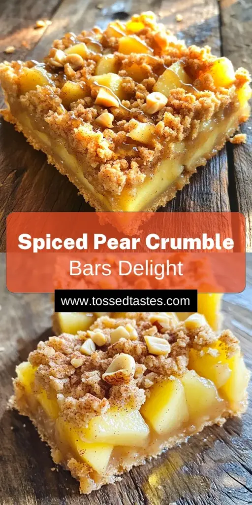 Indulge in the deliciousness of spiced pear crumble bars! These bars combine sweet, ripe pears with warm spices like cinnamon and nutmeg for a delightful treat. Perfect as a cozy dessert or snack, they are easy to make and bursting with flavor. Follow our simple recipe to create this mouthwatering dessert that everyone will love. Click through to explore the full recipe and bring this tasty treat to your kitchen!