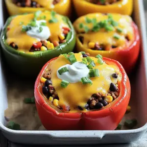 - 4 large bell peppers (red, yellow, green, or orange) - 1 lb ground turkey or lean ground beef - 1 cup cooked rice (white or brown) - 1 can (15 oz) black beans, rinsed and drained - 1 cup corn kernels (frozen or canned, drained if canned) - 1 packet (about 1 oz) taco seasoning mix - 1 cup diced tomatoes (canned or fresh) - 1 cup shredded cheddar cheese, divided - 1/2 cup sour cream, for serving - 2 green onions, finely sliced (green and white parts) - Salt and pepper, to taste When I make cheesy taco stuffed peppers, I love using vibrant bell peppers. They add color and crunch. I prefer lean ground turkey for a healthier option, but beef is great too. Cooked rice acts as a filler and adds texture. Black beans and corn add protein and sweetness. The taco seasoning mix gives the filling its bold flavor. Diced tomatoes bring moisture and freshness. I always use plenty of shredded cheddar cheese for that gooey finish. Sour cream adds a creamy touch when served. Green onions provide a pop of color and flavor. A little salt and pepper finish off the dish perfectly. These ingredients come together to create a delicious meal that everyone loves. You can customize this recipe by adding your favorite toppings, too! - Preheat the oven to 375°F (190°C). - Prepare the peppers by slicing off the tops and removing seeds. Stand them upright in a baking dish. - Cook 1 lb of ground turkey or beef in a skillet over medium heat. Stir until browned, about 5-7 minutes. Drain excess fat if needed. - Add a packet of taco seasoning to the cooked meat. Mix well. Fold in 1 cup of cooked rice, 1 can of rinsed black beans, 1 cup of corn, and 1 cup of diced tomatoes. Heat the mixture for 3-4 minutes while stirring. - Spoon the cheesy taco filling into each pepper. Press down gently to pack it in. - Cover the dish with foil and bake for 25 minutes. After that, remove the foil and add 1 cup of shredded cheddar cheese on top. Bake uncovered for another 10-15 minutes until the cheese is melted and bubbly. Choosing the right peppers For this dish, I recommend using large bell peppers. Colors like red, yellow, green, or orange all work well. They add sweet flavor and look great on the plate. Make sure they are firm and fresh. This helps them hold the filling during cooking. Adjusting spice levels to taste If you like spice, consider adding diced jalapeños to the filling. You can also use a spicy taco seasoning mix. For milder flavors, stick with regular taco seasoning. Always taste the filling before stuffing. This way, you can adjust the heat to your liking. Making ahead of time You can prepare the filling a day in advance. Just store it in the fridge. When you're ready to eat, stuff the peppers and bake them. This saves time on busy days. It also lets the flavors meld together, making each bite even better. Cooking rice and beans efficiently For quick cooking, use leftover rice. If you don’t have any, make rice in a rice cooker or on the stove. It cooks fast and is easy. Rinsing black beans is simple, too. Just put them in a colander and run cold water over them. This removes excess salt. {{image_4}} You can swap out ground turkey or beef for chicken. Chicken adds a light taste. You can also use plant-based meat for a veggie option. This adds a fun twist and makes it healthier. Each protein brings its own flavor. Experiment to find your favorite. If you want to change the rice, try quinoa. Quinoa is packed with protein and gives a nutty flavor. You can also switch out black beans for pinto or kidney beans. This adds variety and different textures. Adding veggies like zucchini or spinach can boost nutrition. These swaps keep the dish fresh and exciting. To store your cheesy taco stuffed peppers, first let them cool. Once cool, place them in an airtight container. Make sure to keep them in the fridge. They will stay fresh for about three to four days. If you want to keep them longer, consider freezing them. Wrap each pepper tightly in plastic wrap, then place them in a freezer-safe bag. They can last up to three months in the freezer. When you’re ready to enjoy your leftovers, you have a few options. The best way to reheat stuffed peppers is in the oven. Preheat your oven to 350°F (175°C). Place the peppers in an oven-safe dish and cover with foil. Heat for about 20 minutes, or until warm. You can also use the microwave for a quicker option. Place the pepper on a microwave-safe plate and cover loosely with a paper towel. Heat for two to three minutes, checking for warmth. Bake the stuffed peppers at 375°F (190°C) for 25 minutes covered. After that, remove the foil and add more cheese. Bake uncovered for 10 to 15 minutes until the cheese melts and bubbles. This gives a nice golden look and enhances the flavor. Yes, you can freeze them! Let the cooked peppers cool first. Wrap each one tightly in plastic wrap and place them in a freezer bag. They can last up to three months in the freezer. To thaw, move them to the fridge overnight. Reheat them in the oven at 375°F (190°C) until hot. I love serving these with crunchy tortilla chips. You can also add a fresh salad or Spanish rice on the side. For a fun twist, top them with extra sour cream or fresh cilantro. These add great flavor and color! Stuffed peppers are a tasty, easy meal. We explored key ingredients like bell peppers, ground turkey, and black beans. I shared simple steps to prep, cook, and bake. Tips helped perfect your dish, while variations let you customize it. Remember, you can store and reheat leftovers, making them even better later. Enjoy this fun recipe with friends or family. It's sure to be a hit at your table!