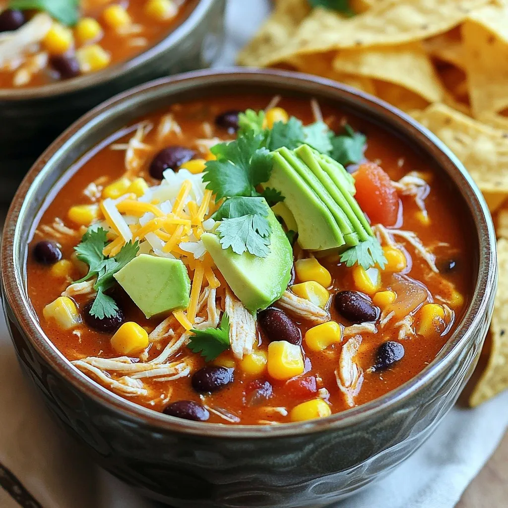 - 1 lb boneless, skinless chicken breasts - 1 can (15 oz) black beans, thoroughly drained and rinsed - 1 can (15 oz) sweet corn, drained - 1 can (10 oz) enchilada sauce (red or green) - 1 can (14.5 oz) diced tomatoes, with their juices preserved - 1 cup chicken broth (low-sodium recommended) - 1 medium onion, finely chopped - 2 cloves garlic, finely minced - 1 teaspoon ground cumin - 1 teaspoon chili powder - 1/2 teaspoon smoked paprika for added depth of flavor - Salt and freshly cracked pepper, to taste - Fresh cilantro, finely chopped, for garnish - 1 ripe avocado, diced, for a creamy topping - Shredded cheese (cheddar or a Mexican blend), for an indulgent finish - Tortilla chips, for serving and added crunch This mix of ingredients creates a tasty and hearty soup. The chicken adds protein, while the beans and corn give it a nice texture. The spices, like cumin and chili powder, bring warmth and flavor. Each topping adds something special, making every bite a delight. Enjoy crafting this delicious dish! Start by placing the boneless, skinless chicken breasts at the bottom of your slow cooker. This step is key. The chicken will soak up all the tasty flavors. Next, grab a large mixing bowl. In it, combine the black beans, sweet corn, enchilada sauce, and diced tomatoes with their juices. Add the chicken broth, chopped onion, and minced garlic. Don’t forget the spices: ground cumin, chili powder, smoked paprika, and a pinch of salt and pepper. Mix everything well until it looks nice and blended. Now, carefully pour the flavorful mixture right over the chicken in the slow cooker. Make sure the chicken is fully covered. This helps it cook evenly and soak up all the good flavors. Put the lid on the slow cooker. Set it to cook on low for 6-8 hours or on high for 4-5 hours. When the time is up, the chicken should be tender and fully cooked. Once the soup is done, take out the chicken using tongs. Shred it using two forks until it’s fluffy. Return the shredded chicken back into the slow cooker, mixing it into the soup. Lastly, taste the soup. Adjust the seasoning if needed with more salt and pepper. Let it sit on warm for 10-15 minutes. This helps all the flavors blend even better. To cook your soup just right, I suggest these times: - Low setting: 6-8 hours - High setting: 4-5 hours For the best flavor, use fresh garlic and onion. They add a nice touch. Don't forget to taste your soup before serving. Adjust salt and pepper as needed. This step helps you get a balanced flavor. You can switch ingredients if needed. Here are some ideas: - Alternative proteins: Use shredded beef or beans for a vegetarian twist. - Low-sodium options: Choose low-sodium chicken broth and enchilada sauce to keep it lighter. These swaps can help if you're watching your salt intake or want to try something new. Serving your soup well makes a big difference. Here are some fun ideas: - Creative garnishing: Add fresh cilantro, diced avocado, and a sprinkle of shredded cheese on top. - Best accompaniments: Serve with crispy tortilla chips on the side. They add a great crunch. Hot bowls of soup look and taste amazing. Enjoy each bite! {{image_4}} You can change the flavor of your soup easily. One way is by switching up the enchilada sauce. You might prefer red sauce for a rich taste or green sauce for a fresh kick. Each sauce brings its own zest to the dish. Another great option is to add jalapeños. They bring heat and a nice crunch. You can slice them and toss them in the slow cooker. Adjust the amount based on your spice level. Want to make it vegetarian or vegan? You can use vegetable broth instead of chicken broth. Replace the chicken with hearty veggies like zucchini or mushrooms. Beans and corn will keep it filling and tasty. If you need a gluten-free option, check the enchilada sauce. Some brands add gluten. Use gluten-free tortillas or chips for serving. You’ll still enjoy all the flavors without worry. You can enjoy this dish as a soup or a stew. If you want a thicker soup, use less broth. You can also add more beans or corn. This will give you a heartier meal. For a twist, make a casserole version. Layer the soup in a baking dish and top with cheese. Bake it until the cheese is bubbly and golden. It’s a fun way to serve this classic dish. You can keep your slow cooker chicken enchilada soup in the fridge for up to five days. Make sure to store it in an airtight container. This helps keep it fresh and tasty. When you want to eat it again, just heat it on the stove or in the microwave. To freeze the soup, let it cool completely first. Then, pour it into freezer-safe bags or containers. Remove as much air as possible to avoid freezer burn. You can store it for up to three months. When you're ready to eat, take the soup out of the freezer. Thaw it overnight in the fridge or use the microwave. Reheat the soup on the stove until it's hot. Stir well to mix everything back together. You can get creative with leftover soup! Here are some ideas: - Taco Filling: Use the soup as a filling for tacos. Just add your favorite toppings. - Casserole: Mix the soup with cooked rice, top with cheese, and bake for a cozy casserole. - Dip: Blend some soup with cream cheese for a tasty dip with tortilla chips. Enjoy your leftovers in fresh and fun ways! How long does it take to cook? Cooking this soup takes about 6 to 8 hours on low heat. If you are short on time, you can cook it on high for 4 to 5 hours. The chicken will be tender and the flavors will meld nicely during this time. I always check to ensure the chicken is cooked through before I shred it. Can I freeze chicken enchilada soup? Yes, you can freeze this soup! Let it cool completely before placing it in an airtight container. It will keep well in the freezer for up to three months. When you are ready to eat it, thaw it in the fridge overnight. Reheat it on the stove or in the microwave until hot. Add a splash of broth if it seems thick. What can I use instead of chicken? If you want a different protein, try using shredded beef or pork. You can also use beans for a vegetarian option. Lentils work great too! Just adjust the cooking time. If using beans, add them in the last hour of cooking to keep them intact. This way, you can enjoy a tasty meal with different flavors. This blog post covered every key detail for making delicious slow cooker chicken enchilada soup. We looked at main ingredients, flavor enhancers, and how to serve it well. I shared tips for perfecting the recipe and making fun variations, so you can impress your family and friends. Enjoy exploring these ideas for your next meal. You'll create a dish that everyone loves!
