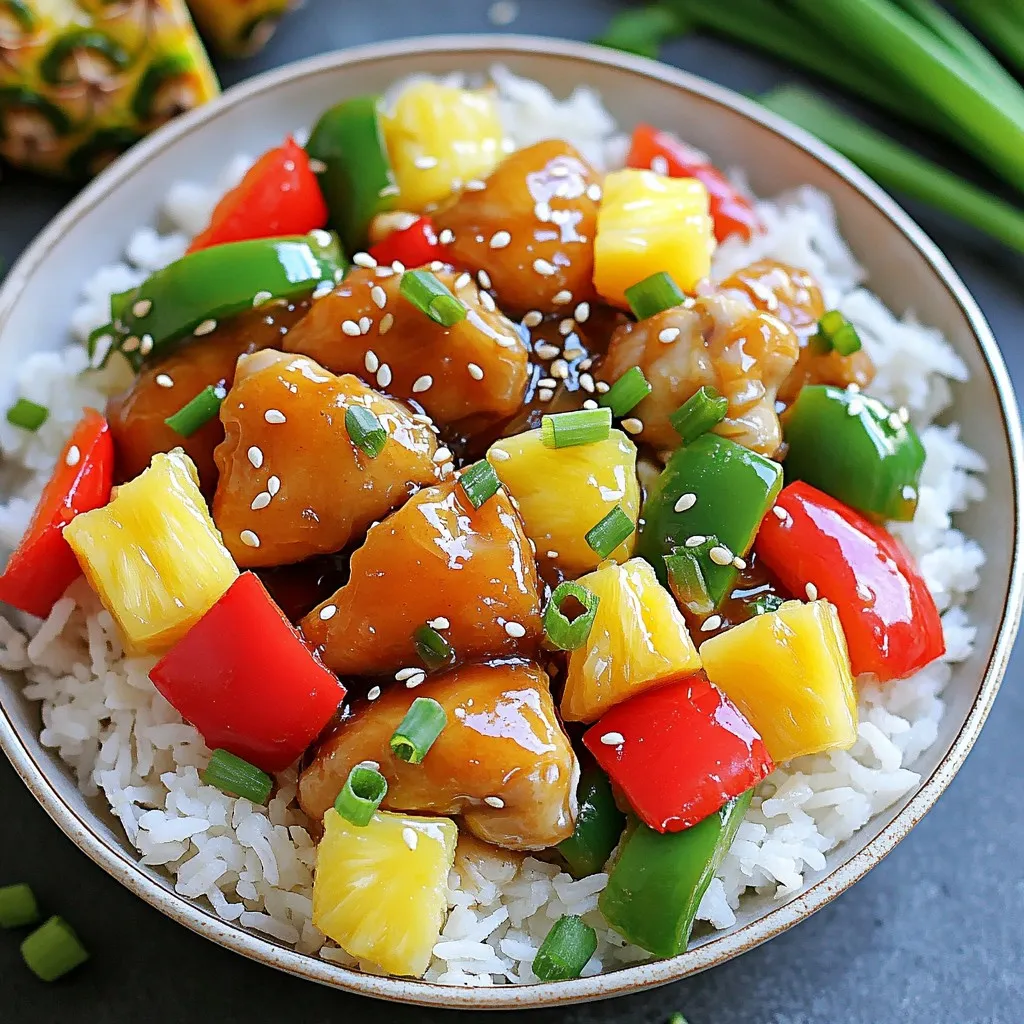 To make these sweet and sour chicken bowls, gather the following: - 1 lb boneless, skinless chicken thighs, cut into 1-inch pieces - 1 cup assorted bell peppers (red, green, yellow), thinly sliced - 1 cup pineapple chunks (fresh or canned, drained if using canned) - 1 medium onion, finely diced - 2 cloves garlic, minced - 1-inch piece of ginger, freshly grated - ¼ cup soy sauce (low-sodium recommended for a lighter option) - ¼ cup apple cider vinegar - ¼ cup honey (or maple syrup for a vegan twist) - 1 tablespoon cornstarch mixed with 1 tablespoon water (slurry) - 2 tablespoons sesame oil (divided) - 2 cups cooked jasmine rice (or rice of your choice) - Sesame seeds and sliced green onions for garnish You can switch some ingredients for what you have. Here are a few ideas: - Chicken thighs can be replaced with chicken breast or tofu for a vegetarian option. - If you do not have fresh ginger, use 1 teaspoon of ground ginger. - You can swap honey for maple syrup for a vegan dish. - For the rice, any grain like brown rice or quinoa works well too. Using fresh ingredients often gives the best taste and texture. Fresh pineapple brings a bright flavor. However, canned pineapple saves time and works well too. Just drain it well to avoid excess juice. Fresh bell peppers and onions add crunch. If you must use frozen veggies, they can work in a pinch, but they may soften more during cooking. Begin by gathering your ingredients. In a large mixing bowl, combine ¼ cup soy sauce, ¼ cup apple cider vinegar, and ¼ cup honey. Whisk these together until smooth. To thicken the sauce, add a cornstarch slurry made of 1 tablespoon cornstarch mixed with 1 tablespoon water. Mix it well and set it aside. This sauce brings the sweet and tangy flavor that makes the dish pop. Heat 1 tablespoon of sesame oil in a large skillet over medium-high heat. Once hot, add 1 pound of diced boneless, skinless chicken thighs. Cook the chicken for about 5 to 7 minutes. Stir occasionally until the chicken is brown and cooked through. This step ensures your chicken stays juicy and flavorful. Next, add 2 cloves of minced garlic and 1-inch piece of freshly grated ginger to the skillet. Sauté these for about 1 minute. This brings out their strong flavors. Then, toss in 1 medium finely diced onion and 1 cup of assorted bell peppers. Stir-fry this mix for another 3 to 4 minutes. The goal is to keep the veggies tender but crisp. Now, pour the prepared sweet and sour sauce into the skillet along with 1 cup of pineapple chunks. Stir everything well to coat the chicken and vegetables. Allow this mixture to simmer for about 4 to 5 minutes. This lets the sauce thicken and flavors meld together beautifully. To serve, place 2 cups of cooked jasmine rice on each plate. Spoon the sweet and sour chicken mixture over the rice. For a lovely finishing touch, sprinkle sesame seeds and add sliced green onions on top. This not only boosts flavor but makes the dish look vibrant and inviting. To boost the flavor of your sweet and sour chicken bowls, use fresh ingredients. Fresh herbs and spices add depth. Here are some tips: - Use fresh garlic and ginger: These give a bright and bold taste. - Try different vinegars: Rice vinegar can add a milder flavor. - Add chili flakes: For a spicy kick, sprinkle some chili flakes in the sauce. The texture of your chicken and veggies matters. You want a nice balance. Here’s how to get it right: - Crispy chicken: Pan-sear the chicken in hot oil. This gives it a nice crust. - Tender veggies: Stir-fry bell peppers and onions quickly. This keeps them crisp yet tender. - Sauce thickening: The cornstarch slurry helps the sauce cling to the chicken and veggies. Avoid these common pitfalls for the best results: - Overcooking the chicken: Cook just until browned. This keeps it juicy. - Using too much sauce: A little goes a long way. Too much makes it soggy. - Not letting the sauce simmer: Allow the sauce to thicken. This enhances the flavor. These tips will help you create sweet and sour chicken bowls that are better than takeout! {{image_4}} You can easily make this dish vegetarian or vegan. Replace chicken with tofu or tempeh. Press and cube the tofu, then sauté it in sesame oil until crispy. For a vegan sauce, use maple syrup instead of honey. This keeps the sweet flavor while making it plant-based. You’ll still enjoy that delicious balance of sweet and sour. If you want to switch up the protein, try shrimp or pork. For shrimp, use about 1 pound, and cook them until they turn pink. If using pork, go for tenderloin. Cut it into bite-sized pieces and cook until browned. Both options work well with the sweet and sour sauce. Feel free to mix up your veggies! Broccoli, snap peas, and carrots add great color and crunch. You can also use zucchini or mushrooms. Just make sure to keep the cooking time similar so everything stays tender-crisp. This allows you to customize the dish to your taste and the season. To keep your sweet and sour chicken bowls fresh, store them in airtight containers. This helps prevent moisture loss and keeps flavors intact. Allow the dish to cool to room temperature before sealing. Refrigerate within two hours of cooking. Your leftovers will last for about three to four days in the fridge. Always check for any signs of spoilage before enjoying them again. If you want to save some for later, freezing works great. Portion the sweet and sour chicken bowls into freezer-safe containers. Make sure to leave some space at the top, as liquids expand when frozen. You can freeze them for up to three months. Label each container with the date for easy tracking. When you’re ready to eat, thaw in the fridge overnight before reheating. Reheating your sweet and sour chicken bowls can be simple. Use the microwave for quick reheating. Place the bowl in a microwave-safe dish and cover it with a paper towel to keep moisture in. Heat in short intervals, stirring between each, until hot. If you prefer, you can also reheat on the stovetop. Just add a splash of water to a skillet and heat over low until warmed through. This keeps the chicken juicy and the veggies crisp. Yes, you can use any rice you like. Jasmine rice works well, but brown rice is a great choice for added nutrition. You can even try quinoa for a unique twist. Each type will offer a different flavor and texture to your bowl. To reduce sweetness, cut back on the honey or maple syrup. You can also add more soy sauce or vinegar to balance the flavors. Adding extra vegetables can help, too. This way, you keep the dish tasty without the extra sugar. Store leftovers in an airtight container. Keep them in the fridge for up to three days. When you're ready to eat, reheat in a skillet or microwave. Add a splash of water to keep it moist while reheating. A simple green salad or steamed broccoli works well. You can also serve it with spring rolls for a crunchy side. Fried rice is another fun option that complements the sweet and sour flavor. This blog post covered how to make delicious sweet and sour chicken bowls. We looked at ingredients, step-by-step cooking methods, and helpful tips. I shared fun variations and storage tips to keep your dish fresh. Remember, cooking is about making it your own. Feel free to adjust flavors and ingredients to fit your taste. With these easy steps, you can create a tasty meal that you’ll love to share. Now, go enjoy cooking and eating your own sweet and sour masterpiece!