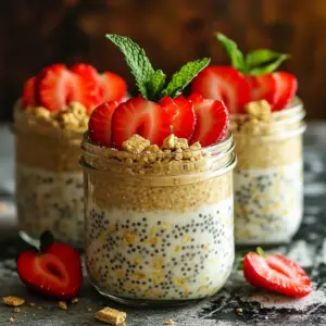 - 1 cup rolled oats - 1 ½ cups almond milk (or milk of your choice) - 1 tablespoon maple syrup (or honey) - ½ teaspoon vanilla extract - ½ cup Greek yogurt (plain or vanilla) - 2 tablespoons chia seeds - 1 cup strawberries, hulled and sliced - 1 tablespoon crushed graham crackers - Fresh mint leaves (optional) To make Strawberry Shortcake Overnight Oats, you need simple, fresh ingredients. The main ingredients are rolled oats, almond milk, and sweetener. I love using maple syrup for its rich flavor, but honey works great too. For flavor, vanilla extract adds warmth, while Greek yogurt makes it creamy. Chia seeds not only boost nutrition but also help thicken the mixture. Don’t forget the toppings! Fresh strawberries bring sweetness, and crushed graham crackers give that classic shortcake crunch. A sprig of mint is optional but adds a nice touch. Each ingredient plays a role in creating a delicious breakfast that feels special. - In a large bowl, combine these ingredients: - 1 cup rolled oats - 1 ½ cups almond milk (or any milk of your choice) - 1 tablespoon maple syrup (or honey for added sweetness) - ½ teaspoon vanilla extract - ½ cup Greek yogurt (choose plain or vanilla) - 2 tablespoons chia seeds Mix well with a whisk or spoon. Ensure everything blends smoothly. - Next, gently fold in half of the sliced strawberries. This adds a fresh, fruity taste. Set aside the other half of the strawberries for topping later. - Divide the oat mixture into two jars or airtight containers. Press down slightly with a spoon. This helps to pack it firmly. - Secure the jars with lids. Place them in the fridge for at least 4-6 hours or overnight. This soaking time softens the oats and brings out all the flavors. To get the best texture, soak your oats for at least 4-6 hours. This soaking time helps the oats absorb moisture. Soft oats taste great and are easy to eat. If you can, let them sit overnight. This way, they will be ready in the morning! When serving, use jars or bowls for a fun look. I love keeping it simple by serving in jars. You can also add fresh mint leaves for a lovely touch. Mint not only looks nice but also adds a nice flavor. This makes your dish more appealing and tasty. You can adjust the sweetness based on your taste. If you want it sweeter, add more maple syrup or honey. A little extra sweetness can make the oats even more delicious. Just taste as you go to find your perfect balance! {{image_4}} You can switch up the milk in this recipe to match your taste. Here are some great options: - Oat Milk: Creamy and mild, oat milk works well with oats. - Coconut Milk: Adds a tropical twist and a rich flavor. - Soy Milk: A good source of protein and has a nice texture. Each milk option gives a unique taste, so feel free to experiment! Adding other fruits can make your overnight oats more fun. Here are some fruits you can try: - Blueberries: Sweet and juicy, they add a pop of color. - Bananas: Creamy and sweet, bananas pair well with oats. - Peaches: Fresh or canned, they bring a summer vibe. Mixing in these fruits can create new flavors and keep things interesting. Want to make your oats crunchier? Add some nuts or seeds! Here are some tasty ideas: - Almonds: Sliced or chopped, they add a nice crunch. - Walnuts: Rich and hearty, walnuts boost flavor. - Pumpkin seeds: Packed with nutrients, they are a great option. These mix-ins not only add texture but also give your oats extra nutrition! To keep your strawberry shortcake overnight oats fresh, store leftovers in airtight containers. Consume them within 3 days for the best taste. This way, your oats will stay creamy and delicious. If you want to make your oats last longer, you can freeze them. To do this, prepare the oats as usual, but do not add the fresh strawberries or graham cracker topping yet. Pour the oat mixture into freezer-safe containers. Make sure to leave some space at the top for expansion. You can freeze oats for up to 3 months. When you are ready to enjoy your frozen oats, take them out of the freezer. Place the container in the fridge overnight to thaw slowly. If you need them faster, you can thaw them in the microwave. Heat them on low power until warmed. Once thawed, stir in fresh strawberries and the graham cracker topping. Enjoy your tasty treat! Yes, you can make overnight oats the day before. This lets the oats soak and soften. It is best to prepare them at night and enjoy them in the morning. Just mix all the ingredients in one bowl, and store them in jars. The longer they sit, the more flavors blend together. Aim for at least 4-6 hours in the fridge for the best results. Yes, meal prepping for the week is easy with overnight oats. You can double or triple the recipe to make several servings. Use multiple jars to store each serving. Just remember to add the fresh toppings like strawberries and graham crackers right before eating. This keeps them fresh and tasty throughout the week. Yes, you can use other sweeteners. Agave syrup is a great option and is less thick. Stevia offers a low-calorie choice if you want to cut back on sugar. You can also use honey for a natural touch. Just keep in mind that each sweetener has a different taste. Adjust the amount you use to match your flavor preference. This blog covered how to make tasty overnight oats. We talked about key ingredients like oats and almond milk, and shared helpful tips for perfect texture. You learned how to customize flavors with fruits and sweeteners. Don't forget to store your oats properly to keep them fresh. Trying these recipes can turn breakfast into a fun treat. Enjoy the process and make it your own! Happy cooking!