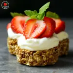 - 1 cup Greek yogurt (plain or vanilla) - 4 oz cream cheese, softened to room temperature - 2 tablespoons honey or maple syrup (to taste) - 1 teaspoon pure vanilla extract - 1 scoop vanilla protein powder - 1 cup fresh strawberries, hulled and sliced - 1 cup granola or crushed digestive biscuits (for the base) - Additional strawberries for topping - Fresh mint leaves for garnish (optional) This recipe shines with its simple yet tasty ingredients. You start with Greek yogurt for creaminess and protein. Cream cheese adds a rich, smooth flavor. Sweeteners like honey or maple syrup give the cheesecake its sweetness. The vanilla extract brightens up the taste. Adding a scoop of vanilla protein powder boosts the protein content. Fresh strawberries bring a burst of flavor and color. For the base, you can use granola or crushed digestive biscuits for crunch. Finally, we top it all off with more strawberries and mint leaves for a fresh finish. These ingredients come together to form a delightful treat. Each bite offers a creamy texture and fruity sweetness. Plus, they're easy to prepare, making them a great choice for anyone. 1. In a medium bowl, add 1 cup of Greek yogurt and 4 oz of softened cream cheese. 2. Use a hand mixer to beat them together. Aim for a smooth and creamy texture. 3. Next, add 2 tablespoons of honey or maple syrup. Include 1 teaspoon of pure vanilla extract and 1 scoop of vanilla protein powder. 4. Mix all the ingredients until they are fully combined and smooth. 1. Take your serving cups or small jars. Place about 2 tablespoons of granola or crushed biscuits at the bottom. 2. Spoon in a layer of the cheesecake mixture until each cup is halfway full. 3. Gently distribute half of the sliced strawberries over the cheesecake layer in each cup. 1. Add another layer of the cheesecake mixture to each cup. Fill them almost to the top. 2. Garnish each cup with the remaining sliced strawberries. You can arrange them nicely. 3. Optionally, sprinkle some granola on top for extra crunch. 4. For a fresh look, place a mint leaf on top of each cup. 5. Cover the cups and refrigerate for at least 2 hours. This allows the cheesecake to set properly before serving. To get a smooth texture, use room temperature ingredients. Cold cream cheese can cause lumps. Let it sit out for about 30 minutes before mixing. This small step makes a big difference. To avoid lumps in your mixture, mix the Greek yogurt and cream cheese slowly. Use a hand mixer and start at a low speed. Gradually increase the speed as the mixture becomes smooth. This keeps the mix airy and light. For a beautiful presentation, use clear cups or jars. This lets the layers show off their colors. Place the cups on a decorative platter. Add mint leaves around them for a pop of color. Pair these cups with other fruits, like blueberries or raspberries. They add more flavor and color. You could also top them with whipped cream for extra creaminess. One big mistake is overmixing the ingredients. Mixing too much can make the texture dense. Just mix until everything is smooth and well combined. Another common error is misjudging the refrigeration time. These cups need at least 2 hours to set. If you remove them too soon, they won’t hold their shape. Plan ahead to enjoy the best results. {{image_4}} You can switch up this recipe with fun flavors. Try making chocolate strawberry cheesecake cups. Just mix in cocoa powder with the cream cheese and yogurt. This adds a rich chocolate taste. You can also layer in some chocolate chips for extra sweetness. Another option is to create citrus-infused cheesecake cups. Replace the strawberries with orange or lemon zest. This gives a fresh, zesty flavor. You can also add a splash of citrus juice to the cheesecake mix. Both variations keep the creamy texture while adding a new twist. If you need gluten-free options, swap the base with gluten-free granola. Look for brands that do not contain wheat. You can also use crushed gluten-free cookies if you prefer. For those who want dairy-free alternatives, use coconut cream instead of cream cheese. You can use dairy-free yogurt in place of Greek yogurt. Look for plant-based protein powders to complete your filling. These changes keep the taste delicious while meeting dietary needs. Scaling this recipe is easy. If you have a larger gathering, simply double the ingredients. You can keep the same steps to make more cups. This way, everyone gets a taste of this treat. For a fun twist, make mini versions. Use small cups or shot glasses. Fill them with the same layers, but use less of each ingredient. These bite-sized treats are perfect for parties or snacks. They make serving easy and fun! To keep your strawberry cheesecake protein cups fresh, use airtight containers. Glass jars or plastic containers work well. These containers help prevent air from getting in and drying out the cups. Store the cups in the fridge. They will stay good for up to three days. After that, the texture may change, and they might not taste as fresh. You can freeze these cups if you want to save some for later. However, freezing works best for the uncooked version. The cream cheese and yogurt mixture can change texture when thawed. To freeze, place the cups in a freezer-safe container. Make sure to leave some space at the top. This helps prevent the cups from cracking as they expand when frozen. When you’re ready to eat, take them out of the freezer. Thaw the cups in the fridge overnight. You can also let them sit at room temperature for a couple of hours. Once thawed, they are ready to enjoy again. Yes, you can use other yogurts. Try plain yogurt or dairy-free options. Coconut yogurt works well for a tropical twist. You can also use regular yogurt, but Greek yogurt gives a thicker texture. The choice affects the taste and texture slightly. These cheesecake cups last about 3 to 5 days in the fridge. Store them in airtight containers to keep them fresh. If you notice any changes in smell or texture, it's best to toss them. Absolutely! You can use blueberries, raspberries, or peaches instead of strawberries. Mix and match for a fun flavor. Each fruit adds its own sweetness and color. Experiment with your favorites to find the perfect combo. If you lack protein powder, use extra yogurt or cream cheese. You can also try nut butter for added protein. For a vegan option, consider using ground flaxseed or chia seeds. They add nutrition without changing the flavor much. You now have a complete guide to making delicious cheesecake cups. By using simple ingredients like Greek yogurt and fresh strawberries, you can create a tasty treat. Remember to mix your ingredients well and avoid overmixing. Experiment with flavors and toppings to make it your own. These cheesecake cups are easy to store and can last for days in your fridge. Enjoy this fun dessert with family or friends. Try different fruits and variations for endless delight!