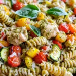 - 2 boneless, skinless chicken breasts, diced into bite-sized pieces - 2 cups pasta (fusilli or penne) - 1 cup cherry tomatoes, halved - 1 medium zucchini, sliced into half-moons - 1 bell pepper (choose red or yellow), chopped into chunks - 3 tablespoons extra virgin olive oil - 1 teaspoon Italian seasoning - Salt and freshly ground black pepper to taste - 1 cup heavy cream - ½ cup pesto (store-bought or homemade) - Grated Parmesan cheese, for serving - Fresh basil leaves, for garnish This dish shines with its fresh ingredients. I love using chicken for protein. It cooks quickly and stays juicy. For pasta, I prefer fusilli or penne. These shapes hold sauce well. The veggies add color and taste. Cherry tomatoes bring sweetness. Zucchini adds a nice crunch. Bell peppers give a pop of flavor. Olive oil and Italian seasoning enhance the dish. They add a rich, savory taste. Heavy cream makes the sauce rich and smooth. Pesto brings in that fresh herb flavor. Don't skip the cheese! Grated Parmesan on top makes everything better. Fresh basil leaves are the perfect touch. They add color and freshness. Enjoy crafting this dish with these vibrant ingredients! Start by preheating your oven to 425°F (220°C). This step warms up the oven, which helps cook the veggies just right. For the roasting, take a large baking tray and mix halved cherry tomatoes, sliced zucchini, and chopped bell pepper. Drizzle 2 tablespoons of olive oil over the mix. Add Italian seasoning, salt, and pepper. Toss everything well so each piece gets coated. Spread the veggies in a single layer and roast them for 20-25 minutes. You want them tender and lightly charred for sweet flavor. While the vegetables roast, take a big pot and fill it with water. Add a generous pinch of salt and bring it to a boil. Once boiling, toss in 2 cups of pasta. Cook according to the package instructions for about 8-10 minutes. Check for a firm bite, called al dente. When the pasta is done, save ½ cup of pasta water for the sauce, then drain the rest and set it aside. Next, grab a large skillet and heat it over medium heat. Add the last tablespoon of olive oil. Once hot, add 2 diced chicken breasts. Season with salt and pepper. Sear the chicken for about 6-8 minutes. Stir it often until it turns golden brown and is no longer pink inside. Now it's time to make the sauce. Lower the heat to low and pour 1 cup of heavy cream and ½ cup of pesto into the skillet with the chicken. Stir it well until smooth. Let it simmer gently for 3-4 minutes. If the sauce seems thick, add some of that reserved pasta water. Stir until you reach your desired sauce thickness. Add the drained pasta and the roasted veggies into the skillet with the creamy sauce. Gently toss everything together with tongs or a large spoon. Ensure each bite is covered in sauce. Heat everything together for another 2 minutes to warm through. When it's time to serve, plate your creamy pesto chicken and roasted veggie pasta in bowls. For a finishing touch, sprinkle on grated Parmesan cheese and add fresh basil leaves as a garnish. This not only looks great but adds extra flavor too! - Choosing the right vegetables: Pick vegetables that roast well. Cherry tomatoes, zucchini, and bell peppers are great choices. They add color and flavor. - Roasting tips for better flavor: Cut your veggies into similar sizes. This helps them roast evenly. Drizzle with olive oil and sprinkle with Italian seasoning. Toss them well to coat. Roast at 425°F for 20-25 minutes. This brings out their sweet taste. - Adjusting creaminess: Start with heavy cream for a rich base. If you want it lighter, use half-and-half. You can also add a bit of pasta water for a silkier texture. - Substituting ingredients: If you don’t have pesto, use basil or spinach. Blend it with olive oil and nuts. This gives a fresh taste without losing creaminess. - Ensuring chicken is cooked through: Dice your chicken into small pieces. This helps it cook faster and more evenly. Cook until there’s no pink in the center. Aim for an internal temp of 165°F. - Preventing dryness: Avoid overcooking the chicken. Stir it regularly in the skillet. This keeps it juicy and tender. Adding the cream and pesto right away helps lock in moisture. {{image_4}} - Gluten-free options: You can use gluten-free pasta made from rice or corn. This way, everyone can enjoy the dish without worry. - Dairy-free alternatives: Swap heavy cream for coconut cream or cashew cream. Use dairy-free cheese for topping if you like. - Adding herbs and spices: Fresh herbs like thyme or rosemary can boost flavor. A pinch of red pepper flakes adds a nice kick. - Featuring different sauces: Try swapping pesto for a sun-dried tomato or olive tapenade. Each sauce gives a new twist to the dish. - Using different proteins: Chicken is great, but shrimp or tofu work well too. Both options add unique flavors and textures. - Vegetable alternatives: Feel free to swap in broccoli, asparagus, or spinach. Each veggie brings its own taste and nutrition to the meal. - Store leftovers in an airtight container. - Make sure the pasta cools before sealing. - Enjoy leftovers within 3 to 4 days for best taste. - To freeze, place cooled pasta in freezer-safe bags. - Remove as much air as you can before sealing. - For best results, consume within 2 to 3 months. - Thaw overnight in the fridge before reheating. - Reheat in a skillet over low heat for even warming. - Expiration depends on how you store it. - In the fridge, watch for signs of spoilage. - Look for bad smells, color changes, or mold. - If you spot any of these, it’s best to toss it. To make creamy pesto, you'll need a few simple ingredients. Gather these: - 1 cup fresh basil leaves - ½ cup grated Parmesan cheese - ½ cup extra virgin olive oil - 2 cloves garlic - ¼ cup pine nuts or walnuts - Salt to taste Start by blending the basil, cheese, nuts, and garlic in a food processor. Slowly add olive oil while blending until smooth. Adjust salt to your taste. For a creamy touch, stir in heavy cream after blending. Yes, you can use various types of pasta. I recommend: - Fusilli - Penne - Farfalle Each type offers a different shape and texture. Choose one that you enjoy. Just remember to cook it al dente for the best bite. This dish pairs well with several side options. Consider serving: - A fresh green salad - Garlic bread - Steamed broccoli These sides complement the rich flavors and add balance to your meal. Absolutely! Meal prep for this recipe is easy. You can: - Cook the chicken and veggies ahead of time. - Store them in airtight containers in the fridge. When ready to serve, just reheat everything and toss it with the pasta and sauce. This makes for a quick meal on busy days. Here's a general breakdown of the nutrition: - Calories: About 600 per serving - Protein: 30g - Carbohydrates: 50g - Fat: 30g These values can vary based on your ingredient choices. Always check labels for precise numbers. This blog post covered a delicious creamy pesto chicken and roasted veggie pasta dish. We explored key ingredients like chicken, pasta, and fresh vegetables. I shared easy steps for roasting, searing, and mixing everything to perfection. You can also adapt recipes for your diet or swap ingredients for more flavor. In final thoughts, this dish is simple, flavorful, and perfect for any meal. Enjoy cooking and make it your own!