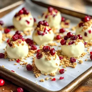 - 1 cup white chocolate chips - 1/2 cup cream cheese, softened - 1/2 cup dried cranberries, finely chopped - 1/4 cup powdered sugar - 1/2 cup graham cracker crumbs - A pinch of sea salt - 1/2 teaspoon vanilla extract - Extra dried cranberries - Decorative toppings When making these delightful no-bake cranberry white chocolate truffles, start with the main ingredients. The white chocolate chips bring a sweet creaminess, while softened cream cheese adds a rich texture. Finely chopped dried cranberries give a tart flavor that balances the sweetness. Next, gather the additional ingredients. Powdered sugar sweetens the mixture, making it perfect. Graham cracker crumbs serve as a fun coating. A pinch of sea salt enhances the flavors, while vanilla extract adds a warm aroma. For garnishing, think about adding extra dried cranberries on top. They look pretty and add flavor. You can also include decorative toppings like chocolate sprinkles or nuts for extra crunch. Each ingredient plays a role in making these truffles a tasty treat. They are simple to make, and everyone will love them! To melt white chocolate, use a microwave-safe bowl. Add your white chocolate chips. Heat them in the microwave for 30 seconds. After that, take the bowl out and stir. Repeat heating for 30 seconds until smooth. Make sure to stir each time. This helps avoid scorched chocolate. If the chocolate gets too hot, it may seize. Stirring helps keep the heat even. Next, gather your softened cream cheese. Place it in a separate mixing bowl. Add the finely chopped dried cranberries, powdered sugar, vanilla extract, and a pinch of sea salt. Use an electric mixer or a whisk. Blend everything together until it gets smooth and creamy. You want to avoid lumps for a nice texture. Now, it’s time to combine the mixtures. Gradually add the melted white chocolate to the cream cheese mix. Use a spatula to gently fold it in. Mix until everything is smooth and uniform. Once combined, cover the bowl tightly with plastic wrap. Place it in the refrigerator. Let it chill for about 30 minutes. This helps the mixture firm up, making it easy to scoop later. To make perfect truffles, focus on uniform size when rolling. Use a tablespoon or small cookie scoop to portion the mixture. This helps ensure every truffle is the same size. It also makes them look great on a plate. To make the truffles smooth, avoid rushing the mixing process. Fold the melted white chocolate into the cream cheese mixture slowly. This gentle mixing keeps the texture creamy and prevents lumps. Get creative when serving your truffles. Arrange them in a festive box with colorful tissue paper. You can also place them on a decorative plate. Drizzling extra melted white chocolate on top adds a nice touch. For gifts, consider using small jars or clear bags. Tie them with a pretty ribbon. This makes your truffles look elegant and inviting. If your truffles are too sticky, chilling them longer can help. Place them in the fridge for a bit more time. This will firm them up for easier rolling. To adjust flavors, taste the mixture before forming the truffles. You can add more vanilla or a pinch of salt if needed. This allows you to customize the taste to your liking. {{image_4}} You can make your truffles even more exciting. Try adding nuts or extracts for extra flavor. Chopped nuts like almonds or pecans add crunch. You can mix in almond or hazelnut extract for a nutty twist. For a fruity touch, use different dried fruits. Chopped apricots or cherries can work well. They add a nice contrast to the sweet white chocolate. Coatings can change the look and taste of your truffles. Instead of graham cracker crumbs, use shredded coconut for a tropical vibe. Chocolate sprinkles make them festive and fun. You can also roll them in crushed nuts for added texture. For a holiday look, try using colored sugar or edible glitter. These coatings make your truffles stand out at any party. You can easily adapt these truffles for different diets. To make them dairy-free, use dairy-free chocolate and vegan cream cheese. They will still taste great without the dairy. If you need gluten-free options, use gluten-free graham crackers for the coating. These changes keep the flavor while meeting dietary needs. Enjoy the flexibility of this recipe! To keep your no-bake cranberry white chocolate truffles fresh, store them in the fridge. Place them in an airtight container to prevent them from drying out. This method helps the truffles stay soft and tasty. You can store the truffles in the fridge for about one week. If you want them to last longer, freezing is a good option. If you want to freeze your truffles, follow these steps. First, place the truffles on a baking sheet in a single layer. Freeze them for about an hour until they are firm. Then, transfer them to a freezer-safe container. Make sure to separate layers with parchment paper. To thaw the truffles, take them out of the freezer and let them sit at room temperature. This method keeps their soft texture intact. Avoid using the microwave to thaw them, as this can change their texture. Enjoy your truffles later! You can tell the truffles are set when they feel firm to the touch. After chilling, they should hold their shape well. You can also gently press a truffle to see if it bounces back. If it does, your truffles are ready! Yes, you can use milk or dark chocolate instead of white chocolate. Each type brings a unique flavor. Milk chocolate adds a creamier taste, while dark chocolate gives a richer, bolder flavor. Adjust sugar in your recipe if needed. If you don’t have graham crackers, try crushed cookies or nuts instead. You can use vanilla wafers or digestive biscuits for a sweet touch. For a nutty option, crushed almonds or pecans work well. Just keep the texture in mind! This post covered how to make delicious truffles with simple ingredients. You learned about key ingredients like white chocolate, cream cheese, and cranberries. We explored step-by-step methods for melting chocolate and mixing it up right. Tips for perfecting your truffles and creative variations were also shared. Now, you can impress friends or create tasty treats for yourself. Enjoy your new skills in the kitchen!