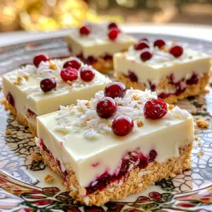 - 1 ½ cups graham cracker crumbs - ½ cup unsweetened shredded coconut - 1 cup dried cranberries, roughly chopped - 1 cup white chocolate chips, melted - ½ cup cream cheese, softened at room temperature - ¼ cup honey or maple syrup - 1 teaspoon pure vanilla extract - Pinch of salt The main ingredients create a tasty base. The graham cracker crumbs give a nice crunch. Shredded coconut adds flavor and texture. Dried cranberries bring sweetness and a pop of color. Melted white chocolate binds everything together and gives a rich taste. Cream cheese adds creaminess, while honey or maple syrup adds natural sweetness. A dash of salt enhances all the flavors. - Extra white chocolate chips - Chopped cranberries - Additional shredded coconut Garnishes can make your bars look beautiful. Extra white chocolate chips add sweetness on top. Chopped cranberries provide more color and a fresh bite. More shredded coconut gives a fun, tropical touch. You can mix and match these toppings to make your bars unique. In a large bowl, combine graham cracker crumbs and shredded coconut. Stir well until they blend together evenly. This mix gives a great base for the bars. In another bowl, whisk melted white chocolate, softened cream cheese, honey, vanilla, and a pinch of salt. Keep whisking until the mixture is smooth and creamy. This part adds richness to your bars. Next, pour the creamy mixture over the dry ingredients. Use a spatula to fold everything together gently. Press this mixture firmly into a prepared baking dish. Make sure it is even and compact for the best texture. Melt a few more white chocolate chips in a microwave or on the stove. Drizzle this melted chocolate over the pressed mixture in a fun pattern. This will make your bars even more delicious and pretty. Now, sprinkle extra chopped cranberries over the melted chocolate. This adds lovely color and a burst of flavor. It makes the bars more festive too! Refrigerate the dish for at least 2 hours until the bars are firm. Once set, lift them out using the parchment paper. Cut into squares for serving. Enjoy these sweet treats! - You can use agave syrup or regular sugar instead of honey. - For a dairy-free treat, swap cream cheese with vegan cream cheese. - Make sure your cream cheese is at room temperature for easy mixing. - Press the mixture firmly into the dish to create a denser bar. - Serve your bars on a decorative platter to impress guests. - Garnish with fresh cranberries and a sprinkle of shredded coconut for color. {{image_4}} You can take these bars to a new level by dipping them in melted white chocolate. Simply melt some white chocolate, then dip each bar until it's coated. Place them on parchment paper to set. This adds a rich layer of flavor and a glossy finish. For a nice crunch, add chopped nuts like almonds or pecans. Just mix in about half a cup of your chosen nuts with the dry ingredients. This gives your bars a delightful texture and flavor. Want to switch things up? Try adding a bit of orange zest or a few drops of almond extract. Just a teaspoon of either will brighten the taste. These small changes can create a whole new treat that surprises your taste buds. To keep your No-Bake White Chocolate Cranberry Bliss Bars fresh, store them in an airtight container. This will help keep moisture out and maintain their texture. Place the container in the refrigerator. The cool temperature will keep the bars firm and tasty. If you want to keep these bars longer, you can freeze them. Cut the bars into squares before freezing. Wrap each square in plastic wrap. Then, place them in a freezer bag. This way, they won’t stick together. To defrost, just take out the desired amount and let them sit at room temperature for about 30 minutes. When stored in the fridge, these bliss bars will stay fresh for up to one week. If you freeze them, they can last up to three months. Always check for any changes in texture or smell before enjoying. This ensures you have the best taste experience. Yes, you can prepare these bars a day or two in advance. This makes them great for parties or gatherings. Just keep them in the fridge until you are ready to serve. They last up to one week when stored properly. Make sure to keep them in an airtight container. This helps maintain their flavor and texture. Yes, you can use dried cherries or raisins as alternatives. Both will add sweetness and a nice chew. Feel free to mix and match to find your favorite! You can use gluten-free graham cracker crumbs for a gluten-free option. This way, everyone can enjoy these tasty treats without worry. Yes, they are a fun, sweet treat that kids will enjoy! The creamy white chocolate and chewy cranberries make them a hit. Plus, they’re easy for kids to help make! These No-Bake Bliss Bars are easy to make and tasty. You learned about the key ingredients, basic steps, and fun variations. The tips help you create the best texture and presentation. Plus, storing and serving options ensure these bars stay fresh. Whether you use cranberries or nuts, these treats will surely delight you and your loved ones. Enjoy making and sharing these simple, sweet bars that everyone will love!