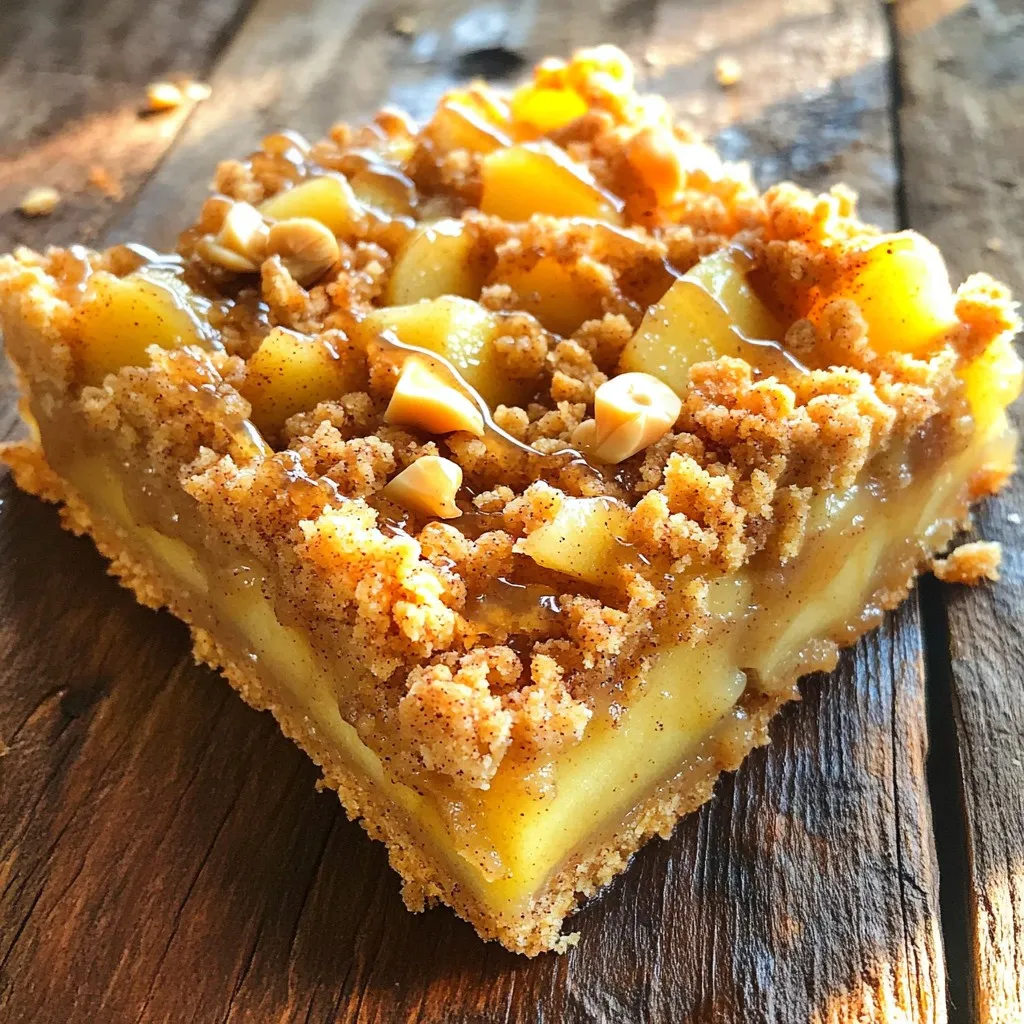 - 3 ripe pears, peeled and diced - 1 teaspoon ground cinnamon - 1/2 teaspoon ground nutmeg - 1/4 teaspoon ground ginger - 1 tablespoon fresh lemon juice - 1 cup rolled oats - 1 cup all-purpose flour - 1/2 cup packed brown sugar - 1/4 cup granulated sugar - 1/2 teaspoon baking powder - 1/2 cup unsalted butter, melted - A pinch of salt - 1/2 cup chopped walnuts (optional) These ingredients fit well for a tasty treat. You can swap pears for apples or peaches. Use coconut oil in place of butter for a dairy-free option. If you want gluten-free bars, try almond flour instead of all-purpose flour. Adjust the sugar to fit your taste. Less sugar makes it less sweet, and more sugar makes it sweeter. Pears bring fiber and vitamins C and K, helping with digestion. Cinnamon adds flavor and may lower blood sugar. Nutmeg and ginger can help with tummy aches and promote good health. Oats provide energy and keep you full. Walnuts are great for heart health and give a nice crunch. This mix is not just tasty; it's also good for you! Start by peeling and dicing 3 ripe pears. Use a sharp knife for easy cutting. Place the diced pears in a medium bowl. Add 1 teaspoon of ground cinnamon, 1/2 teaspoon of ground nutmeg, and 1/4 teaspoon of ground ginger. Then, drizzle in 1 tablespoon of fresh lemon juice. Toss the pears gently until they are well coated. This step brings out the flavors and makes the pears taste amazing. In a large bowl, combine 1 cup of rolled oats, 1 cup of all-purpose flour, and 1/2 cup of packed brown sugar. Add 1/4 cup of granulated sugar, 1/2 teaspoon of baking powder, and a pinch of salt. Mix these dry ingredients well. Next, pour in 1/2 cup of melted unsalted butter. Stir until the mixture looks crumbly. If you like, fold in 1/2 cup of chopped walnuts for a tasty crunch. Take about 1 cup of the crumble mixture and set it aside. Press the remaining mixture firmly into the bottom of an 8x8 inch baking pan lined with parchment paper. Make sure it is even and compact. Now, evenly spread the spiced pear mixture over the pressed crumble layer. Distribute the pears nicely so every bite is full of flavor. Finally, sprinkle the reserved crumble mixture on top of the pears, covering them well. Preheat your oven to 350°F (175°C). Bake the bars for 35-40 minutes. Look for a golden brown topping and bubbly pears around the edges. Once baked, take the pan out of the oven. Let it cool for at least 30 minutes. Use the parchment overhang to lift the bars out. Transfer them to a wire rack to cool completely. After cooling, slice the bars into squares or rectangles. Enjoy the warm, spiced goodness! To get the right texture for your Spiced Pear Crumble Bars, focus on your crumble mix. Make sure the butter is melted but not hot. Mix it gently with the dry ingredients to avoid overworking the dough. You want a crumbly feel, not a paste. If you like crunch, add walnuts to the mixture. They're not just tasty; they add a nice bite. If you have leftovers, store them in an airtight container. They will stay fresh for about three days at room temperature. If you want to keep them longer, freeze them. Wrap each bar in plastic wrap and put them in a freezer bag. They can last up to three months in the freezer. Just thaw them in the fridge when you're ready to enjoy again. These bars are great warm or cold. Serve them with a scoop of vanilla ice cream for a tasty treat. You can also drizzle honey or maple syrup on top for extra sweetness. For a fun twist, pair the bars with a dollop of whipped cream. They make a lovely dessert or snack for any occasion. {{image_4}} You can switch out pears for other fruits. Apples, peaches, or berries work well. Each fruit brings its own taste. For example, apples add a crisp bite. Berries give a juicy burst. Just remember to adjust the spices to match the fruit’s flavor. For apples, add more cinnamon. For berries, a hint of lemon zest brightens the taste. If you need gluten-free bars, swap the all-purpose flour. Use almond flour or gluten-free flour blend. For a vegan option, replace the butter with coconut oil or vegan butter. Use maple syrup instead of granulated sugar for sweetness. These changes keep the bars tasty while meeting dietary needs. You can play with spices to enhance flavors. Try adding cardamom or allspice for warmth. A splash of vanilla extract can deepen the taste. For a nutty crunch, add sliced almonds or pecans. Experimenting with flavors turns the bars into your own creation. Always taste as you go to find your favorite mix! After you bake your spiced pear crumble bars, let them cool. Place them in an airtight container. Store them at room temperature for up to three days. If you want to keep them longer, the fridge is a good option. Just make sure they are covered well to keep them fresh. To freeze the bars, first, let them cool completely. Cut them into squares. Wrap each square in plastic wrap. Then, place the wrapped bars in a freezer bag. They can last up to three months in the freezer. When you are ready to eat them, just thaw them in the fridge overnight. To reheat your bars, preheat the oven to 350°F (175°C). Place the bars on a baking sheet. Heat them for about 10 minutes, or until warm. If you prefer, you can use the microwave. Just heat them for 15-20 seconds. Enjoy the warm, spiced goodness again! To make your crumble bars crunchier, add more oats. You can also mix in some chopped nuts. Walnuts or almonds work great. Bake them a bit longer, keeping an eye on the color. A golden brown topping means a crunchier texture. Yes, you can make these bars ahead of time. Bake them and let them cool completely. Then, store them in an airtight container. They stay fresh for about three days at room temperature. You can also freeze them for up to three months. Just thaw them in the fridge when ready to enjoy. You can mix in other spices like cardamom or allspice. A hint of clove can add warmth, too. Just be careful not to add too much. A little goes a long way. Experiment to find your favorite spice blend! The bars are done when the topping is golden brown. Look for bubbling around the edges as well. If your kitchen smells amazing, that’s a good sign! Let them cool before cutting. This helps set the bars for easier slicing. To wrap up, making Spiced Pear Crumble Bars is fun and easy. We covered ingredients, from preparing pears to baking tips. You can add your favorite fruits or go gluten-free if you like. Remember to store leftovers properly for future treats. With the right techniques and flavors, your bars will impress everyone. Enjoy creating this tasty dessert and make it your own!