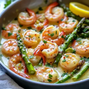 - 1 lb large shrimp, peeled and deveined - 1 bunch of asparagus, trimmed and cut into 2-inch pieces - 4 tablespoons unsalted butter - 3 cloves garlic, minced These main ingredients form the heart of the dish. The shrimp adds protein and sweetness, while asparagus brings crunch and color. Butter gives richness, and garlic adds that wonderful aroma. - 1 teaspoon red pepper flakes - Juice of 1 lemon (about 2 tablespoons) - Salt and pepper to taste Adding red pepper flakes gives the dish a nice kick. Lemon juice brightens the flavors. Salt and pepper are key to elevating the taste of the shrimp and asparagus. - 2 tablespoons fresh parsley, chopped Fresh parsley not only adds color but also a hint of freshness. It makes the dish look elegant and inviting. With these ingredients, you create a simple yet flavorful meal in no time. The balance of flavors and textures makes Garlic Butter Shrimp and Asparagus Skillet a true delight. First, grab a large skillet and set it on medium heat. Add 2 tablespoons of unsalted butter. Watch as it melts and becomes foamy. This step adds flavor and richness to our dish. Next, toss in 3 cloves of minced garlic and 1 teaspoon of red pepper flakes. Stir this mix for about a minute. You want the garlic to smell amazing but not brown. Time to add the star of the dish: 1 pound of peeled and deveined shrimp. Season them well with salt and pepper. This helps bring out their natural taste. Cook the shrimp for about 2-3 minutes on each side. You’ll know they’re done when they turn pink and opaque. Once cooked, remove them from the skillet and set them aside. Now, it’s time for the asparagus. In the same skillet, add the other 2 tablespoons of butter. Let it melt, then add the trimmed asparagus cut into 2-inch pieces. Sauté the asparagus for 5-7 minutes. Stir often until they are bright green and still a bit crisp. After the asparagus cooks, return the shrimp to the skillet. Squeeze the juice of 1 lemon over the mixture. This adds a fresh zing. Toss everything together gently, allowing the flavors to blend. Cook for another 2 minutes to heat it all through. Remove from heat, and sprinkle with chopped fresh parsley for a nice touch. Enjoy your Garlic Butter Shrimp & Asparagus! To achieve the perfect sauté, start with a hot skillet. Heat the skillet over medium heat. Add two tablespoons of unsalted butter and let it melt. Once it foams, add minced garlic and red pepper flakes. Stir them for one minute until fragrant. This step adds depth to your dish. For juicy shrimp, choose large, fresh shrimp. Peel and devein them before cooking. Season them well with salt and pepper. Cook them for just 2-3 minutes on each side. When they turn pink and opaque, they'll be perfectly tender. For side dishes, serve Garlic Butter Shrimp with rice or crusty bread. Both soak up the tasty sauce. A fresh salad or roasted potatoes also pairs well. When presenting, use a large platter. Arrange the shrimp and asparagus nicely. Garnish with lemon wedges and fresh parsley. This adds color and makes it more inviting. To modify spice levels, adjust the red pepper flakes. Use less for a milder dish. You can also add a pinch more for extra heat. For alternative seasonings, consider using paprika or lemon zest. Both add unique flavors. Fresh herbs like thyme or basil can enhance your dish further. Experiment to find the mix you love! {{image_4}} You can switch the shrimp for other proteins. Chicken works great, too. Just cut it into bite-sized pieces. Tofu is another option for a plant-based dish. It absorbs flavors well. You can also add different vegetables. Bell peppers add color and crunch. Broccoli is another tasty choice. It cooks nicely and pairs well with the sauce. Feel free to mix and match to suit your taste. This dish can easily fit gluten-free diets. Use gluten-free soy sauce for added flavor. It keeps the dish tasty without the gluten. For a paleo-friendly option, skip the butter. Use olive oil instead. It gives a nice flavor and keeps it healthy. This way, you can still enjoy a flavorful meal. Adding herbs can give depth to your dish. Fresh basil or thyme works well. They add bright notes to the garlic butter. You can also play with sauce flavors. Adding a splash of white wine can make it richer. It brings a nice acidity that balances the dish. Just remember to adjust the cooking time slightly to let the alcohol cook off. To keep your Garlic Butter Shrimp and Asparagus fresh, use airtight containers. Glass or plastic containers work well. Make sure they seal tightly to avoid air. This dish lasts about 3 days in the fridge. When you want to enjoy leftovers, the best way is to use a skillet. Heat it on low, then add the shrimp and asparagus. Stir gently to warm them up. This keeps the texture nice. You can also use a microwave. Heat in short bursts to avoid overcooking. You can freeze Garlic Butter Shrimp and Asparagus. Place it in a freezer-safe container. Make sure to remove as much air as possible. It will last about 2 months in the freezer. To thaw, move it to the fridge overnight. You can also use cold water for faster thawing. Once thawed, reheat in a skillet for the best taste. How long does it take to cook garlic butter shrimp? Cooking garlic butter shrimp takes about 10 minutes. You will sauté the shrimp for 2-3 minutes on each side. They will turn pink and opaque when done. This quick cooking method keeps them tender. Can I use frozen shrimp for this recipe? Yes, you can use frozen shrimp. Just thaw them first. Place them in cold water for about 15 minutes. Pat them dry before cooking to avoid excess water in the skillet. What can I use instead of asparagus? If you don’t have asparagus, try green beans or broccoli. Both will give you a nice crunch and flavor. You can also use zucchini, but cook it for less time. Is there a dairy-free version of this recipe? Absolutely! To make this dish dairy-free, use olive oil instead of butter. You can also use vegan butter for a similar taste. It will still be tasty! How many calories are in Garlic Butter Shrimp & Asparagus? This dish has about 300 calories per serving. This number may change based on the butter and shrimp size you use. It's a healthy meal packed with protein and veggies. Is this recipe low-carb? Yes, this recipe is low-carb! It has no added sugars or high-carb ingredients. The shrimp and asparagus keep it light and nutritious. Perfect for low-carb diets! This blog post explored making Garlic Butter Shrimp with Asparagus. We covered the key ingredients like shrimp and asparagus, along with the right seasonings. You learned step-by-step instructions for cooking and tips to make it even better. Variations allow you to customize the dish based on your needs. Proper storage info helps keep your leftovers fresh. Remember, cooking can be fun and creative. Don’t hesitate to experiment with flavors! Enjoy your next meal with this easy and tasty dish.
