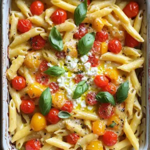 To make this tasty feta pasta bake, gather these items: - 200g pasta (penne or fusilli are great) - 200g feta cheese, at room temperature - 1 cup cherry tomatoes, halved - 1 red bell pepper, diced - 1 medium onion, finely chopped - 4 cloves garlic, minced - 1 teaspoon dried oregano - 1 teaspoon chili flakes (optional) - 2 tablespoons extra virgin olive oil - Salt and freshly cracked pepper, to taste - Fresh basil leaves, for garnish - Grated Parmesan cheese, for topping (optional) I love using penne or fusilli for this dish. Both shapes hold sauce well. Penne has ridges that grab flavor. Fusilli twists add fun to the plate. You can use any pasta you like, but these work best. For extra flavor, try these toppings: - Grated Parmesan cheese enhances richness. - Fresh basil leaves add bright flavor. - A drizzle of olive oil gives a nice finish. Feel free to mix and match. Get creative with your toppings! First, set your oven to 200°C (392°F). Preheating helps the veggies blister and the feta melt. This step is key for great flavor. Grab a large, oven-safe dish. Add 1 cup of halved cherry tomatoes, 1 diced red bell pepper, and 1 finely chopped onion. Toss in 4 minced garlic cloves, 2 tablespoons of olive oil, and 1 teaspoon of dried oregano. If you like heat, add chili flakes too. Season with salt and pepper. Mix until everything is coated nicely. Place the dish in the oven for 25 to 30 minutes. Watch for the tomatoes to blister and the feta to soften. You want it bubbling and inviting. While the veggies bake, boil salted water in a pot. Cook 200g of pasta, like penne or fusilli, until al dente. Drain the pasta and set it aside. After baking, take the dish out of the oven. Use a fork to mash the melted feta into the veggies. This creates a creamy sauce that binds everything together. Add the drained pasta to the baking dish. Mix it well with the creamy sauce. If you want, sprinkle grated Parmesan cheese on top. Bake for another 5 to 10 minutes until the cheese melts and gets a bit golden. Once done, let it cool a moment. Garnish with fresh basil before serving. Enjoy your delicious meal! To get a smooth and creamy sauce, use a fork to mash the feta cheese. This helps blend it with the cooked vegetables. Make sure to bake the feta until it softens well. The warmth from the pasta and veggies helps create a rich texture. If you want even more creaminess, stir in a splash of pasta water after combining everything. Serve this dish straight from the baking dish. It looks great and keeps the food warm. For a special touch, drizzle more olive oil on top. Add a few fresh basil leaves for color and flavor. You can also offer grated Parmesan on the side, so guests can add as much as they like. One mistake is not preheating the oven. This can cause uneven cooking. Make sure to watch the baking time. Overbaking can dry out the dish. Another common error is not salting the pasta water. This step is key for flavor. Lastly, don’t skip mashing the feta enough. If you leave it in big chunks, you won’t get that creamy blend. {{image_4}} You can easily boost this dish with protein. Chicken and shrimp work great. For chicken, use cooked, shredded breast meat. Toss it into the pasta before baking. For shrimp, add peeled and deveined shrimp in the vegetable mix. They cook quickly and add a nice bite. Consider cooking both proteins in olive oil and garlic for extra flavor. If you want a vegetarian version, skip the meat. You can add more veggies, like spinach or zucchini. For a vegan option, replace feta with a plant-based cheese. Silken tofu blended with lemon and nutritional yeast can mimic the creamy texture. Don't forget to season well for the best taste. To adjust the spice level, play with the chili flakes. Use more if you love heat. For a milder dish, skip the flakes or use a small amount. You can also add sweet bell peppers for flavor without the heat. If you want a kick, try adding jalapeños or a dash of hot sauce. After enjoying your feta pasta bake, let any leftovers cool down. Transfer them to an airtight container. Store it in the fridge for up to three days. This keeps the flavors fresh. Make sure to seal it well. If you want, you can add a layer of plastic wrap before closing the lid. To freeze your pasta bake, wait until it cools completely. Place it in a freezer-safe container. You can also use freezer bags. Make sure to remove as much air as possible. This helps prevent freezer burn. The dish can last in the freezer for up to three months. When ready to eat, thaw it in the fridge overnight before reheating. Reheat your pasta bake in the oven for the best texture. Preheat the oven to 180°C (350°F). Transfer the dish to an oven-safe container if needed. Cover it with aluminum foil to keep moisture in. Heat for about 20-25 minutes, or until it’s hot throughout. If you're in a hurry, you can use the microwave. Just heat it in short bursts, stirring in between. Enjoy it warm with a sprinkle of fresh basil! Yes, you can use different cheese. Goat cheese works well. You might also try ricotta or cream cheese. Each cheese gives a unique taste. Just remember, feta cheese adds a salty flavor. So, if you swap it out, adjust the salt in the dish. Penne or fusilli are great choices. They hold sauce well. You can also use rotini or farfalle. Each shape adds fun to your plate. Avoid thin pasta like spaghetti. It may not hold the creamy sauce as well. Leftovers can last up to three days in the fridge. Store them in an airtight container. To keep the pasta fresh, avoid adding too much extra sauce. You can reheat it in the oven or microwave. Just add a splash of water to keep it moist. Yes, you can prepare it ahead. Make the mixture and store it in the fridge. When ready, just bake it. If you want to freeze it, assemble the dish, then cover it well. Bake it from frozen, but it may take longer. The blog post covered how to make a delicious feta pasta bake. I shared the key ingredients, step-by-step instructions, and helpful tips. You learned about pasta types, optional toppings, and how to achieve a creamy texture. Variations allow for protein changes or spice adjustments, catering to every taste. Lastly, I provided storage and reheating advice to keep your dish fresh. Enjoy your cooking, and remember, practice makes perfect! You’ll impress everyone with this simple yet flavorful recipe.