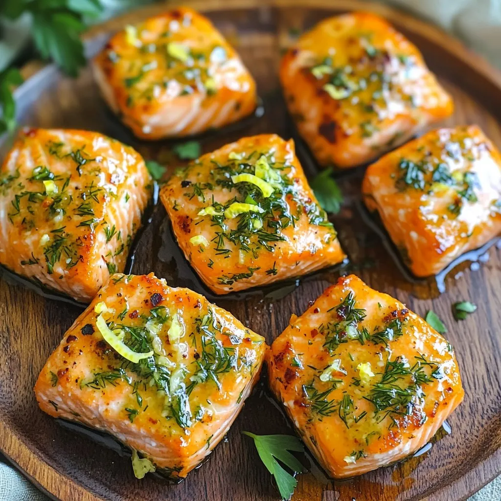 - 1 lb fresh salmon fillet, skin removed and cut into bite-sized pieces - 3 tablespoons extra virgin olive oil - 4 cloves garlic, finely minced These main ingredients are key to making great salmon bites. The salmon gives a rich flavor. Olive oil adds healthy fat and moisture. Garlic brings a strong and tasty punch. - 1 teaspoon dried parsley - 1 teaspoon dried dill - 1 teaspoon fresh lemon zest - Salt and freshly ground pepper to taste - Juice of 1 juicy lemon The marinade is what makes these salmon bites special. Parsley and dill add a fresh taste. Lemon zest brightens the dish and gives it a zesty kick. Salt and pepper help bring out all the flavors. - Fresh parsley, chopped, for garnish Garnishing is the final touch. Fresh parsley adds color and a hint of flavor. It makes your dish look as good as it tastes. Serve the salmon bites with lemon wedges for more zing. This adds a bright look and extra taste. To start, gather your ingredients. You need extra virgin olive oil, garlic, dried parsley, dried dill, lemon zest, salt, and pepper. In a large bowl, pour in three tablespoons of olive oil. Add four minced garlic cloves for that strong flavor. Next, mix in one teaspoon each of dried parsley and dill. Add in the lemon zest, salt, and pepper to taste. Stir everything well. This mix will create a tasty marinade for the salmon. Now, it’s time to marinate the salmon. Take your pound of fresh salmon fillet and cut it into bite-sized pieces. Gently add these pieces into the bowl with the marinade. Toss the salmon carefully, making sure each piece is well coated. Cover the bowl tightly with plastic wrap. Place the bowl in the fridge for at least 15 minutes. This waiting time helps the salmon soak up all those great flavors. While the salmon marinates, preheat your air fryer to 400°F (200°C). This step is key for even cooking. Once ready, take the salmon bites out of the fridge. Place them in a single layer in the air fryer basket. Be sure not to overcrowd the basket. Cook the salmon for about 8 to 10 minutes. Halfway through, shake the basket gently to help brown the fish evenly. You’ll know they’re done when they turn golden brown and flake easily with a fork. Carefully take them out and drizzle fresh lemon juice over the top. Garnish with some chopped parsley for a bright touch before serving. To get the best flavor, marinate the salmon bites well. Use a bowl and mix olive oil, garlic, herbs, salt, and pepper. Toss the salmon pieces in this mix. Cover the bowl and chill it for at least 15 minutes. This allows the salmon to soak up all the tasty goodness. Set your air fryer to 400°F (200°C). This high heat helps the salmon cook fast and become crispy. Cook the salmon bites for 8 to 10 minutes. Remember to shake the basket halfway through. This helps them cook evenly. Keep an eye on the salmon; it is done when it flakes easily. For perfectly cooked salmon, look for a golden brown color. The fish should feel firm but flake easily when you poke it with a fork. If unsure, check the thickest piece. If it’s not quite done, return it to the air fryer for a couple more minutes. This will ensure you get rich flavor and a great texture. {{image_4}} You can change the marinade for your salmon bites to fit your taste. Here are a few ideas: - Spicy Cajun Marinade: Mix olive oil, garlic, Cajun seasoning, and lime juice. - Asian-Inspired Marinade: Use soy sauce, ginger, sesame oil, and green onions. - Honey Mustard Marinade: Blend honey, Dijon mustard, olive oil, and garlic. These options give your salmon bites a new twist. Experiment with what you enjoy most! When it comes to serving, presentation matters. Here are some fun ideas: - Lemon Wedges: Always serve with lemon wedges for a fresh kick. - Platter Style: Arrange the salmon bites on a beautiful platter. - Garnish: Add fresh herbs like dill or parsley for color. These simple touches make your dish more inviting and tasty. Pairing side dishes with your salmon bites enhances the meal. Here are some great choices: - Steamed Veggies: Broccoli or green beans add color and nutrients. - Quinoa or Rice: These grains soak up flavors and balance the dish. - Salad: A light salad with lemon vinaigrette complements the richness of the salmon. These sides round out your meal and keep it wholesome. To store leftover salmon bites, place them in an airtight container. Make sure they cool down first. You can keep them in the fridge for up to three days. If you want them to last longer, consider freezing. Just remember to label the container with the date. When reheating salmon bites, the air fryer works best. Preheat the air fryer to 350°F (175°C). Place the bites in a single layer and heat for about 5 minutes. This method will keep them crispy and tasty. You can also use a microwave, but they may lose some crunch. To freeze salmon bites, make sure they are fully cooled. Spread them in a single layer on a baking sheet. Freeze them for about one hour, then transfer to a freezer-safe bag. They can last up to three months in the freezer. When ready to eat, thaw overnight in the fridge before reheating. Yes, you can use frozen salmon. Just make sure to thaw it first. Thaw the salmon in the fridge overnight for the best results. If you're in a hurry, you can also submerge it in cold water for quick thawing. Once thawed, follow the same steps for marinating and cooking. Frozen salmon may take a little longer to cook. Keep an eye on it as it cooks. You can tell your salmon is done when it turns golden brown. Use a fork to check if it flakes easily. The inside should be opaque and not shiny. If you have a food thermometer, the thickest part should reach 145°F (63°C). This means it is safe to eat and still juicy. You can get creative with herbs in this recipe! Try using fresh basil or thyme for a different taste. Oregano adds a nice touch as well. If you like a bit of heat, crushed red pepper flakes work great too. Mix and match to find your favorite flavor. This blog post covered how to make delicious salmon bites, from ingredients to storage. You learned about the key flavors, the marinating process, and how to air fry perfectly. I shared tips to enhance flavor and timing for great results. You can even mix up the marinade or pair salmon bites with tasty sides. Remember to store any leftovers properly for later enjoyment. With these tips, you can enjoy fresh, flavorful salmon bites any time!