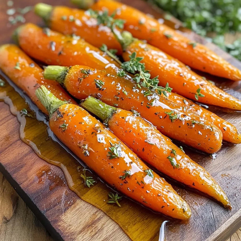 - 1 lb (450g) baby carrots - 3 tablespoons pure maple syrup - 2 tablespoons Dijon mustard - 2 tablespoons extra virgin olive oil - Sea salt and freshly ground black pepper - 1 teaspoon fresh thyme leaves or 1/2 teaspoon dried thyme - 1 tablespoon finely chopped fresh parsley The main ingredients in this dish are simple but full of flavor. The baby carrots give a sweet crunch. Maple syrup adds a yummy sweetness. Dijon mustard brings a tangy bite. Extra virgin olive oil helps everything roast nicely. For seasoning, use sea salt and black pepper to taste. Thyme adds an earthy note that pairs well with carrots. Fresh parsley gives a bright touch on top. This blend of flavors makes these carrots a great side dish. They are colorful and tasty with any meal. You can use these ingredients to create a dish everyone will love. - Preheat oven to 425°F (220°C). - Line a baking sheet with parchment paper. - In a bowl, whisk together: - 3 tablespoons pure maple syrup - 2 tablespoons Dijon mustard - 2 tablespoons extra virgin olive oil - Sea salt and freshly ground black pepper to taste - 1 teaspoon fresh thyme leaves This glaze brings a sweet and tangy flavor. It coats the carrots, making them shine. - Toss 1 lb baby carrots with the glaze until well coated. - Arrange carrots on the baking sheet for even roasting. Space them out for best results! - Roast for 20-25 minutes, stirring halfway through. - Watch for tender, caramelized carrots. This step is key for flavor. - Cool the carrots before serving. - Garnish with 1 tablespoon finely chopped fresh parsley for a fresh pop. To get the best flavor from your carrots, space them out on the baking sheet. This helps them roast evenly. If they are too close, they may steam instead of roast, which makes them less tasty. Stir the carrots halfway through cooking. This step ensures all sides get nice and caramelized. It also helps achieve that golden-brown look we all love. You can take your dish up a notch by adding herbs or spices. Try rosemary or cumin for a twist. A splash of lemon juice right before serving adds brightness. It cuts through the sweetness, making the flavors pop. Don't be afraid to experiment; cooking is all about discovering new tastes. For a beautiful serving, think about how you plate the carrots. Using a rustic board or a colorful plate makes a big difference. Drizzle any leftover glaze from the baking sheet over the carrots. This not only looks great but also boosts the flavor. A little extra glaze ties everything together beautifully. {{image_4}} You can use regular carrots instead of baby carrots. Regular carrots have a stronger taste. They may take a bit longer to cook. Just cut them into similar sizes for even roasting. If you want to try something new, substitute with other root veggies. Sweet potatoes or parsnips work well. They add a different twist to the dish. Want an extra kick? Add some minced garlic to the glaze. It gives depth and a savory note. You can also add balsamic vinegar for sweetness. This will balance the flavors nicely. Just a splash can transform the dish. If you want a vegan-friendly option, swap the honey for more maple syrup. This keeps the dish sweet and tasty. You can also use a vegan-approved Dijon mustard. For gluten-free options, check your mustard label. Most are gluten-free, but it’s good to verify. This way, everyone can enjoy your delicious carrots without worry. To keep your roasted carrots fresh, let them cool first. Place them in a container. I recommend using an airtight container. This helps retain moisture and flavor. Store them in the fridge for up to three days. If they look dry, add a drizzle of olive oil before eating. When reheating, you want your carrots to stay tender. The best way is to use the oven. Preheat it to 350°F (175°C). Spread the carrots on a baking sheet. Heat them for about 10 minutes. If you need a faster method, use the microwave. Heat them in short bursts of 30 seconds. Stir between each burst to avoid overcooking. Freezing is a great option for longer storage. First, let the roasted carrots cool completely. Then, place them in a freezer-safe bag. Remove as much air as possible. They can last for up to three months in the freezer. When you're ready to eat, thaw them in the fridge overnight. To reheat, use the oven for best results. Follow the same steps as before for tender carrots. Yes, you can use regular carrots. They will need more prep time. Cut them into sticks or rounds for even cooking. Baby carrots cook faster and have a sweeter taste. Regular carrots offer a firmer texture. Keep an eye on them while roasting, as they may take longer. To prep in advance, wash and cut the carrots a day ahead. Store them in a sealed container with water to keep them fresh. You can also mix the glaze ahead of time. Store it in the fridge until you are ready to cook. Just toss the carrots in the glaze before roasting. These roasted carrots pair well with many main dishes. Try them with roasted chicken or pork chops. They also go great with fish like salmon. For a vegetarian option, serve them alongside quinoa or a grain salad. The sweet and tangy flavors enhance various meals. Maple Dijon Roasted Carrots make a tasty side dish. You learned about the simple ingredients and easy steps to create this dish. We covered tips to ensure even roasting and ideas for flavor boosts. Plus, we discussed how to store, freeze, and reheat leftovers. This recipe is versatile, so feel free to experiment. Your meals can become more flavorful and colorful with these carrots. Enjoy cooking and serving this delightful dish!