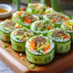 - 2 large cucumbers - 1 cup cooked sushi rice - 2 tablespoons rice vinegar - ½ teaspoon sugar - ½ teaspoon salt - 1 ripe avocado, sliced - ½ cup cream cheese, softened to room temperature - 1 small carrot, peeled and julienned - 2 green onions, finely chopped - 2 tablespoons everything bagel seasoning - Soy sauce, for serving To make Everything Bagel Cucumber Sushi Rolls, you need fresh ingredients. Start with two large cucumbers. They will be the base for your rolls. Next, prepare one cup of cooked sushi rice. Be sure to season it well with rice vinegar, sugar, and salt. This gives it a nice flavor. For your filling, slice one ripe avocado and julienne one small carrot. You will also need two green onions, finely chopped, to add a crisp bite. Cream cheese is a must for richness and to hold the rolls together. Finally, sprinkle everything bagel seasoning on top to give your rolls that unique taste. Don’t forget some soy sauce for dipping! Each ingredient plays a role in making these rolls tasty and fun. Gather these items, and you’re ready to create a delicious sushi experience right in your kitchen. 1. Rinse the Rice: Start by placing the sushi rice in a fine mesh strainer. Rinse it under cold water. Keep rinsing until the water runs clear. This step removes excess starch and helps the rice cook better. 2. Cook the Rice: Follow the package instructions to cook the rice. Once it's done, let it cool while you prepare the other ingredients. 3. Season the Rice: In a small bowl, mix rice vinegar, sugar, and salt. Stir until the sugar and salt dissolve. Gently fold this mixture into the warm sushi rice. This adds flavor and helps the rice stick together. Let the rice cool completely before using it. 1. Slice the Cucumbers: Take each cucumber and slice it in half lengthwise. 2. Hollow Them Out: Use a small spoon to scoop out the seeds from the center. Be careful not to pierce the skin. This hollow shell will hold your sushi filling nicely. 1. Add Cream Cheese: Spread a thin layer of softened cream cheese inside each cucumber half. This gives a rich flavor and helps keep everything together. 2. Layer the Fillings: Spoon a generous amount of the seasoned sushi rice over the cream cheese. Gently press down to make sure it sticks. 3. Top with Fresh Ingredients: Add slices of ripe avocado, julienned carrot, and chopped green onions on top of the rice. 4. Roll the Cucumber Sushi: Start at one end and roll the cucumber half towards the other end. Apply gentle pressure to keep everything packed inside. 5. Slice the Rolls: Use a sharp knife to cut each roll into bite-sized pieces. Aim for 1-2 inches in thickness. 6. Garnish: Sprinkle everything bagel seasoning over the tops of the sushi rolls. This adds that signature flavor and a nice crunch. 7. Serve: Present your Everything Bagel Cucumber Sushi Rolls on a platter. Serve with soy sauce for dipping. Enjoy your fresh and tasty rolls! To make your rolls tight, apply gentle and even pressure while rolling. Start at one end and roll tightly, but not too tight. If you squeeze too hard, your filling may spill out. Using a sharp knife, slice each roll into bite-sized pieces. A wet knife helps prevent sticking. You can swap ingredients based on your taste or diet. For a vegan option, use tofu instead of cream cheese. You can also replace sushi rice with quinoa for a gluten-free choice. If you prefer, add sliced bell peppers or radishes for extra crunch. Make your rolls pop by garnishing with extra everything bagel seasoning. Serve them on a nice platter with a small bowl of soy sauce for dipping. You can also add sliced green onions or sesame seeds around the rolls. Pickled ginger adds a nice touch and contrast. {{image_4}} You can add more veggies to your rolls. Try using: - Bell peppers, cut into thin strips - Zucchini, julienned - Radishes, thinly sliced - Spinach or arugula for a fresh crunch These options will enhance the texture and flavor of your sushi rolls. Feel free to mix and match to keep things fun and colorful. If you love protein, there are plenty of tasty choices. Consider adding: - Cooked shrimp or crab for a seafood twist - Grilled chicken or turkey for a meaty flavor - Tofu, either fried or marinated, for a plant-based option These add-ins will make the rolls heartier and more filling. Just remember to balance the flavors with your veggies. Spice up your rolls with different seasonings. Some great ideas include: - A drizzle of sriracha or spicy mayo for heat - A sprinkle of sesame seeds for a nutty crunch - A touch of lime juice for a zesty kick Mixing in these flavors will make each bite exciting. Don't be afraid to experiment with your favorite tastes! To keep your Everything Bagel Cucumber Sushi Rolls fresh, place them in an airtight container. Make sure they are in a single layer to avoid squishing. You can also wrap them in plastic wrap. This helps keep the rolls moist and tasty in the fridge. These sushi rolls taste best cold. If you want to warm them, avoid the microwave. Microwaving can make them soggy. Instead, use a non-stick pan over low heat for a short time. This method helps retain texture without losing flavor. These rolls last about 2-3 days in the fridge. After this time, the cucumber may get soft. It's best to enjoy them fresh. If you notice any changes in smell or texture, it's time to toss them. Yes, you can prep these sushi rolls ahead. To keep them fresh, follow these tips: - Prepare the ingredients: Slice cucumbers, avocado, and carrots. Cook and season the sushi rice. - Store separately: Keep the cucumber shells, rice, and fillings in separate containers. This prevents sogginess. - Assemble just before serving: Roll the sushi when you're ready to eat for the best taste. These sushi rolls are fun to customize. Here are some tasty filling ideas: - Creamy options: Try using hummus or goat cheese instead of cream cheese. - Veggie delights: Add bell peppers, radishes, or sprouts for a crunchy bite. - Protein-packed: Include cooked shrimp, crab, or smoked salmon for extra flavor. Most everything bagel seasoning blends are gluten-free. However, always check the label. Here’s a quick breakdown: - Common ingredients: Sesame seeds, poppy seeds, garlic, onion, and salt are often gluten-free. - Watch for cross-contamination: If you have celiac disease, ensure the brand you choose is certified gluten-free. - DIY option: You can make your own blend at home to control the ingredients. You now have all the steps to make delicious sushi rolls at home. We discussed the key ingredients, such as cucumbers and sushi rice. Preparing and seasoning the rice is simple, and hollowing cucumbers is key to the rolls. We covered tips for perfecting your roll and customizing it based on your taste. Remember to store leftovers properly to keep them fresh. With these insights, you can impress friends or enjoy a fun meal yourself. Dive into your sushi-making adventure and enjoy the flavors!