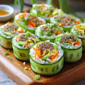 - 2 large cucumbers - 1 cup cooked sushi rice - 2 tablespoons rice vinegar - ½ teaspoon sugar - ½ teaspoon salt - 1 ripe avocado, sliced - ½ cup cream cheese, softened to room temperature - 1 small carrot, peeled and julienned - 2 green onions, finely chopped - 2 tablespoons everything bagel seasoning - Soy sauce, for serving To make Everything Bagel Cucumber Sushi Rolls, you need fresh ingredients. Start with two large cucumbers. They will be the base for your rolls. Next, prepare one cup of cooked sushi rice. Be sure to season it well with rice vinegar, sugar, and salt. This gives it a nice flavor. For your filling, slice one ripe avocado and julienne one small carrot. You will also need two green onions, finely chopped, to add a crisp bite. Cream cheese is a must for richness and to hold the rolls together. Finally, sprinkle everything bagel seasoning on top to give your rolls that unique taste. Don’t forget some soy sauce for dipping! Each ingredient plays a role in making these rolls tasty and fun. Gather these items, and you’re ready to create a delicious sushi experience right in your kitchen. 1. Rinse the Rice: Start by placing the sushi rice in a fine mesh strainer. Rinse it under cold water. Keep rinsing until the water runs clear. This step removes excess starch and helps the rice cook better. 2. Cook the Rice: Follow the package instructions to cook the rice. Once it's done, let it cool while you prepare the other ingredients. 3. Season the Rice: In a small bowl, mix rice vinegar, sugar, and salt. Stir until the sugar and salt dissolve. Gently fold this mixture into the warm sushi rice. This adds flavor and helps the rice stick together. Let the rice cool completely before using it. 1. Slice the Cucumbers: Take each cucumber and slice it in half lengthwise. 2. Hollow Them Out: Use a small spoon to scoop out the seeds from the center. Be careful not to pierce the skin. This hollow shell will hold your sushi filling nicely. 1. Add Cream Cheese: Spread a thin layer of softened cream cheese inside each cucumber half. This gives a rich flavor and helps keep everything together. 2. Layer the Fillings: Spoon a generous amount of the seasoned sushi rice over the cream cheese. Gently press down to make sure it sticks. 3. Top with Fresh Ingredients: Add slices of ripe avocado, julienned carrot, and chopped green onions on top of the rice. 4. Roll the Cucumber Sushi: Start at one end and roll the cucumber half towards the other end. Apply gentle pressure to keep everything packed inside. 5. Slice the Rolls: Use a sharp knife to cut each roll into bite-sized pieces. Aim for 1-2 inches in thickness. 6. Garnish: Sprinkle everything bagel seasoning over the tops of the sushi rolls. This adds that signature flavor and a nice crunch. 7. Serve: Present your Everything Bagel Cucumber Sushi Rolls on a platter. Serve with soy sauce for dipping. Enjoy your fresh and tasty rolls! To make your rolls tight, apply gentle and even pressure while rolling. Start at one end and roll tightly, but not too tight. If you squeeze too hard, your filling may spill out. Using a sharp knife, slice each roll into bite-sized pieces. A wet knife helps prevent sticking. You can swap ingredients based on your taste or diet. For a vegan option, use tofu instead of cream cheese. You can also replace sushi rice with quinoa for a gluten-free choice. If you prefer, add sliced bell peppers or radishes for extra crunch. Make your rolls pop by garnishing with extra everything bagel seasoning. Serve them on a nice platter with a small bowl of soy sauce for dipping. You can also add sliced green onions or sesame seeds around the rolls. Pickled ginger adds a nice touch and contrast. {{image_4}} You can add more veggies to your rolls. Try using: - Bell peppers, cut into thin strips - Zucchini, julienned - Radishes, thinly sliced - Spinach or arugula for a fresh crunch These options will enhance the texture and flavor of your sushi rolls. Feel free to mix and match to keep things fun and colorful. If you love protein, there are plenty of tasty choices. Consider adding: - Cooked shrimp or crab for a seafood twist - Grilled chicken or turkey for a meaty flavor - Tofu, either fried or marinated, for a plant-based option These add-ins will make the rolls heartier and more filling. Just remember to balance the flavors with your veggies. Spice up your rolls with different seasonings. Some great ideas include: - A drizzle of sriracha or spicy mayo for heat - A sprinkle of sesame seeds for a nutty crunch - A touch of lime juice for a zesty kick Mixing in these flavors will make each bite exciting. Don't be afraid to experiment with your favorite tastes! To keep your Everything Bagel Cucumber Sushi Rolls fresh, place them in an airtight container. Make sure they are in a single layer to avoid squishing. You can also wrap them in plastic wrap. This helps keep the rolls moist and tasty in the fridge. These sushi rolls taste best cold. If you want to warm them, avoid the microwave. Microwaving can make them soggy. Instead, use a non-stick pan over low heat for a short time. This method helps retain texture without losing flavor. These rolls last about 2-3 days in the fridge. After this time, the cucumber may get soft. It's best to enjoy them fresh. If you notice any changes in smell or texture, it's time to toss them. Yes, you can prep these sushi rolls ahead. To keep them fresh, follow these tips: - Prepare the ingredients: Slice cucumbers, avocado, and carrots. Cook and season the sushi rice. - Store separately: Keep the cucumber shells, rice, and fillings in separate containers. This prevents sogginess. - Assemble just before serving: Roll the sushi when you're ready to eat for the best taste. These sushi rolls are fun to customize. Here are some tasty filling ideas: - Creamy options: Try using hummus or goat cheese instead of cream cheese. - Veggie delights: Add bell peppers, radishes, or sprouts for a crunchy bite. - Protein-packed: Include cooked shrimp, crab, or smoked salmon for extra flavor. Most everything bagel seasoning blends are gluten-free. However, always check the label. Here’s a quick breakdown: - Common ingredients: Sesame seeds, poppy seeds, garlic, onion, and salt are often gluten-free. - Watch for cross-contamination: If you have celiac disease, ensure the brand you choose is certified gluten-free. - DIY option: You can make your own blend at home to control the ingredients. You now have all the steps to make delicious sushi rolls at home. We discussed the key ingredients, such as cucumbers and sushi rice. Preparing and seasoning the rice is simple, and hollowing cucumbers is key to the rolls. We covered tips for perfecting your roll and customizing it based on your taste. Remember to store leftovers properly to keep them fresh. With these insights, you can impress friends or enjoy a fun meal yourself. Dive into your sushi-making adventure and enjoy the flavors!