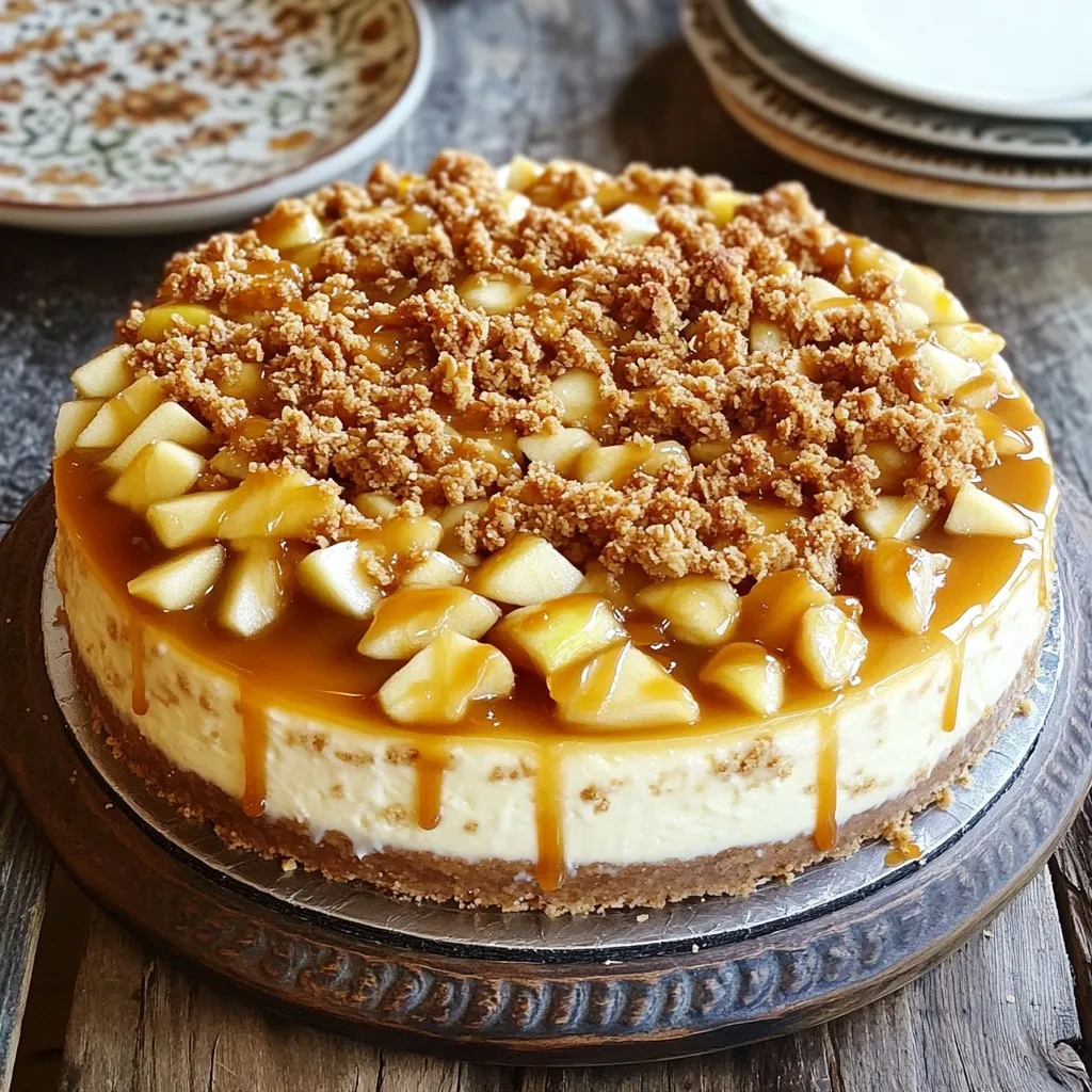 - 1 ½ cups graham cracker crumbs - ½ cup unsalted butter, melted - 2 tablespoons sugar - 16 oz cream cheese, softened - 1 cup granulated sugar - 3 large eggs - 1 teaspoon vanilla extract - ½ teaspoon ground cinnamon - 2 medium apples, diced - ½ cup caramel sauce - 1 cup old-fashioned oats - ½ cup packed brown sugar - ½ cup all-purpose flour - 1 teaspoon ground cinnamon - ½ cup unsalted butter, chilled Creating a caramel apple crumble cheesecake is simple. Start with the crust. The graham cracker crumbs mix well with melted butter and sugar. This gives a sweet, crunchy base. You want it to be firm, so press it down tightly in your pan. Next, for the cheesecake filling, use softened cream cheese. This helps it blend smoothly with sugar. Add eggs one at a time for a light texture. Vanilla extract adds warmth, while ground cinnamon gives a hint of spice. Diced apples bring in freshness and flavor. For the caramel topping, you can use store-bought or homemade caramel sauce. It adds a rich, gooey finish. Lastly, the crumble topping needs oats, brown sugar, and flour. Mix these with chilled butter. This creates a crumbly texture that bakes to a crispy finish. Using these ingredients, you can create a dessert that’s not just tasty but visually appealing too. Each bite brings together creamy cheesecake, sweet apples, and crunchy crumble, all drizzled with luscious caramel. Set your oven temperature to 350°F (175°C). This helps the cheesecake bake evenly. In a medium bowl, mix 1 ½ cups of graham cracker crumbs, ½ cup of melted butter, and 2 tablespoons of sugar. Stir until it looks like wet sand. Press this mixture firmly into the bottom of a 9-inch springform pan. Bake for 8-10 minutes until it turns golden. Let it cool completely. In a large mixing bowl, beat 16 oz of softened cream cheese with 1 cup of sugar using an electric mixer. Mix it for about 2-3 minutes until smooth. Add 3 large eggs, one at a time, mixing well each time. Stir in 1 teaspoon of vanilla extract and ½ teaspoon of ground cinnamon. Gently fold in 2 diced apples. Carefully pour the cheesecake mixture over the cooled crust. Spread it evenly with a spatula. Bake for 45-50 minutes. The edges should be set, and the center should jiggle slightly. It will firm up as it cools. While the cheesecake bakes, prepare the crumble topping. In another bowl, mix 1 cup of oats, ½ cup of packed brown sugar, ½ cup of flour, and 1 teaspoon of ground cinnamon. Add ½ cup of chilled butter cubes. Use your fingers or a pastry cutter to mix until it forms coarse crumbs. After baking, gently take the cheesecake out of the oven. Sprinkle the crumble topping evenly over the cheesecake. Return it to the oven and bake for another 15-20 minutes. The topping should be golden brown and crispy. Once done, let the cheesecake cool at room temperature for about an hour. After it cools, cover it with plastic wrap. Refrigerate for at least 4 hours, or overnight is best. When ready to serve, slice the cheesecake carefully. Drizzle with ½ cup of caramel sauce just before serving. Enjoy this sweet treat! To make a smooth cheesecake, always use room temperature ingredients. When cream cheese is cold, it can clump. Let the cream cheese sit out for about 30 minutes. This small step makes a big difference. It mixes better with sugar and eggs. A smooth batter leads to a creamy texture. Baking time is key. Keep an eye on your cheesecake as it bakes. Overcooking can ruin its texture. The edges should be set, but the center may jiggle slightly. This jiggle means it will firm up as it cools. Use a toothpick to check doneness if you’re unsure. Make your cheesecake extra special when serving. Use whipped cream for a light touch. A sprinkle of cinnamon adds flavor and color. Drizzle caramel sauce on each slice. This adds sweetness and makes it look fancy. Serve on decorative plates for a lovely display. {{image_4}} You can switch apples for pears or berries. Pears add a soft, juicy touch. Berries bring a tart flavor that pairs well with the sweet cheesecake. Both options keep the dessert fresh and exciting. If you need a gluten-free option, use gluten-free graham cracker crumbs. Many brands offer great substitutes. Just check the label to be sure. This way, you can enjoy the same creamy goodness without gluten. For a vegan version, try plant-based cream cheese. You can replace eggs with flaxseed meal or applesauce. This makes it easy to enjoy a delicious dessert that fits your diet. You can still have all the flavors of the original cheesecake while sticking to your plant-based choices. You can store the caramel apple crumble cheesecake in the fridge for up to 5 days. Make sure to cover it well with plastic wrap or aluminum foil. This keeps it fresh and tasty. The cheesecake will stay creamy, and the flavors will deepen as it sits. Enjoy a slice each day! If you want to keep the cheesecake longer, you can freeze it. First, let it cool completely. Then, wrap it tightly in plastic wrap and foil. Label it with the date, so you know when you made it. You can freeze it for up to 3 months. To thaw, move it to the fridge for about 24 hours before serving. This way, the texture remains nice and creamy. To maintain the crust's crunch, store the cheesecake whole rather than in slices. If you slice it, the crust may absorb moisture and become soggy. If you're worried about the crust, serve it with a side of extra crumble for added texture. This way, you can enjoy that delightful crunch every time you serve a slice! Yes, you can make this cheesecake a day early. It tastes even better after sitting overnight. Just cover it well and put it in the fridge. This gives the flavors time to blend. If you need a substitute, try making homemade caramel. Melt sugar and butter together. You can also use chocolate sauce for a twist. Both options add sweetness to your dessert. Check for doneness by looking at the edges. They should be set while the center should jiggle a little. If it wobbles but is not liquid, it's ready. Remember, it will firm up as it cools. For clean slices, use a sharp knife. Dip the knife in hot water before cutting. Wipe it dry after each slice. This method keeps your pieces neat and pretty. This recipe brings together a tasty crust, creamy filling, and crunchy topping. From graham cracker crumbs to fresh apples, each step is simple. Remember to blend your ingredients at room temperature for a smooth texture. You can even switch fruits or try gluten-free options. Whether you chill it for later or serve it right away, this cheesecake will impress. Enjoy every bite, whether alone or with friends!