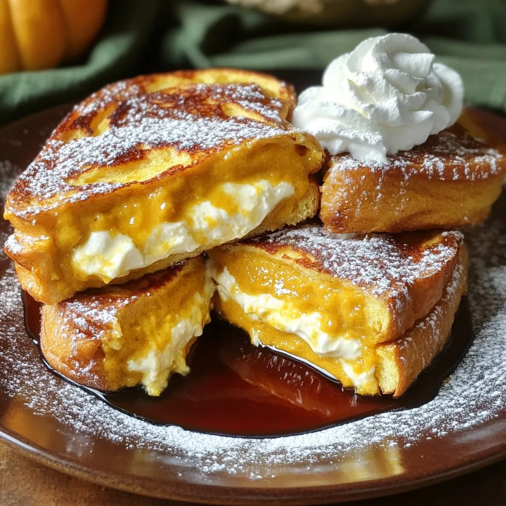 - 8 thick slices of bread (brioche or challah) - 1 cup cream cheese, softened - 1 cup pumpkin puree (canned or homemade) - 1/2 cup powdered sugar - 1 teaspoon pure vanilla extract - 2 teaspoons pumpkin pie spice - 4 large eggs - 1/2 cup whole milk - 1 tablespoon ground cinnamon - 2 tablespoons unsalted butter - Maple syrup (for drizzling) - Optional: Whipped cream for garnishing To make Pumpkin Cheesecake Stuffed French Toast, gather these simple ingredients. You will need 8 thick slices of bread, preferably brioche or challah. The bread's richness adds great flavor. Next, you need 1 cup of softened cream cheese. This gives the filling a creamy texture. Then, add 1 cup of pumpkin puree. You can use canned puree or make your own at home. For sweetness, include 1/2 cup of powdered sugar. This balances the flavor of the pumpkin. Add 1 teaspoon of pure vanilla extract for a nice aroma. To spice things up, you’ll need 2 teaspoons of pumpkin pie spice. This brings warmth to your dish. Next, get 4 large eggs and 1/2 cup of whole milk. These will make your egg mixture for dipping. Finally, add 1 tablespoon of ground cinnamon and 2 tablespoons of unsalted butter for cooking. You may also want maple syrup for drizzling on top. If you like, you can add whipped cream as a garnish to make it extra special. With these ingredients, you can create a delightful breakfast that everyone will love! To make the filling, start by mixing these ingredients in a bowl: - 1 cup cream cheese, softened - 1 cup pumpkin puree - 1/2 cup powdered sugar - 1 teaspoon pure vanilla extract - 2 teaspoons pumpkin pie spice Use a hand mixer or whisk until the mixture is smooth and creamy. This filling is rich and dreamy, perfect for our French toast. Next, take two slices of thick bread, like brioche or challah. Spread about 2-3 tablespoons of the pumpkin cheesecake mixture on one slice. Top with the second slice to form a sandwich. Repeat this process until all the bread and filling are used up. Make sure each sandwich is packed with that creamy goodness. Now, let's cook those delicious sandwiches. In a bowl, whisk together: - 4 large eggs - 1/2 cup whole milk - 1 tablespoon ground cinnamon Make sure it blends well. Preheat a large skillet over medium heat. Melt 1 tablespoon of unsalted butter in the skillet. Carefully dip each stuffed sandwich in the egg mixture. Ensure both sides are coated well. Place the sandwiches on the hot skillet and cook until the bottom is golden brown and crispy, about 3-4 minutes. Flip the sandwich gently and cook the other side. Add more butter if needed to keep them from sticking. Once both sides are crispy and golden, remove the French toast from the skillet. Let it cool slightly on a plate. Serve warm, drizzled with maple syrup. If you want to impress, add whipped cream on top! To make the best pumpkin cheesecake stuffed French toast, pay close attention to the temperature. Cooking at medium heat gives the bread time to cook without burning. If the heat is too high, the outside may brown too quickly while the inside stays soggy. To avoid soggy toast, dip the bread carefully. Quickly coat each sandwich in the egg mixture. If you soak it too long, the bread will become mushy. You want just enough coating to enhance flavor and texture. For a beautiful presentation, consider garnishing your French toast. A sprig of mint adds a nice touch. You can also sprinkle some powdered sugar on top for extra sweetness. Serve the French toast warm and drench it in maple syrup. The rich syrup pairs perfectly with the creamy pumpkin filling. If you're feeling indulgent, add a dollop of whipped cream on top. It adds a nice creamy contrast. You’ll want a sturdy skillet or griddle for cooking. A non-stick surface helps prevent sticking and makes cleanup easier. For mixing and assembling, use a medium mixing bowl and a whisk or hand mixer. A spatula is great for flipping the French toast safely. Having these tools ready makes the process smooth and fun. {{image_4}} You can use many types of bread for this dish. Brioche and challah are popular, but you can try others. French bread adds a nice crunch. Whole grain bread gives a healthy twist. Sourdough brings a tangy flavor that pairs well with pumpkin. Experimenting with different breads adds unique tastes and textures. Feel free to get creative with the filling. You can stir in chocolate chips for a sweet surprise. Nuts like walnuts or pecans add a crunchy texture. For a sweeter twist, consider caramel sauce. You can also mix in spices like cinnamon or nutmeg for extra warmth. Customizing the filling makes this dish truly your own. If you need gluten-free options, use gluten-free bread. Many brands offer great choices that taste just as good. For a vegan version, swap cream cheese for a plant-based alternative. Use almond milk instead of whole milk. You can also replace eggs with flax eggs or a commercial egg replacer. These swaps keep the flavor without the allergens. To store leftovers, let the French toast cool first. Place it in an airtight container. This keeps it fresh for up to three days in the fridge. Make sure to separate layers with parchment paper to prevent sticking. For freezing, wrap each piece tightly in plastic wrap. Then, place them in a freezer bag or container. This method helps to keep them fresh for up to three months. Label the bag with the date to track how long they’ve been frozen. When you're ready to enjoy your stuffed French toast, use the oven for the best results. Preheat it to 350°F (175°C). Place the French toast on a baking sheet. Heat for about 10-15 minutes until warm. You can also use a toaster if you prefer a crispy texture. Just toast until warmed through. Enjoy your delicious treat! Making this dish takes about 25 minutes. You need 15 minutes to prep the ingredients. Cooking the French toast takes around 10 minutes. This quick time makes it perfect for breakfast or brunch. Yes, you can prepare the filling in advance. Mix the cream cheese, pumpkin, powdered sugar, vanilla, and spice. Store it in the fridge for up to two days. This saves time on busy mornings. You can try many toppings to add flair. Here are some ideas: - Whipped cream - Chopped nuts like pecans or walnuts - Fresh fruit, such as banana or berries - A dusting of powdered sugar - Caramel sauce for extra sweetness Feel free to mix and match these toppings to suit your taste! In this post, I covered how to make Pumpkin Cheesecake Stuffed French Toast. You learned the key ingredients, step-by-step instructions, and useful tips. This dish is perfect for fall or any cozy breakfast. Try different breads and toppings to customize your meal. Remember, the right tools and techniques will make cooking easier. Enjoy this sweet treat with friends and family. It’s a hit for sure!