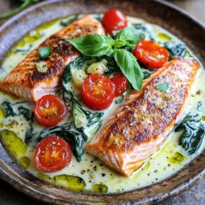 - 4 salmon fillets - 2 tablespoons olive oil - 3 cloves garlic, minced - 1 cup cherry tomatoes, halved - 1 cup fresh spinach - 1 cup heavy cream - 1/2 cup grated Parmesan cheese - 1 teaspoon dried Italian herbs (oregano, basil, thyme) - Salt and pepper to taste - Fresh basil leaves, for garnish Gathering the right ingredients is key to making this dish shine. Start with fresh salmon fillets. They should be bright and firm. Olive oil adds flavor and helps with searing. Minced garlic gives a lovely aroma. For the sauce, cherry tomatoes add a sweet burst, while fresh spinach brings color and nutrients. Heavy cream is the star of the sauce, making it rich and creamy. Grated Parmesan cheese contributes depth and flavor. Italian herbs enhance the dish, and salt and pepper are essential for seasoning. Finally, fresh basil leaves add a pop of freshness on top. With these ingredients, you set the stage for a quick and flavorful meal. To start, I take four salmon fillets. I pat them dry with a paper towel. This helps the skin get crispy. I season each fillet with salt and pepper. I heat two tablespoons of olive oil in a large skillet over medium-high heat. Once the oil is hot, I place the fillets skin-side down in the skillet. I cook them for about 4-5 minutes. I watch for the skin to turn golden and crispy. Then, I flip the fillets and cook for another 2-3 minutes. The salmon should be cooked all the way through. After cooking, I transfer the salmon to a plate. I cover it loosely with foil. Next, I stay in the same skillet. I add three cloves of minced garlic and one cup of halved cherry tomatoes. I sauté them for about 2-3 minutes. Stirring helps the garlic cook and the tomatoes to soften. This step is key to releasing the tasty juices from the tomatoes. The smell is amazing! Now, I lower the heat to medium. I add one cup of fresh spinach to the skillet. I stir until it wilts down. After that, I pour in one cup of heavy cream. I also add half a cup of grated Parmesan cheese and one teaspoon of dried Italian herbs. I keep stirring for about 3-4 minutes. This helps the cheese melt and the sauce thicken. I want it creamy, not too runny. I return the seared salmon fillets to the skillet. I spoon some of the creamy sauce over each fillet. I let it simmer gently for an extra 2-3 minutes. This allows the salmon to soak up all the delicious flavors. I taste the sauce and add more salt and pepper if needed. When it’s time to plate, I carefully lift the salmon from the skillet. I place it on a serving dish. I drizzle the remaining creamy sauce over the top. To finish, I garnish with fresh basil leaves and extra halved cherry tomatoes. This adds color and flavor. I love serving this dish over pasta or quinoa for a complete meal. To cook salmon just right, aim for a temperature of 145°F. This ensures it stays moist and flaky. You can use a meat thermometer to check the temperature. Look for a bright pink color and a slightly firm texture. If the salmon flakes easily with a fork, it is done. For a richer sauce, consider adding a splash of white wine or a bit of lemon juice. This adds brightness and depth to the flavor. You can also mix in more herbs like fresh parsley or dill. Don’t forget to taste the sauce! Adjust the seasoning with salt and pepper to suit your preference. To save time, prep your ingredients before you start cooking. Chop the garlic and halve the tomatoes in advance. This way, you can cook without delays. You can also measure out your cream and cheese ahead of time. This makes the cooking process smooth and quick, allowing you to enjoy your meal sooner. {{image_4}} For a lighter dish, consider these substitutions: - Use skinless salmon fillets for fewer calories. - Swap heavy cream for coconut milk or a low-fat yogurt. - Try using a blend of Greek yogurt and broth. - Choose whole grain pasta or zucchini noodles for a healthier base. For a dairy-free version, use coconut cream instead of heavy cream. You can also skip the cheese or use a plant-based alternative. This keeps the dish creamy without the dairy. To boost flavor, think about adding: - Capers for a briny kick. - Sliced olives for a savory touch. - Chopped sun-dried tomatoes for a sweet and tangy flavor. You can also infuse the dish with fresh herbs. Try adding thyme, parsley, or dill for extra depth. Mixing different herbs can create a unique taste you will love. Pair your creamy Tuscan salmon with: - Steamed broccoli or asparagus for a fresh crunch. - A simple green salad with lemon vinaigrette. - Quinoa or brown rice for a hearty side. For meal prep, make a big batch and divide it into containers. This dish warms up well, making it perfect for busy weeks. Enjoy it with your favorite sides throughout the week! To keep your salmon fresh, store it in the fridge within two hours. Place the salmon in a shallow container. Use a container with a tight lid to prevent air from getting in. This helps keep the fish tasty for up to three days. You can also wrap the salmon tightly in plastic wrap. To reheat salmon, use a low oven to keep it moist. Preheat the oven to 300°F (150°C). Place the salmon on a baking dish and cover it with foil. Heat for about 15 minutes, or until warm. For the cream sauce, warm it gently on the stove. Stir it often to avoid burning. You can also microwave the sauce in short bursts. This helps it retain its creamy texture. Yes, you can freeze creamy Tuscan salmon. First, let it cool completely. Then, wrap each piece tightly in plastic wrap. After wrapping, place the salmon in a freezer bag. Remove as much air as possible. This helps prevent freezer burn. When ready to eat, thaw it in the fridge overnight. Reheat gently as mentioned above. Enjoy your meal with all its flavors intact! You can use several substitutes for heavy cream. Some options include: - Coconut milk for a dairy-free option - Greek yogurt for a thicker texture - Sour cream for a tangy taste - Milk mixed with butter for a lighter choice These options may change the flavor slightly, but they work well in this dish. Adjust the amounts to get the right creaminess. Yes, you can use frozen salmon. Here are some tips: - Thaw the salmon in the fridge overnight. - If you're short on time, use the microwave's defrost setting. - Cook the salmon a bit longer if it's still cold. Using frozen salmon can save you time and money. Just make sure it is fully thawed before cooking for the best results. This creamy Tuscan salmon is great for meal prep. Here are a few insights: - Cook the salmon and sauce ahead of time. - Store in airtight containers in the fridge. - Reheat gently in the microwave or on the stove. This dish stays tasty for up to three days. It’s perfect for quick lunches or dinners. This blog post covered a rich recipe for creamy Tuscan salmon. We discussed key ingredients like salmon, garlic, and cherry tomatoes. You learned step-by-step how to prepare the dish, from cooking the salmon to making the cream sauce. I shared tips for perfecting your meal and offered variations for different diets. In summary, this dish is flavorful, easy to make, and allows for creative adjustments. Enjoy experimenting with it and make it your own!
