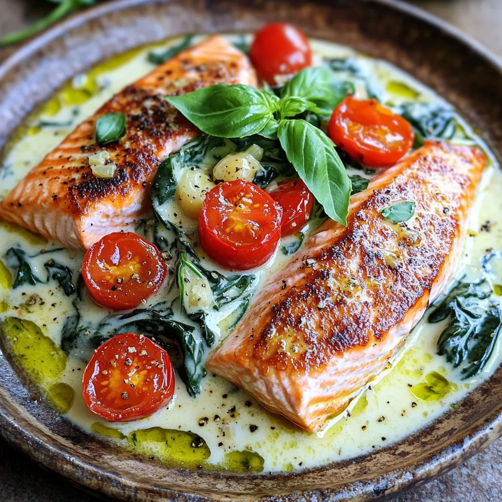 - 4 salmon fillets - 2 tablespoons olive oil - 3 cloves garlic, minced - 1 cup cherry tomatoes, halved - 1 cup fresh spinach - 1 cup heavy cream - 1/2 cup grated Parmesan cheese - 1 teaspoon dried Italian herbs (oregano, basil, thyme) - Salt and pepper to taste - Fresh basil leaves, for garnish Gathering the right ingredients is key to making this dish shine. Start with fresh salmon fillets. They should be bright and firm. Olive oil adds flavor and helps with searing. Minced garlic gives a lovely aroma. For the sauce, cherry tomatoes add a sweet burst, while fresh spinach brings color and nutrients. Heavy cream is the star of the sauce, making it rich and creamy. Grated Parmesan cheese contributes depth and flavor. Italian herbs enhance the dish, and salt and pepper are essential for seasoning. Finally, fresh basil leaves add a pop of freshness on top. With these ingredients, you set the stage for a quick and flavorful meal. To start, I take four salmon fillets. I pat them dry with a paper towel. This helps the skin get crispy. I season each fillet with salt and pepper. I heat two tablespoons of olive oil in a large skillet over medium-high heat. Once the oil is hot, I place the fillets skin-side down in the skillet. I cook them for about 4-5 minutes. I watch for the skin to turn golden and crispy. Then, I flip the fillets and cook for another 2-3 minutes. The salmon should be cooked all the way through. After cooking, I transfer the salmon to a plate. I cover it loosely with foil. Next, I stay in the same skillet. I add three cloves of minced garlic and one cup of halved cherry tomatoes. I sauté them for about 2-3 minutes. Stirring helps the garlic cook and the tomatoes to soften. This step is key to releasing the tasty juices from the tomatoes. The smell is amazing! Now, I lower the heat to medium. I add one cup of fresh spinach to the skillet. I stir until it wilts down. After that, I pour in one cup of heavy cream. I also add half a cup of grated Parmesan cheese and one teaspoon of dried Italian herbs. I keep stirring for about 3-4 minutes. This helps the cheese melt and the sauce thicken. I want it creamy, not too runny. I return the seared salmon fillets to the skillet. I spoon some of the creamy sauce over each fillet. I let it simmer gently for an extra 2-3 minutes. This allows the salmon to soak up all the delicious flavors. I taste the sauce and add more salt and pepper if needed. When it’s time to plate, I carefully lift the salmon from the skillet. I place it on a serving dish. I drizzle the remaining creamy sauce over the top. To finish, I garnish with fresh basil leaves and extra halved cherry tomatoes. This adds color and flavor. I love serving this dish over pasta or quinoa for a complete meal. To cook salmon just right, aim for a temperature of 145°F. This ensures it stays moist and flaky. You can use a meat thermometer to check the temperature. Look for a bright pink color and a slightly firm texture. If the salmon flakes easily with a fork, it is done. For a richer sauce, consider adding a splash of white wine or a bit of lemon juice. This adds brightness and depth to the flavor. You can also mix in more herbs like fresh parsley or dill. Don’t forget to taste the sauce! Adjust the seasoning with salt and pepper to suit your preference. To save time, prep your ingredients before you start cooking. Chop the garlic and halve the tomatoes in advance. This way, you can cook without delays. You can also measure out your cream and cheese ahead of time. This makes the cooking process smooth and quick, allowing you to enjoy your meal sooner. {{image_4}} For a lighter dish, consider these substitutions: - Use skinless salmon fillets for fewer calories. - Swap heavy cream for coconut milk or a low-fat yogurt. - Try using a blend of Greek yogurt and broth. - Choose whole grain pasta or zucchini noodles for a healthier base. For a dairy-free version, use coconut cream instead of heavy cream. You can also skip the cheese or use a plant-based alternative. This keeps the dish creamy without the dairy. To boost flavor, think about adding: - Capers for a briny kick. - Sliced olives for a savory touch. - Chopped sun-dried tomatoes for a sweet and tangy flavor. You can also infuse the dish with fresh herbs. Try adding thyme, parsley, or dill for extra depth. Mixing different herbs can create a unique taste you will love. Pair your creamy Tuscan salmon with: - Steamed broccoli or asparagus for a fresh crunch. - A simple green salad with lemon vinaigrette. - Quinoa or brown rice for a hearty side. For meal prep, make a big batch and divide it into containers. This dish warms up well, making it perfect for busy weeks. Enjoy it with your favorite sides throughout the week! To keep your salmon fresh, store it in the fridge within two hours. Place the salmon in a shallow container. Use a container with a tight lid to prevent air from getting in. This helps keep the fish tasty for up to three days. You can also wrap the salmon tightly in plastic wrap. To reheat salmon, use a low oven to keep it moist. Preheat the oven to 300°F (150°C). Place the salmon on a baking dish and cover it with foil. Heat for about 15 minutes, or until warm. For the cream sauce, warm it gently on the stove. Stir it often to avoid burning. You can also microwave the sauce in short bursts. This helps it retain its creamy texture. Yes, you can freeze creamy Tuscan salmon. First, let it cool completely. Then, wrap each piece tightly in plastic wrap. After wrapping, place the salmon in a freezer bag. Remove as much air as possible. This helps prevent freezer burn. When ready to eat, thaw it in the fridge overnight. Reheat gently as mentioned above. Enjoy your meal with all its flavors intact! You can use several substitutes for heavy cream. Some options include: - Coconut milk for a dairy-free option - Greek yogurt for a thicker texture - Sour cream for a tangy taste - Milk mixed with butter for a lighter choice These options may change the flavor slightly, but they work well in this dish. Adjust the amounts to get the right creaminess. Yes, you can use frozen salmon. Here are some tips: - Thaw the salmon in the fridge overnight. - If you're short on time, use the microwave's defrost setting. - Cook the salmon a bit longer if it's still cold. Using frozen salmon can save you time and money. Just make sure it is fully thawed before cooking for the best results. This creamy Tuscan salmon is great for meal prep. Here are a few insights: - Cook the salmon and sauce ahead of time. - Store in airtight containers in the fridge. - Reheat gently in the microwave or on the stove. This dish stays tasty for up to three days. It’s perfect for quick lunches or dinners. This blog post covered a rich recipe for creamy Tuscan salmon. We discussed key ingredients like salmon, garlic, and cherry tomatoes. You learned step-by-step how to prepare the dish, from cooking the salmon to making the cream sauce. I shared tips for perfecting your meal and offered variations for different diets. In summary, this dish is flavorful, easy to make, and allows for creative adjustments. Enjoy experimenting with it and make it your own!