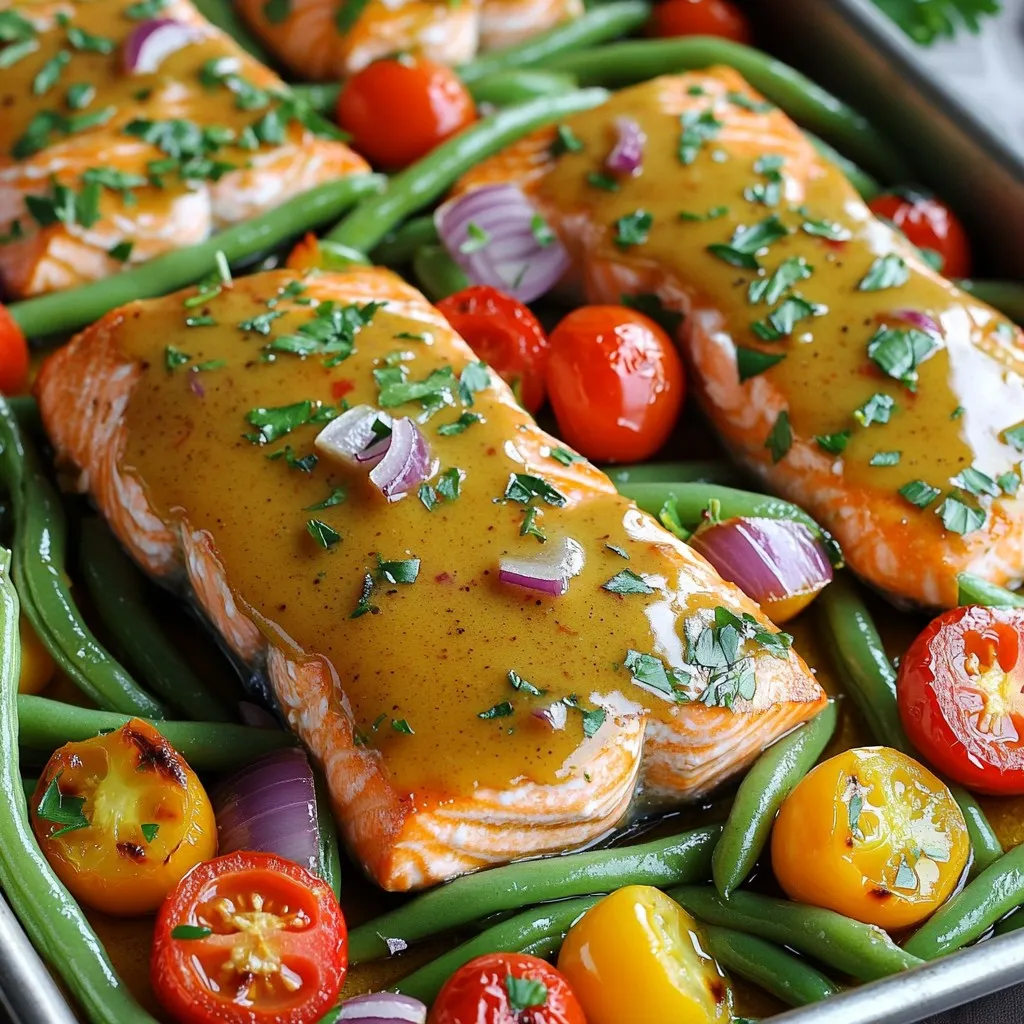 - 4 salmon fillets - 2 tablespoons Dijon mustard - 3 tablespoons pure maple syrup - 2 tablespoons extra virgin olive oil - 1 teaspoon garlic powder - 1 teaspoon smoked paprika - 1 cup fresh green beans, trimmed - 1 cup cherry tomatoes, halved - 1 bell pepper, sliced - 1 red onion, cut into wedges The main ingredients for this dish are simple but full of flavor. The salmon fillets provide a rich source of healthy fats and protein. The maple syrup and Dijon mustard create a sweet and tangy glaze that makes the fish shine. You can pick any color bell pepper you like for a fun touch. Fresh green beans and cherry tomatoes bring bright colors and textures, while red onion adds a nice sweetness when roasted. - Sea salt and black pepper - Fresh parsley for garnish Seasoning is key to making this dish pop. A sprinkle of sea salt and black pepper enhances the natural flavors of the salmon and veggies. Fresh parsley adds a burst of color and freshness to the plate. It’s a small touch, but it makes the meal feel special. You’ll love how these ingredients come together to create a vibrant, tasty dish that is as good to eat as it is to look at. - Preheat your oven to 400°F (200°C). - Line a large sheet pan with parchment paper. This will make cleanup easy and keep things tidy. - In a medium bowl, combine 2 tablespoons of Dijon mustard, 3 tablespoons of pure maple syrup, and 2 tablespoons of extra virgin olive oil. - Add 1 teaspoon of garlic powder, 1 teaspoon of smoked paprika, sea salt, and freshly cracked black pepper to taste. - Whisk all the ingredients until smooth. This glaze will add a sweet and tangy flavor. - Place 4 salmon fillets on the lined sheet pan. - Generously brush half of the maple Dijon glaze over the top of each fillet. Make sure each is well coated. - In a large bowl, combine 1 cup of fresh green beans, 1 cup of halved cherry tomatoes, 1 sliced bell pepper, and 1 red onion cut into wedges. - Drizzle the remaining glaze over the vegetables. Toss them gently to coat them evenly. - Arrange the salmon and veggies on the sheet pan, keeping everything in a single layer. This helps everything cook evenly. - Bake in the preheated oven for 15-20 minutes. - Check the salmon; it’s done when it flakes easily with a fork. The veggies should be tender but still bright in color. The best internal temperature for salmon is 145°F (63°C). Use a meat thermometer for accuracy. To avoid overcooking, remove the salmon when it flakes easily. Keep an eye on it while baking. Salmon cooks fast, so check around 15 minutes. Seasonal vegetables add freshness to your dish. Try using asparagus in spring or squash in fall. For color, mix bell peppers, green beans, and cherry tomatoes. A variety of colors makes your plate pop and look more inviting. Serve the salmon and veggies on a large plate. Arrange them side by side for a neat look. Drizzle some leftover glaze from the pan over the top. This adds flavor and makes the dish more appealing. Sprinkle fresh parsley for a bright touch. {{image_4}} You can swap salmon for chicken or tofu easily. For chicken, use boneless breasts or thighs. Make sure to cut them into even pieces for cooking. Tofu is another great choice for a plant-based meal. Use firm or extra-firm tofu, and press it to remove excess water. Adjust the cooking time by adding 5-10 minutes for chicken. Tofu cooks in about the same time as salmon. Adding herbs and spices can boost the flavor. Fresh thyme or rosemary pairs well with salmon. You can also sprinkle some crushed red pepper for a kick. Consider adding lemon zest for a fresh taste. As for toppings, try crushed nuts or seeds for crunch. A sprinkle of feta cheese can also add creaminess. Switching vegetables can keep this dish exciting. Use seasonal veggies for a fresh twist. In spring, asparagus or snap peas work well. In fall, pumpkin or sweet potatoes can add sweetness. Zucchini or baby potatoes are great options too. Just cut them into even sizes to ensure they cook evenly. The key is to keep the colors bright and varied for a stunning plate! Store leftovers in an airtight container. This helps keep the salmon and veggies fresh. Use glass or plastic containers with tight lids. I like to divide the dish into smaller portions. This makes it easy to grab a meal later. Yes, you can freeze this dish! Wrap each portion tightly in plastic wrap. Then, place the wrapped portions in a freezer bag. Label the bag with the date. This helps keep track of how long it has been frozen. To reheat frozen portions, remove them from the freezer. Thaw in the fridge overnight. You can also use the microwave for quick defrosting. Heat in short bursts to avoid overcooking. Enjoy your meal with fresh sides or a salad! Yes, you can prepare the salmon and veggies ahead. Coat them with the glaze. Place them in the fridge for up to 24 hours. This way, dinner is ready to bake when you are. I love pairing this dish with: - Quinoa or brown rice for a hearty side - A light salad for freshness - Crusty bread to soak up extra sauce These sides balance the flavors and enhance the meal. The salmon is cooked when it flakes easily with a fork. Use a fork to gently press down on the fish. If it separates easily, it’s done! Aim for an internal temperature of 145°F. Absolutely! This dish is great for meal prep. You can store cooked salmon and veggies in airtight containers. Keep them in the fridge for up to three days. Reheat them in the oven or microwave. Yes, you can switch out Dijon for other mustards. Honey mustard adds sweetness, while whole grain gives a nice texture. Adjust the maple syrup if you change the mustard to keep the right balance. This blog post shared a simple yet tasty way to make sheet pan maple Dijon salmon and veggies. You learned about the ingredients, step-by-step instructions, and tips for success. Lastly, you saw how to store leftovers and answers to common questions. With these insights, you can try this dish with confidence. I hope you enjoy cooking and sharing it with others. Now, get ready to savor every bite!