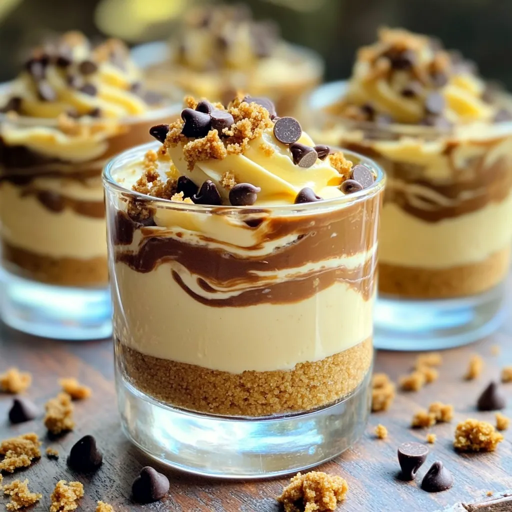 To make the No-Bake Cookie Butter Cheesecake Cups, you will need the following ingredients: - 1 cup smooth cookie butter - 1 package (8 oz) cream cheese, softened to room temperature - 1/2 cup powdered sugar - 1 teaspoon pure vanilla extract - 1 cup heavy whipped cream (store-bought or homemade) - 1 cup finely crushed graham crackers - 1/4 cup unsalted butter, melted - Chocolate chips (for garnish) - Crushed cookies (for garnish, such as Oreos or Biscoff cookies) These ingredients create a rich and creamy dessert. The smooth cookie butter gives it a unique flavor. Cream cheese adds a nice tang. The whipped cream makes it light and fluffy. The graham cracker base gives a crunchy texture that pairs well with the creamy filling. Using high-quality ingredients makes a big difference. Choose a good cookie butter for the best taste. Make sure your cream cheese is at room temperature. This helps it blend smoothly. You can use store-bought whipped cream or make your own. Making it fresh adds to the flavor. When you gather your ingredients, you’re ready to create a dessert that will impress your friends and family. Enjoy the process of making these delightful cheesecake cups! 1. In a medium bowl, combine 1/4 cup melted butter with 1 cup crushed graham crackers. 2. Mix until the texture looks like wet sand. 3. Use about 2 tablespoons of this mixture for each serving glass. 4. Press down lightly with a spoon to form a firm base. 1. In a large bowl, blend 1 package (8 oz) softened cream cheese with 1 cup cookie butter until smooth. 2. Add 1/2 cup powdered sugar and 1 teaspoon vanilla extract. Mix until well combined. 3. Gently fold in 1 cup heavy whipped cream using a spatula. Be careful not to deflate the whipped cream. 1. Spoon the creamy filling over the graham cracker crusts in each glass. 2. Fill the glasses to the top with the cheesecake mixture. 3. Cover the glasses with plastic wrap. Refrigerate for at least 2 hours to set. 4. Before serving, top with chocolate chips and crushed cookies for a fun garnish. To keep your filling light and airy, fold the whipped cream gently. This helps keep the air inside. Start by mixing the cream cheese and cookie butter until smooth. Then, add the powdered sugar and vanilla. Blend well, but don’t overmix. To avoid lumps in your cream cheese, make sure it’s soft. Leave it out at room temperature for about 30 minutes. Mix it with the cookie butter until it is fully smooth. If you still see lumps, keep blending until it’s creamy. Garnish your cheesecake cups with chocolate chips and crushed cookies. This adds a fun crunch and makes it look pretty. Use a spoon to sprinkle the toppings on just before you serve. For presentation, clear glasses show off the layers well. You can place the cups on a nice platter. Add whole cookies next to the cups for a fun touch. This makes your dessert table look inviting. If you want to change the sweetness, you can. To reduce sugar, cut back on the powdered sugar by a couple of tablespoons. Taste the filling as you go. For sweeteners, you can use honey or maple syrup. They add a different flavor, but work well. Just remember, these may change the texture slightly, so mix well. {{image_4}} You can switch up the flavor of your cheesecake cups. Try using different butters. Instead of cookie butter, use: - Almond butter - Peanut butter - Sunflower seed butter Each choice brings a unique taste. You can also add chocolate or caramel layers. Drizzle melted chocolate or caramel between layers for a rich twist. If you need gluten-free options, swap regular graham crackers for gluten-free ones. Look for brands made from rice or almond flour. For a dairy-free version, use these: - Vegan cream cheese - Coconut whipped cream These swaps keep the taste amazing while meeting dietary needs. You can easily scale this recipe up or down. For a larger crowd, double the ingredients. For a small treat, halve the recipe. For bite-sized servings, use mini cups. This way, everyone can enjoy a small taste without too much sweetness. To store your cheesecake cups, place them in the fridge. Use a tight container to keep them fresh. If you use plastic wrap, make sure it touches the surface of the dessert. This helps prevent drying out. I recommend using glass jars or airtight plastic containers. Both options help keep flavors intact and maintain the right texture. If you want to freeze the cheesecake cups, first let them set in the fridge for at least two hours. Then, cover each cup with plastic wrap. After that, place them in a freezer-safe container. To thaw, move the cups to the fridge overnight. This keeps them creamy and prevents ice crystals. Avoid thawing at room temperature, as it can change the texture. You can use other nut butters. Almond butter or peanut butter works well. You can also try speculoos spread for a similar taste. Each option gives a unique flavor to the cheesecake cups. If you want a dairy-free option, try using cashew cream. To make cashew cream, soak cashews in water, then blend until smooth. Greek yogurt is another great substitute. It adds a nice tang while keeping the texture creamy. The cheesecake cups stay fresh for about 3 to 4 days in the fridge. Store them in airtight containers to keep them tasting great. If you notice any changes in texture or smell, it's best to toss them. This blog post gave you a full guide to making delicious cheesecake cups. You learned about the ingredients, step-by-step instructions, and tips for perfecting texture. You explored flavor variations and dietary adjustments to suit your needs. Finally, I shared storage tips to keep them fresh. With these easy steps, you can create something tasty and fun. Enjoy crafting these treats for any occasion!