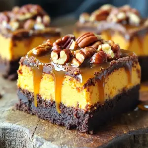 - 1 cup unsalted butter, cubed - 2 cups granulated sugar - 4 large eggs, at room temperature - 1 cup all-purpose flour - 1 cup unsweetened cocoa powder - 1 teaspoon vanilla extract - ½ teaspoon salt - 8 oz cream cheese, softened - 1 cup canned pumpkin puree - ½ cup granulated sugar - 2 large eggs, at room temperature - 1 teaspoon ground cinnamon - ½ teaspoon ground nutmeg - ½ cup chopped pecans, toasted I love how these ingredients come together to create a rich, tasty treat. The brownie layer starts with butter, which gives it a nice, smooth texture. The granulated sugar adds sweetness, while eggs make it moist. The flour and cocoa powder give the brownies their structure and chocolate flavor. For the pumpkin cheesecake layer, cream cheese is key for richness. Canned pumpkin puree brings that wonderful autumn flavor. The sugar sweetens it up, and the spices—cinnamon and nutmeg—add warmth. Finally, toasted pecans give a crunchy bite and a nice nutty taste. Using these ingredients, you can create brownies that are not just desserts but a celebration of flavors. They are perfect for gatherings or just a cozy night at home. - Set the temperature to 350°F (175°C) - Prepare the baking dish Start by preheating your oven. This helps the brownies cook evenly. Use a 9x13 inch baking dish. You can grease it with butter or line it with parchment paper. This makes it easy to remove the brownies later. - Melt butter and mix in sugar - Add eggs and combine - Stir in vanilla and dry ingredients In a large saucepan, melt the cubed butter over medium heat. Once it’s melted, remove it from the heat. Add the granulated sugar, stirring until well blended. Next, mix in four large eggs, one at a time. It’s important to mix well after each egg. Finally, stir in one teaspoon of vanilla extract. In a separate bowl, sift together one cup of all-purpose flour, one cup of unsweetened cocoa powder, and half a teaspoon of salt. Carefully fold this dry mix into the butter mixture. Be gentle to avoid overmixing, which can make the brownies too dense. - Spread brownie batter in baking dish - Prepare pumpkin cheesecake mixture - Layer pumpkin cheesecake over brownies and add pecans Now, pour the brownie batter into your prepared baking dish. Use a spatula to spread it evenly across the bottom. Next, prepare the pumpkin cheesecake mixture. In a mixing bowl, beat eight ounces of softened cream cheese until creamy. Add one cup of canned pumpkin puree, half a cup of granulated sugar, two large eggs, one teaspoon of ground cinnamon, and half a teaspoon of ground nutmeg. Mix until it’s smooth. Pour this pumpkin cheesecake mix over the brownie layer. Spread it out evenly. Top with half a cup of chopped, toasted pecans for extra flavor and crunch. - Bake for 30-35 minutes - Allow cooling and chill before slicing Place the dish in the preheated oven. Bake for 30 to 35 minutes. Check if it’s done by inserting a toothpick into the brownie layer. It should come out mostly clean, with just a few moist crumbs. After baking, let the brownies cool in the pan for about 30 minutes. Then, transfer them to the fridge. Chill for at least two hours before slicing into squares. Enjoy the rich flavors of pumpkin and pecan in every bite! To make brownies that are soft and chewy, avoid overmixing the batter. When you stir in the dry ingredients, mix gently. Overmixing can make brownies dense and tough. After baking, ensure proper cooling. Let them sit in the pan for about 30 minutes. Then, chill them for at least 2 hours in the fridge. This helps them firm up for nice, clean slices. For the best cheesecake flavor, use fresh spices. Ground cinnamon and nutmeg should be fresh for a vibrant taste. You can also adjust sweetness to fit your taste. If you like it sweeter, add more sugar to the pumpkin layer. Taste as you go to find your perfect balance. When serving, add a dollop of whipped cream. This adds a light and creamy touch. You can also drizzle caramel on top for a sweet finish. Pair these brownies with seasonal drinks, like apple cider or warm coffee, to enhance the flavors. Enjoying them with friends makes this treat even better! {{image_4}} If you want to make these brownies gluten-free, it’s easy. Just swap the all-purpose flour with gluten-free flour. This change keeps the texture while making it safe for gluten-sensitive folks. Pecans add a lovely crunch, but you can use other nuts too. Walnuts or almonds work well in this recipe. Each nut brings its own taste, adding a fun twist to your brownies. To boost the flavor, consider adding chocolate chips. They melt and create pockets of gooey chocolate in every bite. You can also try different flavored extracts. Almond or maple extracts can add a unique touch to your dessert. To keep your Pumpkin Pecan Cheesecake Brownies fresh, store them in an airtight container. This helps prevent them from drying out. You can place parchment paper between layers to avoid sticking. If you want to save some for later, freezing is a great option. First, cut the brownies into squares. Wrap each square tightly in plastic wrap. Then place them in a freezer bag or airtight container. When you want to enjoy them, thaw in the fridge overnight. In the fridge, these brownies last about 5-7 days. If stored properly in the freezer, they can last up to 3 months. Always check for any signs of freezer burn before eating. Enjoying them fresh will give you the best flavor and texture! Yes, you can prepare these brownies ahead of time. Just store them in an airtight container. They taste great even after a few days. Just make sure to let them cool completely before you store them. To check if the brownies are done, use the toothpick test. Insert a toothpick into the center of the brownies. If it comes out mostly clean with a few moist crumbs, they are ready. The center should not be jiggly, but it can be soft. You can use fresh pumpkin instead of canned. Just make sure to cook and puree it first. Also, you may need to adjust the liquid in the recipe. Fresh pumpkin can be a bit wetter than canned. To prevent a soggy layer, you might want to reduce the eggs slightly. These layered brownies combine rich flavors from both the chocolate and pumpkin cheesecake. You learned how to create each layer and the best ways to enjoy them. Using fresh spices and proper cooling makes your dessert shine. Feel free to play with flavors or go gluten-free. Storing them right preserves their taste. With these tips, you'll impress everyone. Enjoy baking and sharing this delightful treat!
