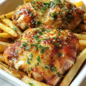 - 4 chicken thighs (bone-in and skin-on) - 1/4 cup olive oil (used for chicken and fries) For this dish, I choose bone-in and skin-on chicken thighs. They stay juicy and tender while baking. The skin also adds crunch and flavor. You need just 1/4 cup of olive oil. This oil helps the spices stick to the chicken and gives it a nice golden color. - 4 medium-sized russet potatoes, cut into fries - Spices and seasonings: - 1 tablespoon garlic powder - 1 teaspoon paprika - 1 teaspoon cayenne pepper (adjust to taste) - 1/2 teaspoon salt - 1/2 teaspoon black pepper I use 4 medium russet potatoes for the fries. They have a great texture when baked. Cut them into thick fries for the best crunch. The spices add a kick! You will mix garlic powder, paprika, cayenne pepper, salt, and black pepper. Adjust the cayenne for your spice level. This blend gives fries a tasty kick that pairs perfectly with the chicken. {{ingredient_image_1}} Preheating the oven First, set your oven to 425°F (220°C). This heat is perfect for crispy fries and juicy chicken. Tossing and coating the fries Next, grab 4 medium-sized russet potatoes. Cut them into fries. In a large bowl, mix the fries with 2 tablespoons of olive oil, 1 tablespoon of garlic powder, 1 teaspoon of paprika, 1 teaspoon of cayenne pepper, 1/2 teaspoon of salt, and 1/2 teaspoon of black pepper. Toss well until each fry is coated. Spread the fries evenly on a baking sheet lined with parchment paper. Mixing and applying the spice rub Now, let’s get the chicken ready. Take 4 chicken thighs, bone-in and skin-on. In a bowl, mix 2 tablespoons of olive oil with 1 tablespoon of garlic powder, 1 teaspoon of paprika, 1 teaspoon of cayenne pepper, 1/2 teaspoon of salt, and 1/2 teaspoon of black pepper. Rub this spice mix all over the chicken thighs. Make sure they are well coated for great flavor. Techniques for ensuring even coating To ensure even coating, use your hands to spread the rub. Press it into the skin and meat. This helps the spices stick and flavor every bite. First baking stage for fries Place the baking sheet with the fries in the oven. Bake for 20 minutes. This will start to crisp them up. Introducing chicken to the baking sheet After 20 minutes, take out the baking sheet. Make some space among the fries. Place the chicken thighs skin-side up in the open spots. Sprinkle 1/2 cup of grated Parmesan cheese generously over each thigh. Final baking instructions and temperature checks Put the baking sheet back in the oven. Bake for an additional 25-30 minutes. Use a meat thermometer to check that the chicken reaches 165°F (75°C). Look for golden and crispy fries to know it’s ready. If you like spice, drizzle hot sauce over the chicken before serving. Enjoy your meal! To make crispy fries, start with russet potatoes. They have the best starch content. Cut them into even sticks. This helps them cook evenly. Soak the fries in cold water for about 30 minutes. This step removes excess starch and makes fries crispy. For cooking, you can use the oven or an air fryer. The oven gives good results. Spread the fries on a baking sheet in a single layer. This way, they cook evenly. Bake at 425°F (220°C) for 20 minutes, then flip them. If you like extra flavor, sprinkle more spices halfway through. Adjust the paprika or cayenne to suit your taste. To boost the chicken's taste, explore different spices. Try adding onion powder or Italian herbs. These can bring a new twist to the dish. You can also use lemon zest for fresh flavor. To check if the chicken is done, use a meat thermometer. The internal temperature should reach 165°F (75°C). If you don't have a thermometer, cut into the thickest part. The juices should run clear, not pink. For a beautiful presentation, use a large platter. Arrange the fries around the chicken. The golden color looks great together. Garnish with fresh parsley for a pop of color. You can pair this dish with dipping sauces. Ranch dressing or a spicy aioli work well. For sides, a simple salad or steamed veggies balance the meal. Enjoy your Spicy Garlic Parmesan Chicken and Fries! Pro Tips Marinate the Chicken: For even more flavor, consider marinating the chicken thighs in the spice mixture for a few hours or overnight. Cut Uniform Fries: Ensure the potato fries are cut to the same thickness for even cooking and a consistent texture. Use Parchment Paper: Lining your baking sheet with parchment paper helps prevent sticking and makes for easier cleanup. Check Doneness: Always use a meat thermometer to check that the chicken reaches an internal temperature of 165°F (75°C) for safety. {{image_2}} You can switch up the flavors in your Spicy Garlic Parmesan Chicken and Fries. Instead of the usual spices, try some Asian or Mediterranean blends. For an Asian twist, use soy sauce, ginger, and sesame oil. This mix adds a savory and slightly sweet taste. If you prefer Mediterranean flavors, try oregano, lemon juice, and feta cheese. These spices bring a fresh and zesty kick to the dish. Baking is a great way to make this dish healthier. Instead of frying, you can bake both the chicken and fries. Baking uses less oil and keeps the food lighter. For the fries, cut the potatoes thinly and spread them out on the baking sheet. This allows them to get crispy without extra oil. The chicken will also turn out juicy and tender when baked. If you need a gluten-free or dairy-free meal, you have options. For gluten-free, use a gluten-free hot sauce or seasoning. You can replace the Parmesan cheese with nutritional yeast for a dairy-free choice. Nutritional yeast gives a cheesy flavor without any dairy. This way, everyone can enjoy the dish without worry. To keep your Spicy Garlic Parmesan Chicken and Fries fresh, follow these steps: - Refrigeration: Place leftovers in an airtight container. Make sure it seals well. Store in the fridge. They are best eaten within 3 days. - Freezing: For longer storage, freeze the chicken and fries. Use freezer bags or airtight containers. Remove as much air as possible to prevent freezer burn. They can last up to 3 months in the freezer. Reheating your meal correctly helps maintain flavor and texture. Here’s how: - Oven Method: Preheat your oven to 375°F (190°C). Place the chicken and fries on a baking sheet. Heat for about 20 minutes. Check that the chicken is heated through. - Microwave Method: Place your chicken and fries on a microwave-safe plate. Heat for 1-2 minutes on high. Check often to ensure even heating. By following these steps, your leftovers will taste almost as good as when you first made them! Yes, you can use boneless chicken thighs. If you choose boneless, reduce the cooking time. Bake the chicken for about 20 to 25 minutes. Make sure to check that it reaches 165°F (75°C). Boneless thighs cook faster, so watch closely. I love serving this dish with a fresh salad. A simple green salad adds a nice crunch. You can also try coleslaw for a creamy touch. Another great option is steamed broccoli or green beans for extra veggies. Garlic bread pairs well too! To tone down the heat, skip the cayenne pepper. You can also reduce the amount of hot sauce. Instead, add more garlic powder for flavor without the spice. A little honey or brown sugar can balance out the heat too. This blog post showed you how to make Spicy Garlic Parmesan Chicken and fries. You learned about key ingredients, step-by-step instructions, and tips for success. I shared ways to customize flavors and make healthier choices too. Remember, perfecting this dish is all about practice. Use the tips to create your own amazing version. Enjoy this tasty meal, and share it with friends and family!
