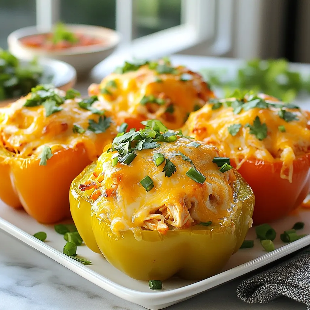To make Cheesy Buffalo Chicken Stuffed Peppers, gather these ingredients: - 4 large bell peppers (any color) - 2 cups cooked shredded chicken - 1/2 cup buffalo sauce (adjust for spiciness) - 1 cup cream cheese, softened - 1 cup shredded cheddar cheese - 1/2 cup chopped green onions - 1 teaspoon garlic powder - 1/2 teaspoon onion powder - Salt and pepper to taste You can swap out the cheese or sauce based on your taste. Try blue cheese for a twist or a milder sauce if you prefer less heat. Add some fresh touches to your dish with these optional garnishes: - Fresh cilantro - Additional green onions or diced tomatoes These garnishes not only enhance the flavor but also add color to your plate, making your meal look even more inviting. {{ingredient_image_1}} 1. Preheat your oven to 375°F (190°C). This step gets your oven ready for baking. 2. Next, take 4 large bell peppers. Cut off the tops and remove the seeds and membranes. Set them aside. This makes space for your tasty filling. 3. In a large mixing bowl, combine: - 2 cups cooked shredded chicken - 1/2 cup buffalo sauce (adjust to your spice level) - 1 cup softened cream cheese - 1/2 cup chopped green onions - 1 teaspoon garlic powder - 1/2 teaspoon onion powder - Salt and pepper to taste Mix all these ingredients until they blend well. This is your buffalo chicken stuffing. 1. Now, take each bell pepper and stuff it with the buffalo chicken mixture. Press down to fill them well. This ensures every bite is full of flavor. 2. Place the stuffed peppers upright in a baking dish. You can add a little water to the bottom of the dish. This helps steam the peppers while they bake. 3. Cover the dish with aluminum foil. Bake for 25 minutes. This keeps the peppers moist and tender. 4. After 25 minutes, take off the foil. Sprinkle the remaining shredded cheddar cheese on top of each pepper. Return them to the oven for an additional 10-15 minutes. The cheese should melt and bubble nicely. 1. Once done, remove the peppers from the oven. Let them cool for a few minutes. This keeps you from burning your mouth. 2. For serving, place the stuffed peppers on a platter. You can garnish with fresh cilantro for color. Serve with extra buffalo sauce on the side for dipping. Enjoy your delicious Cheesy Buffalo Chicken Stuffed Peppers! For the best cheese blend, I suggest using cream cheese and cheddar cheese. Cream cheese adds a smooth texture. Cheddar cheese gives a nice sharpness. Mix them well to create a creamy filling. If you want it extra creamy, try adding a bit of sour cream too. This will make each bite even richer and more delicious. Choosing the right buffalo sauce is key. Some brands are hotter than others. If you like heat, go for a spicy brand. To make it milder, mix in some ranch dressing with your buffalo sauce. This will tone down the heat but keep the flavor. You can also add more cream cheese to balance the spice. Always taste as you go to find the right mix for you. Baking times can change based on your oven. If your oven runs hot, check the peppers a bit early. Always look for the cheese to bubble and the peppers to soften. If they are not done, cover them and bake a little longer. A fork should easily pierce the pepper when it’s ready. This way, your stuffed peppers will be cooked just right and packed with flavor. Pro Tips Choose Colorful Peppers: Using a mix of red, yellow, and green bell peppers not only enhances the visual appeal but also adds a subtle difference in flavor. Make it Ahead: Prepare the stuffed peppers a day in advance and store them in the fridge. Just bake them when you're ready to serve! Customize the Heat: Adjust the amount of buffalo sauce according to your spice preference. You can also add jalapeños for an extra kick! Serve with Dipping Sauces: Pair these stuffed peppers with ranch or blue cheese dressing for a delicious dipping option. {{image_2}} You can switch out the chicken for other proteins. Rotisserie chicken works great and saves time. Ground turkey is another good option. It cooks quickly and is lower in fat. If you're looking for a vegetarian choice, use beans or lentils. Black beans add a nice texture. Lentils are also packed with protein and fiber. Feel free to mix up the flavors! Instead of buffalo sauce, try BBQ or ranch dressing. These sauces give a new twist to the dish. You can also add different vegetables. Chopped bell peppers or spinach can make it more colorful. Spices like cumin or paprika can also add depth. Experiment with what you like best! These stuffed peppers are very versatile. You can serve them as a main dish or as appetizers. They pair well with sides like rice or a fresh salad. For a fun touch, serve extra buffalo sauce on the side. It gives everyone the chance to dip and enjoy! To store your cheesy buffalo chicken stuffed peppers, first let them cool. Then, place them in an airtight container. Make sure to seal it well to keep out air. You can keep these stuffed peppers in the fridge for up to three days. If you want to keep them longer, freezing is a good option. When it's time to enjoy your leftovers, I suggest using the oven for reheating. Preheat it to 350°F (175°C). Place the stuffed peppers in a baking dish, cover with foil, and heat for about 20 minutes. This method helps keep them from getting soggy. If you prefer the microwave, heat them in short bursts. Check often to avoid overcooking and losing flavor. You can freeze these stuffed peppers before or after baking. If you freeze them raw, stuff the peppers and place them in a freezer-safe dish. Cover tightly and freeze for up to three months. When you’re ready to cook, just thaw in the fridge overnight. To freeze after baking, let them cool completely, then wrap in foil and place in a container. Thaw in the fridge before reheating as mentioned above. You can prep these stuffed peppers a day in advance. First, cook and shred the chicken. Then mix it with buffalo sauce, cream cheese, and spices. Next, stuff the peppers with this mixture. Cover them tightly and store in the fridge. When you're ready to bake, just pop them in the oven. This method makes cooking easier and quicker. Absolutely! You can use any color of bell pepper. Red, yellow, and green all work well. If you want a bit more heat, try mild chili peppers. Just remember to adjust the cooking time if the peppers are smaller. The taste will still be great, no matter which pepper you choose. There are many tasty sauces you can serve with these peppers. Ranch dressing is a classic choice. Blue cheese dressing also pairs well with the buffalo flavor. You can even serve extra buffalo sauce for those who love spice. These sauces add another layer of flavor to your meal. In making Cheesy Buffalo Chicken Stuffed Peppers, you’ve learned about key ingredients, steps, and variations. We covered how to prepare, bake, and finish these delicious snacks. You also got tips on adjusting flavors and storing leftovers. Whether you choose different proteins or sauces, the options are endless. Enjoy creating your own version of this dish. Experiment with flavors to find what you love best. Happy cooking!