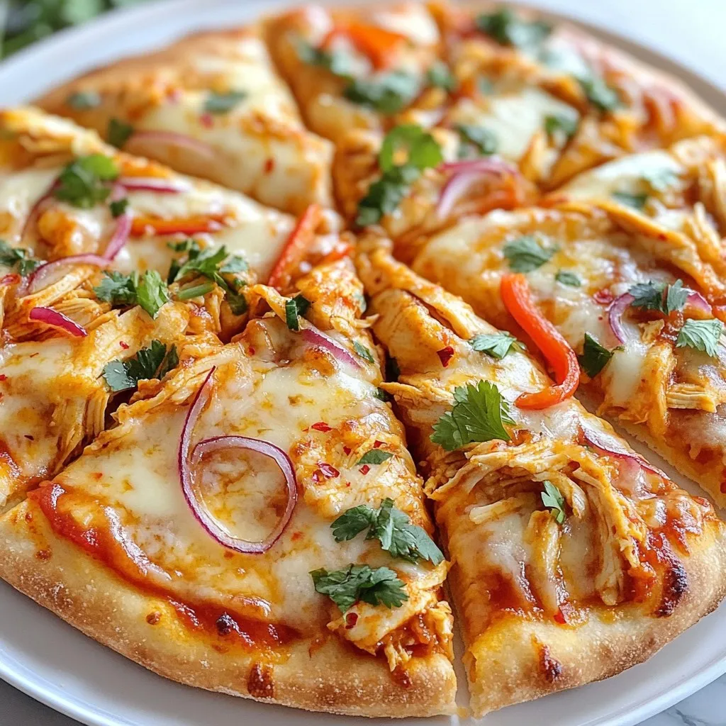 To make a great chili garlic chicken pizza, you need some key ingredients. Here’s what you will need: - 1 pre-made pizza dough (or homemade if preferred) - 1 cup cooked chicken, shredded - 1/2 cup chili garlic sauce - 1 cup mozzarella cheese, shredded - 1/2 cup red bell pepper, thinly sliced - 1/2 cup red onion, thinly sliced - 1/4 cup fresh cilantro, chopped - 1 teaspoon olive oil - Salt and pepper to taste These ingredients bring bold flavors to your pizza. The chili garlic sauce gives a spicy kick, while the mozzarella adds a creamy touch. If you want to take your pizza to the next level, consider these optional ingredients: - 1/2 teaspoon crushed red pepper flakes (optional, for extra heat) - Other vegetables like mushrooms or spinach can add more texture. - A sprinkle of parmesan cheese can enhance the flavor. These extras can make your pizza unique. Feel free to mix and match! You can use different types of pizza dough based on your taste. Here are some great options: - Store-bought pizza dough is quick and easy. - Homemade dough can be more fun and fresh. - Cauliflower crust for a low-carb choice. - Whole wheat dough for a healthier option. Choose the dough that fits your needs. Each type will give your pizza a different vibe. Happy cooking! {{ingredient_image_1}} Set your oven to 475°F (245°C). This high heat helps the crust cook well. If you use a pizza stone, place it in the oven to warm up. Take your pre-made pizza dough. Roll it out on a floured surface. Aim for your favorite thickness. Transfer the dough to a baking sheet or the hot pizza stone. Make sure it fits nicely. Grab a mixing bowl and add the cooked chicken. Pour in the chili garlic sauce. Mix it well until all the chicken is coated. You want each piece to soak in the bold flavors. This step is key. The sauce gives the chicken its spicy kick. Now, take your rolled-out dough. Drizzle a thin layer of olive oil over it. Leave a small edge for the crust. Next, spread the chili garlic chicken evenly on the dough. This ensures every bite has flavor. Sprinkle the shredded mozzarella cheese over the chicken. Add the thinly sliced red bell pepper and red onion on top. If you enjoy heat, sprinkle some crushed red pepper flakes. Finally, season with salt and pepper to taste. Bake your pizza for about 12-15 minutes. Look for a golden-brown crust and bubbly cheese. Let it cool for a few minutes, then slice. Garnish with fresh cilantro before serving. For great pizza dough, use room temperature dough. This helps it stretch easily. If you use pre-made dough, check the package for specific tips. Dust your work surface with flour. This prevents sticking. Roll the dough to your desired thickness. A thin crust cooks well and stays crispy. If you want a thicker crust, shape it gently. Avoid overworking the dough. This keeps the texture light and airy. Bake your pizza at a high temperature, around 475°F (245°C). This helps the crust become crispy and golden. Keep an eye on the baking time. Most pizzas need about 12-15 minutes. Look for bubbling cheese and a golden crust. If you have a pizza stone, use it. Preheat the stone for best results. It helps cook the base evenly. After baking, let your pizza cool for a few minutes. This makes slicing easier. Before serving, sprinkle fresh cilantro on top. It adds color and flavor. You can also serve chili garlic chicken pizza with a side of dipping sauce. Try ranch or a spicy aioli for extra flavor. Cut the pizza into squares for easy sharing. Enjoy it hot with friends or family! Pro Tips Use Fresh Ingredients: Fresh vegetables and herbs enhance the flavor and texture of your pizza, making it more vibrant and delicious. Preheat Your Oven: Ensure your oven is fully preheated for a crispy crust. Pizza cooks best at high temperatures. Experiment with Toppings: Feel free to customize your pizza with additional toppings like jalapeños or pineapple for a unique twist. Let It Rest: Allow the pizza to rest for a few minutes after baking. This helps the cheese set and makes slicing easier. {{image_2}} You can switch the chicken for other meats. Try cooked shrimp or pork. These options add new flavors to the pizza. You can also use beef or turkey. Each meat brings its own taste. Just ensure the meat is cooked thoroughly before adding it to the pizza. If you prefer a meatless meal, you have great options. Use grilled vegetables like zucchini, mushrooms, or eggplant. They add a nice texture and flavor. You can also use chickpeas for protein. They work well with the chili garlic sauce. Make sure to keep the sauce and cheese for great taste. There are many sauces you can try. Instead of chili garlic sauce, use barbecue sauce for a sweet twist. Pesto is a great option too, giving a fresh, herby flavor. For cheese, you can mix it up. Try goat cheese for a tangy bite or feta for a salty kick. Mixing different cheeses can create a unique taste each time. To keep your chili garlic chicken pizza fresh, let it cool first. Once cool, slice the pizza. Place the slices in a sealed container. Use parchment paper between the slices to avoid sticking. Store the container in the fridge. This way, your pizza stays tasty for up to three days. When you want to enjoy your leftover pizza, use the oven for the best taste. Preheat the oven to 375°F (190°C). Place the pizza slices directly on the oven rack or a baking sheet. Heat for about 10 minutes. This makes the crust crisp and the cheese melty. Avoid using the microwave, as it can make the crust soggy. Freezing is a great option if you have more pizza than you can eat. Wrap each slice in plastic wrap tightly. Then, place the wrapped slices in a freezer bag. Remove as much air as possible. You can freeze the pizza for up to two months. When you are ready to eat, let it thaw in the fridge overnight before reheating. Chili garlic sauce is a spicy blend of chili peppers and garlic. It adds bold heat to dishes. You can find it in stores or make it at home. To make it, blend fresh chilies, garlic, vinegar, and salt. This sauce works great on pizzas, like our chili garlic chicken pizza. It gives the pizza a zesty kick and rich flavor. Yes, you can use homemade pizza dough. Making your own dough can be fun and tasty. Just roll it out to your preferred thickness. Follow the same steps for baking as with pre-made dough. Homemade dough allows you to control the ingredients and flavors. To make your pizza spicier, add more chili garlic sauce. You can also include crushed red pepper flakes. Sprinkle them on top before baking. For an even greater heat, try adding sliced jalapeños or other hot peppers. Remember, heat levels vary, so adjust to your taste. Chili garlic chicken pizza goes well with fresh salads. A simple green salad with lemon dressing works great. You can also serve it with garlic bread or cheesy breadsticks. For a refreshing drink, try iced tea or a light beer. These sides enhance the pizza’s bold flavors and make a complete meal. This blog post covered everything you need to make a tasty chili garlic chicken pizza. We explored key ingredients, step-by-step cooking methods, and lots of helpful tips and tricks. You can add your favorite meats, sauces, or even go vegetarian. Plus, we discussed the best ways to store leftovers and answers to common questions. Cooking should be fun! With this guide, I hope you enjoy making and sharing this dish. It’s sure to impress everyone at your table. Get ready to savor each bite!