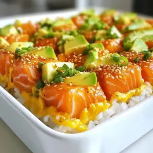 - 1 cup sushi rice - 1 pound fresh salmon, skinless and cubed Sushi rice is the base of this dish. It has a sticky texture that holds together well. Fresh salmon adds rich flavor and protein. These two ingredients make the heart of your spicy salmon sushi bake. - 1 tablespoon rice vinegar - 1 tablespoon sugar - 1 teaspoon salt - 2 tablespoons mayonnaise - 1 tablespoon sriracha Rice vinegar, sugar, and salt balance the sushi rice. They create a tangy and sweet flavor that complements the salmon. The mayonnaise makes the salmon creamy. Sriracha gives it a spicy kick. You can adjust the sriracha amount to fit your spice level. - ½ avocado, sliced - 1 green onion, chopped - Nori strips, cut into strips - Sesame seeds Sliced avocado adds a smooth texture. Chopped green onions give a fresh crunch. Nori strips are perfect for scooping or rolling. Sesame seeds add a nice, nutty flavor and look great on top. These garnishes make your dish pop visually and tastefully. {{ingredient_image_1}} First, rinse the sushi rice under cold water. Keep rinsing until the water runs clear. This step removes excess starch and helps the rice cook better. Next, combine the rinsed rice with 1 ¼ cups of water in a medium saucepan. Bring it to a boil. After it boils, cover the pot and lower the heat. Cook for about 18-20 minutes until the rice is tender and the water is gone. After cooking, take the pot off the heat. Let the rice rest for 10 minutes. Fluff it with a fork, then mix in 1 tablespoon of rice vinegar, 1 tablespoon of sugar, and 1 teaspoon of salt. Set this delicious rice aside. In a bowl, take 1 pound of fresh, skinless salmon and cube it. Add 2 tablespoons of mayonnaise and 1 tablespoon of sriracha. Adjust the sriracha to fit your spice level. Mix everything together until combined. This mixture gives a nice kick to the dish. Now, grab an 8x8-inch baking dish and grease it lightly. Spread the sushi rice evenly across the bottom. Next, layer the spicy salmon mixture on top of the rice. Preheat your oven to 350°F (175°C). Bake the dish for 15-20 minutes. The salmon should be cooked through and slightly golden on top when done. Once baked, take it out and let it cool for a few minutes. Top with sliced avocado and sprinkle some chopped green onions and sesame seeds for extra flavor and texture. Serve it warm with nori strips for scooping or rolling. Enjoy your tasty Spicy Salmon Sushi Bake! To get perfect sushi rice, rinse it well. Wash it under cold water until it runs clear. This step removes extra starch, making it less sticky. Use a medium saucepan. Combine 1 cup of sushi rice with 1 ¼ cups of water. Bring it to a boil, then cover and lower the heat. Cook for 18-20 minutes until the water is gone. Let it rest for 10 minutes after cooking. Fluff the rice with a fork and stir in rice vinegar, sugar, and salt for flavor. If you are short on time, try using a rice cooker. It makes cooking easier and more precise. You can also cook the rice ahead of time and store it in the fridge. You can adjust the spice with sriracha to fit your taste. Start with 1 tablespoon and add more if needed. Mix it well with mayonnaise and salmon. This way, you control how spicy it gets. If sriracha is too hot for you, try other options. You can use sweet chili sauce for a milder taste. You can also use a bit of wasabi for a different kick. Serving your sushi bake with nori strips adds fun. Cut nori sheets into strips for easy scooping or rolling. This makes it a tasty hand-held treat. Garnishing is key for a great look. Top your dish with sliced avocado for creaminess. Use chopped green onions and sesame seeds for extra color and crunch. A good presentation makes the dish even more appealing. Pro Tips Choose Fresh Salmon: Always opt for the freshest salmon you can find; it makes a significant difference in flavor and texture. Adjust Spice Level: Feel free to modify the amount of sriracha based on your heat preference; start with less and add more if desired. Perfectly Cooked Rice: Ensure your sushi rice is perfectly cooked and fluffed to provide a great base for the salmon mixture. Garnish for Appeal: Don't skip the garnishes! Avocado, green onions, and sesame seeds add flavor and visual appeal. {{image_2}} You can easily swap salmon for other seafood. Shrimp or crab works great in this dish. Just cook them until they're tender. For a vegetarian option, use cooked mushrooms or tofu. They soak up flavors well and offer a nice texture. Experiment with different sauces or spices for a new twist. Try adding teriyaki sauce for sweetness or chili paste for heat. Each sauce brings its unique taste. Seasonal vegetables can also enhance your sushi bake. Add bell peppers, zucchini, or spinach for a fresh crunch. These veggies pair well with the creamy salmon mix. Sushi bake nachos are a fun twist. Simply scoop the warm sushi bake onto tortilla chips. Top with avocado and green onions for a tasty snack. You can also make a sushi bake casserole. Use a larger dish and layer more rice and salmon. This feeds more people and looks great on a table. To store leftovers, let the sushi bake cool first. Place it in an airtight container. This keeps it fresh and prevents odors. Use a glass or plastic container with a tight lid. It should fit the size of your leftover sushi bake. You can reheat in the microwave or the oven. The microwave is faster. Heat it in short bursts, about 30 seconds at a time. Stir in between to avoid hot spots. The oven takes longer but keeps the texture better. Preheat it to 350°F (175°C) and bake for about 10-15 minutes. Cover it with foil to stop it from drying out. You can freeze the sushi bake before or after baking. If freezing before baking, wrap it tightly in plastic wrap. Then, place it in a freezer-safe bag. If you freeze after baking, let it cool first. Thaw the dish in the fridge overnight before reheating. To reheat, use the oven or microwave as mentioned above. Enjoy it as good as fresh! Using white rice changes the dish's texture and flavor. Sushi rice is sticky and short-grain. It holds together well, which is key for sushi. White rice is long-grain and less sticky. This can make the bake crumbly. For best results, stick to sushi rice. Look for visual cues to tell if the salmon is done. The flesh should turn from bright pink to a lighter color. It will also flake easily with a fork. If you see any raw or translucent spots, it needs more time. A thermometer should read 145°F (63°C) for safe eating. Yes, you can make this dish ahead of time. Cook the sushi rice and salmon mixture earlier in the day. Store them separately in the fridge. When you're ready, layer them in the baking dish and bake. This makes meal prep easy and quick. Making sushi bake at home is simple and fun. We explored key ingredients, from sushi rice to fresh salmon, and how to enhance flavors. You learned to prepare the sushi rice and mix the spicy salmon. Assembling and baking is key to great results. We shared tips for cooking rice, adjusting spice, and presenting your dish beautifully. Try the variations for new flavors, and don’t forget storage tips for leftovers. Enjoy your sushi bake experience, and impress your family with delicious meals!