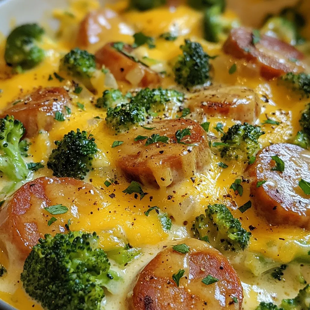 - 12 oz turkey kielbasa, sliced - 2 cups broccoli florets - 1 medium onion, diced - 2 cloves garlic, minced - 1 cup heavy cream - 1/2 cup chicken broth - 1 cup shredded cheddar cheese - 2 tablespoons olive oil - 1 teaspoon paprika - Salt and pepper to taste - Fresh parsley for garnish In this recipe, turkey kielbasa provides a hearty base. It adds a smoky flavor that pairs well with the fresh broccoli. Use about 12 ounces, sliced into bite-sized pieces. This makes it easy to mix with the other ingredients. Next, we have 2 cups of broccoli florets. Fresh broccoli not only adds color but also packs in nutrients. It gives a nice crunch and a vibrant green look to the dish. For aromatics, we need one medium onion, diced, and two cloves of garlic, minced. The onion brings sweetness, while garlic adds depth. Together, they form the flavor base of the dish. The creamy part comes from 1 cup of heavy cream and 1/2 cup of chicken broth. The heavy cream makes the dish rich, while the broth adds savory notes. To finish, use 1 cup of shredded cheddar cheese. It melts beautifully and gives a sharp taste. Add 1 teaspoon of paprika for a bit of warmth and flavor. Season with salt and pepper to balance everything. Lastly, we use 2 tablespoons of olive oil for cooking and fresh parsley for garnish. The olive oil helps brown the kielbasa and the parsley adds a fresh touch. This mix of ingredients creates a comforting, creamy meal that's quick and satisfying. {{ingredient_image_1}} First, you need to heat olive oil in a large skillet over medium heat. Once the oil is hot, add the sliced turkey kielbasa. Let it cook for about 5 to 7 minutes. You want it to brown nicely. After it's browned, take the kielbasa out of the skillet and set it aside. This step gives your dish a great flavor base. In the same skillet, add the diced onion. Cook it until it turns translucent, which takes about 3 to 4 minutes. This softens the onion and brings out its sweetness. Next, stir in the minced garlic and paprika. Cook for another minute, but keep an eye on it so the garlic doesn’t burn. This mix fills your kitchen with a wonderful aroma. Now, add the broccoli florets to the skillet. Mix them in with the onions and garlic. Pour in the chicken broth, then cover the skillet. Let it steam for about 5 minutes. You want the broccoli to turn vibrant green and become tender. Check it to make sure it reaches that perfect texture. Next, reduce the heat to low. Stir in the heavy cream and let it simmer for 2 to 3 minutes. This will help the cream thicken a bit. After that, return the cooked kielbasa to the skillet and mix it well. Now, add in the shredded cheddar cheese. Stir until it melts and combines nicely. Season with salt and pepper to taste. This creamy sauce ties everything together beautifully. To get the best flavor, slice the kielbasa evenly. This helps it cook at the same rate, so all pieces brown nicely. When you steam the broccoli, keep the lid on. This helps the broccoli stay bright green and packed with nutrients. If you want an alternative to turkey kielbasa, consider chicken sausage or even tofu for a plant-based option. For dairy-free choices, you can use coconut cream instead of heavy cream. Nutritional yeast is a great cheese substitute for those avoiding dairy. Garnish your dish with chopped parsley for a fresh touch. This adds color and flavor. For a complete meal, serve it over cooked rice or pasta. You can also enjoy it with crusty bread to soak up the creamy sauce. Pro Tips Tip Title: Use Fresh Broccoli: Fresh broccoli not only tastes better but also retains more nutrients than frozen. Choose bright green florets for the best flavor. Tip Title: Sauté Kielbasa for Flavor: Browning the turkey kielbasa enhances its flavor and adds a delicious caramelized texture to the dish. Tip Title: Control the Creaminess: Adjust the amount of heavy cream based on your preference for creaminess. For a lighter option, use half-and-half or reduce the cream volume. Tip Title: Garnish for Freshness: Always finish with fresh parsley or herbs; they not only add color but also a burst of fresh flavor that elevates the dish. {{image_2}} You can add more veggies to this dish for extra flavor and nutrition. Bell peppers work great. They add a nice crunch and color. You can use red, yellow, or green peppers. Simply slice them and add them with the onions. Spinach is another good choice. Toss it in at the end so it wilts nicely. When cooking different veggies, remember to adjust the cooking time. For firmer veggies, like carrots, add them earlier. For softer ones, add them later. Want more flavor? You can add different spices. Try cumin or chili powder for a warm kick. If you like heat, add red pepper flakes or hot sauce. Start with a little and taste as you go. This way, you can find the right level for you. You can also add fresh herbs like thyme or rosemary for a fresh taste. These herbs bring great depth to the dish. This creamy turkey kielbasa and broccoli skillet is tasty on its own, but you can serve it over rice or pasta. Both options soak up the sauce well. For meal prep, divide the dish into containers. It stores well in the fridge for quick lunches. When storing, make sure to cool the dish before sealing. This helps keep it fresh longer. To keep your creamy turkey kielbasa broccoli skillet fresh, store it in an airtight container. Make sure it cools first. This helps prevent moisture build-up. You can refrigerate it for up to three days. After that, the cream may separate, and the dish may not taste as good. When reheating, I suggest using the stovetop. This method warms the dish evenly and keeps the cream smooth. Heat it over low heat and stir often. If you must use a microwave, use a microwave-safe dish. Heat it in short bursts, checking often to avoid overcooking. You can freeze the skillet meal, but it may change texture. To freeze, let it cool completely. Use a freezer-safe container to store it. It lasts for about two months in the freezer. When thawing, place it in the fridge overnight. To adjust the recipe for freezing, consider undercooking the broccoli slightly. This way, it stays crisp when reheated. You can use several options if you need a substitute for heavy cream. - Dairy-free alternatives: Coconut milk or cashew cream works well. Both add creaminess without dairy. - Options for low-fat versions: You might try using half-and-half or whole milk mixed with cornstarch. This mix can mimic the cream's thickness and richness. This dish stays fresh for about three to four days in the fridge. - Recommended storage times: Keep the skillet meal in an airtight container. This helps maintain its flavor and texture. - Signs of spoilage to watch for: If you see mold or off smells, it's best to discard the dish. Yes, you can swap out turkey kielbasa for other proteins. - Alternatives to consider: Chicken sausage, shrimp, or even diced chicken breast work great. Each option adds a different flavor. - Cooking times for different proteins: Adjust cooking times based on your choice. Chicken may take longer to cook, while shrimp cooks faster. Always ensure your protein is fully cooked before serving. To sum up, we explored a creamy skillet dish featuring turkey kielbasa, broccoli, and cheese. I shared step-by-step instructions, helpful tips, and variations to enhance your meal. With simple ingredient swaps, you can tailor the recipe to your taste or dietary needs. Remember, cooking is about experimenting and having fun. Try different veggies or spices to keep it fresh. Enjoy your delicious creation, and don’t forget to share your results!