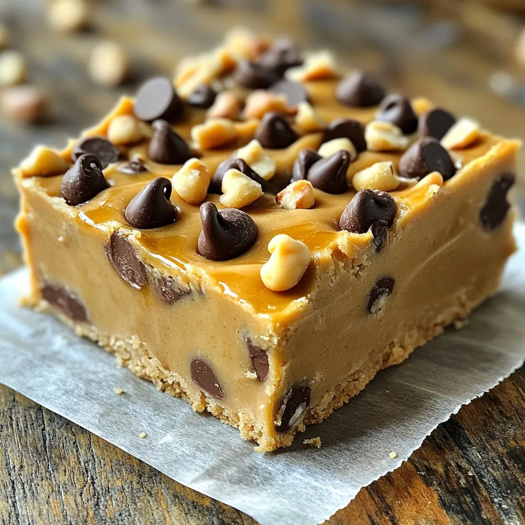 To make these no-bake peanut butter cookie dough bars, you will need: - 1 cup creamy peanut butter - 1 cup rolled oats - ½ cup almond flour - ½ cup honey or maple syrup - 1 teaspoon vanilla extract - ¼ teaspoon salt - ½ cup mini chocolate chips - ¼ cup chopped nuts (optional for added crunch) You can swap ingredients if needed. Here are some ideas: - Use crunchy peanut butter for more texture. - Substitute rolled oats with quick oats if that’s what you have. - Honey can be replaced with agave syrup for a vegan option. - You can use coconut flour instead of almond flour if you prefer. - Dark chocolate chips work well instead of mini chocolate chips. Each ingredient brings its own goodness: - Peanut butter provides protein and healthy fats. - Rolled oats contain fiber, which helps digestion. - Almond flour is low in carbs and adds a nice nutty flavor. - Honey or maple syrup adds natural sweetness and energy. - Vanilla extract enhances the taste and adds warmth. - Salt balances the sweetness and enhances flavor. - Chocolate chips add a fun and indulgent touch. - Chopped nuts give a crunchy texture and extra nutrients. These ingredients come together to create a delightful treat that is both tasty and nutritious! First, gather your large mixing bowl. You will need this bowl to mix all the yummy ingredients. Add 1 cup of creamy peanut butter to the bowl. Then, pour in 1 cup of rolled oats. Next, add ½ cup of almond flour for a nice texture. Now, choose either ½ cup of honey or maple syrup. This will add sweetness. Don’t forget to include 1 teaspoon of vanilla extract and ¼ teaspoon of salt. These two ingredients enhance the flavor. Using a wooden spoon or spatula, stir the mixture well. You want to combine all the ingredients until they form a thick dough. This is where the magic happens! Once mixed, gently fold in ½ cup of mini chocolate chips. If you like a crunch, also add ¼ cup of chopped nuts. Make sure the chocolate chips and nuts are evenly spread throughout the dough. Now, prepare your 8x8 inch baking dish. Line it with parchment paper, leaving some paper hanging over the edges. This will help you lift the bars out later. Next, spoon the cookie dough mixture into the dish. Press it down firmly using a spatula or your hands. Aim for a smooth top. Cover the dish with plastic wrap or aluminum foil. Put it in the refrigerator for at least 30 minutes. This chilling time helps the bars set perfectly. Once set, lift them out using the parchment paper. Place them on a cutting board and cut into squares or rectangles. Enjoy your delightful treats! To make these no-bake peanut butter cookie dough bars, you need a few tools. Here’s what I suggest: - Large mixing bowl - Wooden spoon or spatula - 8x8 inch square baking dish - Parchment paper - Plastic wrap or aluminum foil - Cutting board These tools will help you blend, set, and cut your bars with ease. The key to a great texture is mixing well. When you combine the peanut butter, oats, almond flour, honey, vanilla, and salt, stir until it forms a thick dough. You want it sticky but firm. This will help the bars hold together. If your dough feels too dry, add a splash more honey or a bit of peanut butter. If it's too wet, add a little more almond flour or oats. Chilling the mixture is also vital. Let it sit in the fridge for at least 30 minutes. This step helps the bars firm up so they cut nicely. Presentation makes your treat even more appealing. After cutting your bars, place them on a nice platter. For a pop of color, sprinkle some extra chocolate chips or chopped nuts on top. You can even serve them with a glass of cold milk. This pairing enhances the flavors and adds a nice touch. {{image_4}} You can change up the flavors in your no-bake peanut butter cookie dough bars. Try adding cocoa powder for a chocolate twist. One tablespoon will do the trick. You can also mix in shredded coconut for a tropical vibe. Just a half cup will add great taste and texture. If you want to make these bars vegan, swap honey for maple syrup. Use gluten-free oats and almond flour to make them gluten-free. This way, everyone can enjoy these tasty treats without worry. Want to customize your bars? You can add dried fruits, like cranberries or raisins. Just a half cup will add sweetness and chewiness. You can also toss in seeds, like chia or flaxseeds, for added nutrition. Mix and match these options to make your bars unique! To keep your no-bake peanut butter cookie dough bars fresh, place them in an airtight container. I recommend using a container that fits them snugly. This helps avoid any drying out. You can layer parchment paper between the bars to stop them from sticking together. These bars stay fresh in the fridge for up to one week. After that, they may lose their great taste and texture. If you notice any change in smell or appearance, it’s best to toss them. Always trust your senses! You can freeze these bars if you want to keep them longer. Wrap each bar in plastic wrap, then place them in a freezer bag. They can be frozen for up to three months. When you're ready to enjoy, just thaw them in the fridge overnight. This way, they stay tasty and ready to eat! Yes, you can use natural peanut butter. It adds a rich flavor. However, make sure it is creamy, not chunky. Natural peanut butter can be runnier or thicker than regular. If it's too thick, your bars may not hold well. Add a bit more honey or syrup to help bind the mix. To make these bars vegan, swap honey for maple syrup. Both sweeteners work well. Ensure your chocolate chips are dairy-free. Check the label to confirm. The rest of the ingredients are already vegan-friendly. This way, everyone can enjoy these tasty treats! If your mixture is too dry, add a splash of maple syrup or a bit of water. Mix well until it reaches the right consistency. If it’s too wet, add more almond flour or oats. Aim for a dough that sticks but isn’t too sticky. Adjust slowly to get it just right! You learned about the main ingredients and their benefits. Ingredient substitutions can help too. The step-by-step guide makes it easy to follow along. Tips can improve texture and presentation. Variations offer fun flavors and dietary options. Remember the right storage methods to keep your bars fresh. With these insights, you’re ready to create delicious, customized bars. Enjoy making and sharing them!