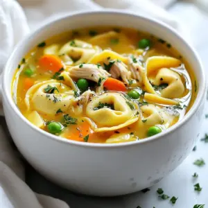 To make a tasty Chicken Tortellini Soup, you need some key ingredients: - 1 tablespoon olive oil - 1 onion, finely diced - 2 garlic cloves, minced - 2 carrots, peeled and diced - 2 celery stalks, diced - 4 cups chicken broth - 2 cups cooked chicken, shredded - 1 package (9 oz) cheese tortellini - 1 cup frozen peas - 1 teaspoon dried basil - 1 teaspoon dried oregano - Salt and freshly ground black pepper to taste - Fresh parsley, chopped, for garnish These ingredients create the heart of the soup. The broth gives it flavor, while the veggies add crunch and color. Cheese tortellini brings richness, making each bite satisfying. You can elevate your soup with a few optional ingredients: - Grated Parmesan cheese for topping - A squeeze of lemon juice for brightness - Fresh spinach for extra greens - Crushed red pepper flakes for heat Adding these can change the soup's profile. Parmesan adds depth, lemon brightens it, and spinach gives nutrients. Red pepper flakes can make it warm and cozy. Want to make the soup fit your needs? Here are some easy swaps: - Use a dairy-free cheese tortellini for a dairy-free option. - Substitute vegetable broth for chicken broth to keep it vegetarian. - For gluten-free, look for gluten-free tortellini. These changes keep the soup tasty while meeting dietary needs. Always check labels to ensure safety and flavor. {{ingredient_image_2}} Start by heating 1 tablespoon of olive oil in a large pot over medium heat. Let it warm for about a minute. Next, add 1 finely diced onion to the pot. Sauté the onion for about 5 minutes. You want it to become soft and fragrant. Then, stir in 2 minced garlic cloves, 2 diced carrots, and 2 diced celery stalks. Cook this mixture for 3 to 4 minutes while stirring. You will see the veggies start to soften. Now, pour in 4 cups of chicken broth. Bring this to a rolling boil. Once boiling, add 2 cups of shredded cooked chicken. I often use rotisserie chicken for ease. Then, add 1 cup of frozen peas, 1 teaspoon of dried basil, and 1 teaspoon of dried oregano. Stir everything together well. When your soup returns to a rapid boil, it’s time for the tortellini. Add 1 package (9 oz) of cheese tortellini to the pot. Cook according to the package instructions, usually 3 to 5 minutes. You will know the tortellini are done when they float to the surface of the soup. Taste your soup and adjust the seasoning with salt and freshly ground black pepper. Once seasoned, remove the pot from the heat. Let it rest for a few minutes to cool. This also helps the flavors to blend. To serve, ladle the hot soup into bowls. Garnish with freshly chopped parsley. For an extra touch, you can serve it with crusty bread or a sprinkle of Parmesan cheese on top. Enjoy your cozy creation! To boost the taste of your chicken tortellini soup, use fresh herbs. Fresh parsley adds a bright touch. You can also try adding thyme or rosemary for more depth. Dried herbs like basil and oregano work well too. They bring warmth to every bite. Remember to taste as you go. This way, you can adjust the flavors as needed. To get a great texture, start by sautéing your onion and garlic in olive oil. This step brings out their sweet flavors. Cook the carrots and celery until they soften. This makes them tender but still crisp. When adding tortellini, follow the package instructions closely. This ensures they cook evenly and do not become mushy. Also, let the soup cool for a few minutes before serving. This helps the flavors blend nicely. When serving, ladle the soup into bowls with care. A sprinkle of fresh parsley adds color and freshness. For a touch of luxury, add grated Parmesan cheese on top. You can also serve the soup with crusty bread. This makes it a filling meal. The warm bread pairs perfectly with the soup. Enjoy the beautiful colors and textures on your table! Pro Tips Use Rotisserie Chicken: For a quicker prep time and added flavor, using rotisserie chicken can save you time and enhance the taste of your soup. Fresh Herbs for Flavor: Substitute dried herbs with fresh basil and oregano if available; they add a brighter flavor to your soup. Don’t Overcook Tortellini: Keep an eye on the tortellini while cooking; they are done when they float to the top, ensuring a perfect texture. Enhance with Cheese: For a richer taste, sprinkle grated Parmesan cheese on top just before serving for an extra layer of flavor. {{image_4}} You can choose many types of tortellini for this soup. Cheese tortellini is classic and adds a nice creaminess. You can also try spinach or mushroom tortellini. These options add different flavors and colors to your dish. If you want to be more adventurous, try meat-filled tortellini. Each type brings its own taste, making your soup unique. You can boost the soup's nutrition by adding more vegetables. Try adding diced zucchini, bell peppers, or green beans. These veggies add crunch and flavor. You can also mix in more proteins. Some cooked sausage or shrimp can make it heartier. If you want a vegetarian option, skip the chicken and use beans instead. Each choice adds new layers to your soup. Deciding between creamy or brothy soup changes the whole dish. For a creamy version, add a splash of heavy cream or milk near the end of cooking. This adds richness and smoothness. If you prefer a brothy soup, stick to just the chicken broth. You can also add more broth if you like a lighter soup. Both versions are tasty and comforting, so choose what you love! To keep your chicken tortellini soup fresh, store it in an airtight container. Make sure the soup has cooled to room temperature before sealing it. This helps prevent condensation, which can make the soup watery. Place the container in the fridge if you plan to eat it within a few days. The soup will taste best when eaten within three days. When it's time to enjoy your leftovers, reheat the soup gently. Pour it into a pot over medium heat. Stir it often to prevent sticking. If the soup seems thick, add a splash of chicken broth or water. This will bring back its creamy texture. Heat until it's hot but not boiling. You want to keep the tortellini tender and the flavors bright. If you want to save your soup for later, freezing is a great option. First, let the soup cool completely before you freeze it. Then, ladle the soup into freezer-safe bags or containers. Make sure to leave some space at the top, as the soup will expand. Label the bags with the date. You can freeze chicken tortellini soup for up to three months. When you're ready to eat it, thaw it overnight in the fridge before reheating. Chicken Tortellini Soup can last about 3 to 4 days in the fridge. Store it in an airtight container. Make sure to let it cool before placing it in the fridge. This helps keep the soup fresh. If you notice any off smells or colors, it's best to toss it. Yes, you can use store-bought rotisserie chicken. It saves time and adds flavor. Just shred the chicken and add it to the soup. This is a great shortcut for busy days. The soup remains hearty and tasty, just like if you cooked the chicken yourself. If you don’t have chicken broth, you can use vegetable broth. This keeps the soup flavorful and warm. You can also use water, but add more herbs for taste. Another option is to use a mix of water and bouillon cubes. This will give you a nice broth flavor. You learned about the key ingredients for Chicken Tortellini Soup, including essential and optional items. We covered how to prepare the base, cook tortellini, and serve the soup perfectly. Tips for enhancing flavor and presentation can elevate your dish. Don’t forget the variations, from different tortellini types to extra veggies. Lastly, proper storage ensures your soup stays fresh. Enjoy making this hearty meal that is easy, tasty, and adaptable to your needs. Let the flavors shine and make it your own!