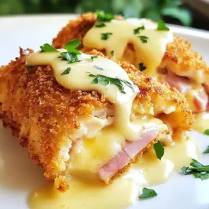 - 4 boneless, skinless chicken breasts - 4 thin slices of ham (smoked adds great flavor) - 4 slices of Swiss cheese - 1 cup all-purpose flour - 2 large eggs, whisked - 1 cup breadcrumbs (panko gives extra crunch) - 1 teaspoon garlic powder - 1 teaspoon onion powder - Salt and freshly cracked pepper, to taste - 1 tablespoon olive oil - 1 cup heavy cream - 1 cup shredded Swiss cheese (for the sauce) - 2 tablespoons unsalted butter - 1 tablespoon fresh parsley, finely chopped (for garnish) - Steamed vegetables or a fresh salad (for serving) Gathering fresh ingredients is key. Choose high-quality chicken and cheese for the best flavor. I love using smoked ham; it really enhances the dish. The Swiss cheese sauce adds a creamy touch that pairs perfectly with the crispy chicken. You can swap in veggies or a salad for a fresh side. This dish is all about balance! {{ingredient_image_2}} To start, preheat your oven to 375°F (190°C). This gets your oven ready for baking. Next, take each chicken breast and place it between two sheets of plastic wrap. Use a meat mallet to gently pound each breast until it is about ½ inch thick. This helps the chicken cook evenly. Season both sides with salt, pepper, garlic powder, and onion powder. Now, for the fun part! Place a slice of ham on each chicken breast, then add a slice of Swiss cheese on top. Carefully fold the chicken over to create a pocket. If needed, use toothpicks to hold the chicken closed. Next, set up your breading station. Use three plates: one for flour, one for beaten eggs, and one for breadcrumbs. Take each stuffed chicken breast and dredge it in flour, shaking off any extra. Then, dip it in the eggs and let the excess drip off. Finally, coat it in breadcrumbs, pressing lightly to stick well. In a large skillet, heat olive oil over medium-high heat. Once the oil is hot, add the breaded chicken. Fry each piece for about 4-5 minutes on each side until golden brown and crispy. After frying, transfer the chicken to a baking dish. Bake the chicken in the preheated oven for 15-20 minutes, or until the internal temperature reaches 165°F (75°C). While the chicken bakes, let’s make the creamy Swiss sauce. In a saucepan over medium heat, melt the butter. Once melted, pour in the heavy cream and stir until it simmers gently. Gradually whisk in the shredded Swiss cheese until the sauce is smooth and creamy. Season with salt and pepper to taste. When the chicken is done baking, remove any toothpicks. Plate the chicken and drizzle the creamy Swiss cheese sauce over the top. Enjoy this delicious dish! Breading chicken can seem tricky, but it is easy with a few tips. Start by setting up a clean space. Use three plates for the flour, eggs, and breadcrumbs. Make sure to season each layer. This adds flavor right from the start. When you coat the chicken, make sure to shake off any extra flour. For the egg, let the excess drip off. Press the breadcrumbs onto the chicken firmly. This helps them stick better during cooking. To get juicy chicken, you must flatten it first. Use a meat mallet to pound the breasts evenly. This ensures they cook at the same rate. Season the chicken well on both sides. Cook it in a hot skillet for that golden color. Frying for 4-5 minutes per side gives a nice crust. Finally, bake the chicken until it reaches 165°F (75°C). This ensures it is safe to eat and perfectly tender. The Swiss cheese sauce is key to this dish. Start by melting butter over medium heat. Once melted, slowly add heavy cream. Stir it gently to avoid burning. Add the shredded Swiss cheese gradually. Whisk it in until smooth. For extra flavor, taste and season with salt and pepper. If you like it thicker, let it simmer for a minute longer. Fresh parsley added at the end brightens the sauce visually and in taste. Pro Tips Perfectly Flattened Chicken: Ensure your chicken breasts are evenly pounded to about ½ inch thick for uniform cooking and a tender result. Extra Crispy Coating: For a crunchier texture, use panko breadcrumbs and double bread the chicken by dipping it in egg and breadcrumbs twice. Flavor Boost: Add a sprinkle of smoked paprika or cayenne pepper to your breadcrumb mixture for an extra layer of flavor. Resting Time: Let the chicken rest for a few minutes after baking to allow the juices to redistribute, resulting in a juicier bite. {{image_4}} You can change the cheese to suit your taste. Try using mozzarella for a mild flavor. Cheddar gives a sharp kick, while Gouda adds a smoky touch. Each cheese brings its own personality to the dish. Experimenting with different cheeses can lead to exciting new flavors. The type of ham you use can change the taste too. Smoked ham gives a rich, deep flavor. You might also try prosciutto for a more delicate, salty flavor. If you prefer a healthier option, turkey ham works great. Each choice affects the overall taste and texture of your Chicken Cordon Bleu. If you want to make a lighter version, consider baking instead of frying. Bake your chicken at 375°F (190°C) for a crispy outer layer without all the oil. You can also use a non-stick spray instead of olive oil for breading. For even fewer calories, skip the breading and simply season the chicken. This keeps the dish flavorful while reducing fat. To keep your Chicken Cordon Bleu fresh, store leftovers in an airtight container. Place the chicken in the fridge within two hours of cooking. It will stay good for about 3-4 days. Make sure to keep the Swiss cheese sauce separate. This helps prevent the breading from getting soggy. To reheat, use the oven for the best results. Preheat your oven to 350°F (175°C). Place the chicken on a baking tray and cover it with foil. Bake for about 15-20 minutes or until heated through. If you want to warm the Swiss cheese sauce, heat it gently in a saucepan over medium-low heat, stirring often. Avoid boiling it. You can freeze Chicken Cordon Bleu for later. Wrap each piece tightly in plastic wrap and then place it in a freezer bag. Make sure to remove as much air as possible. You can freeze it for up to 3 months. For the Swiss cheese sauce, store it in a separate container. Let it cool before freezing. When you’re ready to eat, thaw everything in the fridge overnight before reheating. Yes, you can use other cheeses. Cheddar adds a sharp taste. Gouda gives a smoky flavor. Mozzarella offers a mild and creamy touch. Experiment with your favorites to find what you like best. Just ensure the cheese melts well to keep that creamy texture. To make this dish gluten-free, swap the all-purpose flour and breadcrumbs with gluten-free alternatives. Use gluten-free flour and crushed gluten-free crackers or panko. Check the labels to avoid any hidden gluten. This way, everyone can enjoy the dish without worry. Many sides complement Chicken Cordon Bleu. Consider steamed broccoli or green beans for a fresh crunch. A light salad with vinaigrette adds a nice contrast. You can also serve it with mashed potatoes or rice for a hearty meal. These sides balance the richness of the chicken and sauce. You now have all the tools to make Chicken Cordon Bleu. We covered the main ingredients, including the Swiss cheese sauce and tasty sides. I shared step-by-step instructions, tips for perfecting chicken, and unique variations for your dish. Remember to store leftovers properly and reheat them to enjoy later. With this knowledge, you can create a satisfying meal that impresses anyone. Enjoy your cooking journey!