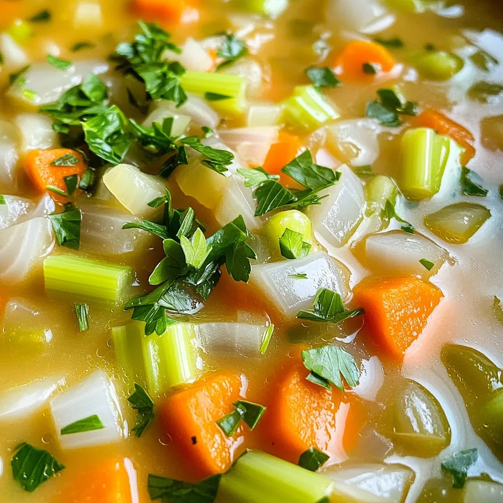 - 2 tablespoons olive oil - 1 medium onion, diced - 2 cloves garlic, minced - 2 medium carrots, chopped - 2 stalks celery, chopped - 1 medium potato, peeled and diced - 1 cup fresh green beans, trimmed and cut into 1-inch pieces - 1 cup cauliflower florets - 1 cup vegetable broth - 1 cup heavy cream (or coconut cream for a delightful dairy-free variation) - 1 teaspoon dried thyme - Salt and freshly cracked pepper to taste - Fresh parsley, chopped, for garnish This creamy vegetable soup needs fresh and simple ingredients. Start with olive oil, which adds richness. Next, gather your fresh vegetables. You will need onion, garlic, carrots, celery, potato, green beans, and cauliflower. Each brings its own flavor to the soup. For the base, use vegetable broth. It gives depth and warms the soup. Add cream or a dairy-free alternative, like coconut cream. This makes the soup rich and smooth. The thyme adds an earthy note, while salt and pepper round out the flavors. Finally, fresh parsley serves as a bright garnish. It adds color and a hint of freshness. By using these ingredients, you will create a delightful soup that comforts and satisfies. 1. Sautéing the onion and garlic Start by heating olive oil in a large pot over medium heat. Add the diced onion. Cook it for about 5 minutes. It should become soft and clear. Next, stir in the minced garlic. Cook for another 1 to 2 minutes until you smell its strong scent. This step adds a lot of flavor. 2. Adding and cooking the vegetables Now, add chopped carrots, celery, and diced potato to the pot. Sauté these for about 5 minutes. This helps them soften. Then, mix in the green beans and cauliflower. Stir everything well. Let it cook for another 5 minutes. This will enhance the taste of the vegetables. 3. Blending the soup to desired consistency Pour the vegetable broth into the pot and bring it to a boil. Once it boils, lower the heat and let it simmer for 20 minutes. This time allows the veggies to cook through. After that, use an immersion blender to blend the soup until it's smooth. If you prefer, transfer the soup in batches to a standing blender. Blend until it reaches a creamy texture. 1. Incorporating the cream and seasoning If you used a standing blender, return the soup to the pot. Stir in the heavy cream and dried thyme. Heat on low for about 5 minutes. Avoid boiling at this stage. This keeps the soup creamy and rich. 2. Garnishing for presentation Taste the soup and add salt and freshly cracked pepper to your liking. Adjust the flavors as needed. Finally, serve the soup hot. Garnish it with fresh parsley. This adds a nice touch and bright flavor to the dish. Choosing the best vegetables can make a big difference. I like to use fresh, colorful veggies. They add more taste and look great in the soup. Carrots bring sweetness, while potatoes add creaminess. Green beans and cauliflower offer a nice crunch. Adjust the seasoning to fit your taste. Start with salt and pepper, then add more if needed. A pinch of dried thyme gives depth. You can also try herbs like basil or oregano for a twist. Always taste as you go! Using an immersion blender is my favorite method. It’s easy and quick. You can blend right in the pot, which saves time and dishes. Just be careful not to splash! If you prefer a standing blender, that's fine too. Blend in batches for a smooth finish. Just remember to let the soup cool slightly. This helps avoid any mess from hot soup splashing out. After blending, return it to the pot. Enjoy that creamy texture! {{image_4}} You can easily modify this creamy vegetable soup to fit your diet. For those avoiding dairy, coconut cream is a great choice. It adds a rich flavor and keeps the soup creamy. Use one cup of coconut cream instead of heavy cream. This swap makes the soup dairy-free while keeping it delicious. For gluten-free eaters, this recipe is already safe! All the ingredients are gluten-free. Just ensure your vegetable broth is also gluten-free. You can enjoy this soup without any worries. Feel free to get creative with the ingredients! You can swap in different vegetables based on what you have. Here are some tasty options: - Zucchini: Adds a mild flavor and soft texture. - Spinach: Great for extra greens without overpowering the soup. - Bell Peppers: Adds sweetness and color. - Broccoli: Gives a nice crunch and nutrition boost. You can also change the herbs. Instead of thyme, try basil or oregano for a different twist. These simple swaps can take your soup to new heights! To keep your creamy vegetable soup fresh, store it correctly. First, let the soup cool down to room temperature before putting it in the fridge. This helps prevent bacteria growth. - Refrigeration guidelines: Store in an airtight container. Your soup will last around 3 to 4 days in the fridge. Make sure to label the container with the date. - Freezing for long-term storage: If you want to keep it longer, freeze the soup. Use freezer-safe containers or bags. It can stay good for up to 3 months in the freezer. Just remember to leave some space in the container for the soup to expand as it freezes. When you’re ready to enjoy your soup again, reheating properly is key. - How to properly reheat without losing creaminess: Heat the soup on the stove over low heat. Stir it gently while it warms up. If you used coconut cream, it may separate. To fix this, whisk the soup while it heats. Avoid boiling, as this can ruin the creamy texture. Enjoy your soup warm and smooth! Can I make this soup vegan? Yes, you can easily make this soup vegan. Just swap heavy cream for coconut cream. Coconut cream gives a rich taste and is dairy-free. Use vegetable broth to keep it plant-based. How long does creamy vegetable soup last in the fridge? Creamy vegetable soup lasts about 3 to 5 days in the fridge. Make sure to store it in an airtight container. This keeps it fresh and safe to eat. What can I serve with creamy vegetable soup? You can serve this soup with crusty bread or a light salad. Both pair well and add texture to your meal. A side of crackers also works great for dipping! This blog post covered how to make a creamy vegetable soup. You learned about the key ingredients, like fresh vegetables and cream. We walked through detailed steps, from sautéing to garnishing. Tips on enhancing flavor and blending techniques helped make it easier. I shared ideas for dietary adaptations and how to store your soup. This soup recipe is simple, healthy, and flexible. You can customize it to your taste. Enjoy making this meal and sharing it with others!