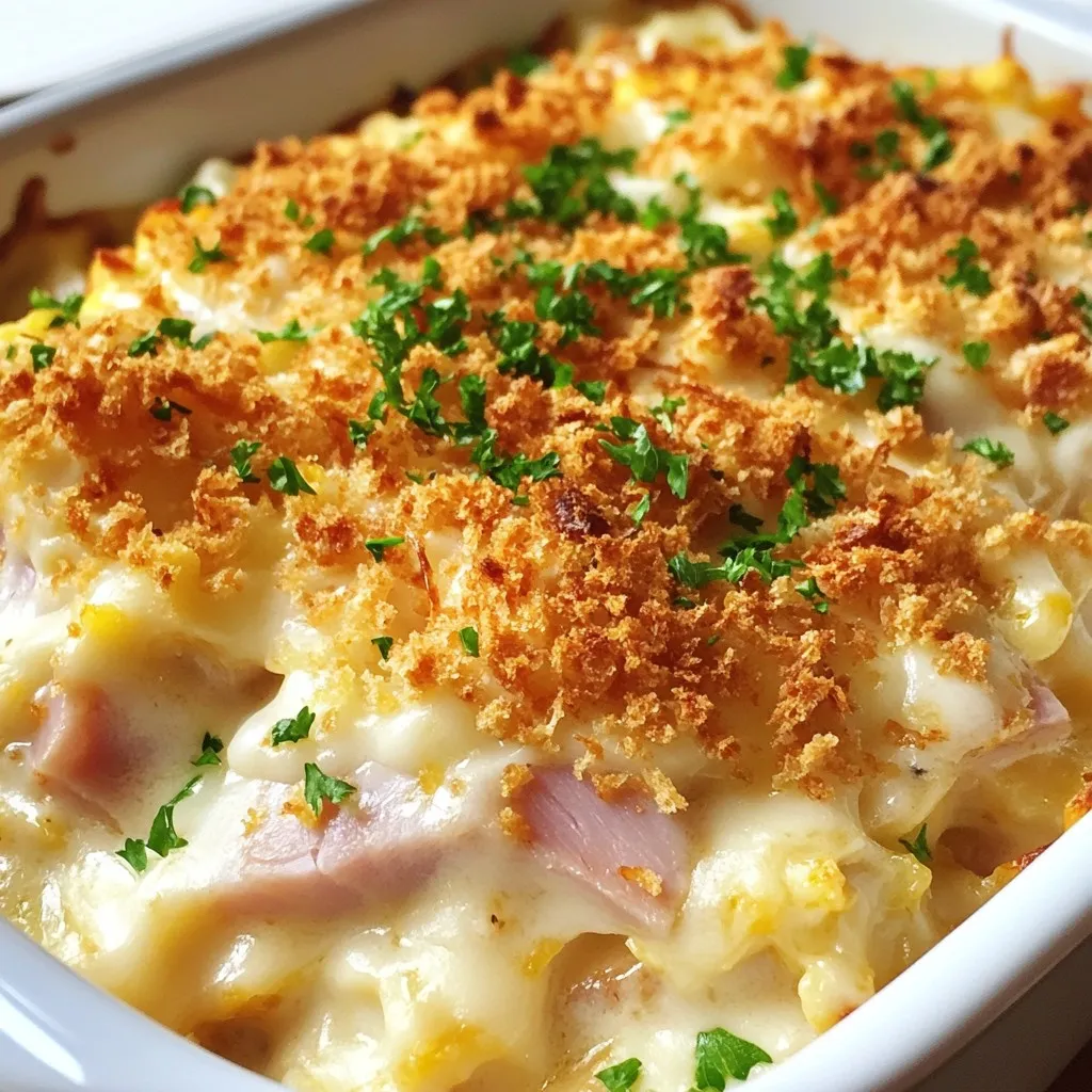 - 2 cups cooked chicken, shredded - 1 cup ham, diced - 1 cup Swiss cheese, shredded - 1 cup breadcrumbs - 2 cups creamy Alfredo sauce - 1/2 cup milk For this Chicken Cordon Bleu Casserole, you need a few key ingredients. First, start with cooked chicken. I like to use shredded chicken for a nice texture. Next, add diced ham. This gives the dish a savory kick. Swiss cheese is a must for that creamy, melty goodness. You will also want breadcrumbs for a crunchy topping. Creamy Alfredo sauce adds richness and flavor, while milk helps blend everything smoothly. - 1 teaspoon garlic powder - 1 teaspoon onion powder - 1/2 teaspoon black pepper - 1/4 teaspoon salt - 1 tablespoon fresh parsley, chopped (for garnish) Seasoning is important for flavor. Garlic powder and onion powder enhance the taste of the chicken and ham. Black pepper and salt bring balance. Finally, fresh parsley makes a lovely garnish. It adds a pop of color and freshness to the dish. Don't skip this step; it makes a difference! {{ingredient_image_1}} 1. Preheat your oven to 350°F (175°C). 2. In a large bowl, mix the cooked chicken and diced ham. 3. Add 3/4 cup of Swiss cheese, garlic powder, onion powder, black pepper, and salt. 4. Stir everything well until it combines nicely. 1. In another bowl, whisk together the creamy Alfredo sauce and milk. 2. Keep mixing until the sauce is smooth and creamy. 1. Pour the Alfredo mixture over the chicken and ham mix. 2. Stir until all the pieces are coated with sauce. 3. Transfer this mix to a greased 9x13 inch baking dish. 4. Spread it evenly across the dish for even cooking. 5. In a separate bowl, mix breadcrumbs with the remaining Swiss cheese. 6. Sprinkle the breadcrumb mix over the top of the casserole. 1. Place the dish in the oven and bake for 25-30 minutes. 2. Check if the top is golden brown and bubbly. 3. Once done, take it out and let it cool for a few minutes. 4. Serve warm and enjoy your delicious Chicken Cordon Bleu Casserole! To get a golden brown top on your casserole, use the right cheese. I like to mix Swiss cheese with breadcrumbs. This combo gives a great crust. Bake it until it's bubbly and golden. To ensure even cooking, spread the chicken and ham mix evenly in the dish. This helps every bite cook well. Stir your mixture well before pouring it into the baking dish. It keeps flavors balanced throughout. For sides, I suggest creamy mashed potatoes or steamed broccoli. They add color and taste to your meal. A fresh garden salad also pairs well. When serving for gatherings, cut the casserole into squares. This makes it easy for guests to take a piece. Garnish each plate with fresh parsley for a nice touch. Pro Tips Use Rotisserie Chicken: For a quicker prep time, use store-bought rotisserie chicken. It adds flavor and saves you from cooking and shredding the chicken yourself. Customize Your Cheese: Feel free to mix different types of cheese like mozzarella or cheddar for a unique flavor profile that suits your taste. Make It Ahead: This casserole can be assembled a day in advance. Just cover it tightly and refrigerate until you're ready to bake it the next day. Garnish for Freshness: Always garnish with fresh parsley or chives just before serving to enhance the flavors and presentation of the dish. {{image_2}} You can switch up the cheese in this dish. Try using provolone or mozzarella for a different taste. They melt well and add a nice flavor. Mixing in some cheddar can also bring a sharp twist. Don't be afraid to experiment! Adding vegetables is a great idea too. Consider using spinach or broccoli for added color and nutrients. You can also mix in some diced bell peppers. These options give your casserole more texture and flavor. If you don't have chicken, you can use turkey or even rotisserie chicken. Both options work well and save you time. For ham, try using bacon or a plant-based alternative for a lighter meal. For gluten-free needs, there are options for breadcrumbs. Look for gluten-free breadcrumbs made from rice or corn. You can also crush gluten-free crackers as a topping. These swaps keep the dish delicious for everyone! To keep your Chicken Cordon Bleu Casserole fresh, store it in the fridge. Place it in an airtight container. It can last for up to three days. Ensure the casserole is cool before sealing it. If you want to save it for longer, freezing is a great option. - Freezing Instructions: Allow the casserole to cool completely. Cut it into portions for easy reheating. Wrap each piece tightly in plastic wrap, then place them in a freezer bag. Label the bag with the date. It can stay in the freezer for up to three months. When it's time to enjoy your leftovers, reheating properly is key. The best method is to use an oven. Preheat it to 350°F (175°C). Place the casserole in a baking dish and cover it with foil. Heat for about 20-25 minutes, or until warmed through. - Tips for Maintaining Texture: To keep the top crispy, remove the foil for the last 5-10 minutes. You can also use a microwave for quick reheating. Just make sure to cover it to prevent drying out. Reheat in short bursts, checking often. Enjoy every bite of your delightful meal! Can I make this casserole ahead of time? Yes, you can prepare this casserole ahead of time. Just assemble it, cover it, and store it in the fridge. Bake it when you are ready to serve. This makes it great for busy days or gatherings. Is it possible to use raw chicken in this recipe? I do not recommend using raw chicken. The casserole needs cooked chicken for safety and flavor. Cooking the chicken first ensures that every bite is tasty and safe to eat. Does this recipe cater to any dietary restrictions? This recipe contains dairy and meat. If you need a dairy-free or vegetarian option, consider using plant-based cheese or tofu instead of chicken and ham. Adjusting the recipe can help meet your needs. What are the calories per serving? Each serving has about 400 calories. This may vary based on the exact ingredients and portions used. For a lighter meal, serve it with a fresh salad or steamed veggies. In this blog post, we explored the tasty Chicken Cordon Bleu Casserole. We covered essential ingredients like chicken, ham, and cheese, along with simple steps to prepare it. I shared tips for perfecting your casserole and ways to customize it. Remember, storing leftovers correctly helps keep flavors intact. Feel free to adapt the recipe to suit your tastes. Enjoy making this comforting dish that’s sure to please at any meal!
