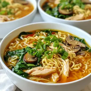 - 2 boneless, skinless chicken thighs - 4 cups chicken broth - 2 packs of ramen noodles (discard the seasoning packets) - 6 cloves of garlic, minced - 2 tablespoons ginger, grated - 2 tablespoons soy sauce - 1 tablespoon sriracha (adjust for desired spiciness) - 1 tablespoon sesame oil - 1 cup sliced mushrooms (shiitake or button) - 1 cup baby spinach - 2 green onions, sliced - 1 teaspoon sesame seeds (for garnish) In this dish, the chicken forms a tasty base. The broth adds depth. The ramen noodles soak up all the great flavors. Garlic and ginger give it a strong kick. Soy sauce adds saltiness, while sriracha brings heat. Sesame oil adds a nice touch. The mushrooms and spinach make it colorful and healthy. Finally, green onions and sesame seeds make it look fancy. Each ingredient plays a role in making the dish bold and flavorful. {{ingredient_image_1}} 1. Start by heating 1 tablespoon of sesame oil in a large pot over medium heat. 2. Add 6 minced garlic cloves and 2 tablespoons of grated ginger. Saut&eacute; until fragrant, about 1-2 minutes. 3. Season 2 boneless, skinless chicken thighs with salt and pepper. 4. Place the chicken in the pot. Cook until browned on both sides, around 4-5 minutes each. 1. Pour in 4 cups of chicken broth and 2 tablespoons of soy sauce. 2. Bring the mixture to a gentle simmer. Cover the pot and let it cook for about 15-20 minutes until the chicken is cooked through. 3. Remove the chicken from the pot and let it cool slightly. Shred it using two forks. 4. Return the shredded chicken to the broth. 1. Add 1 tablespoon of sriracha and 1 cup of sliced mushrooms to the pot. Stir well. 2. Allow everything to simmer for another 5 minutes. 3. In a separate pot, cook 2 packs of ramen noodles according to the package instructions. Drain and set aside. 4. Add 1 cup of baby spinach to the broth and cook for an additional 1-2 minutes until wilted. 5. To serve, place a portion of cooked ramen noodles in each bowl. Ladle the fiery garlic chicken broth over the noodles. Top with sliced green onions and 1 teaspoon of sesame seeds. This method creates a bold and flavorful dish that warms the soul. Enjoy every bite! How to perfectly saut&eacute; garlic To saut&eacute; garlic, heat sesame oil in a pot. Add minced garlic and grated ginger. Cook for 1-2 minutes. Stir often to avoid burning. You want to see a golden color and smell that sweet aroma. This step brings out the full flavor of the garlic. Tips for shredding chicken After cooking, let the chicken cool for a bit. Use two forks to pull apart the meat. Start at one end and shred towards the other. This method makes it easy and quick. Make sure to shred it well for even distribution in the ramen. Modifying sriracha levels You can control the heat by adding less sriracha. Start with half a tablespoon and taste before adding more. Mix it well into the broth. The flavor should be bold but not overpowering. Adjust until it suits your taste buds. Alternative spicy ingredients If you want more heat, try adding chili flakes or fresh sliced chilies. You can also use a spicy garlic sauce for a different flavor. Each option adds a unique kick to the dish. Experiment to find your favorite level of spice. Best garnishes for presentation Garnish your ramen with sliced green onions and sesame seeds. These add color and texture. You can also drizzle some extra sriracha on top. This makes the dish look appealing and adds a little extra flavor. Recommended bowl types Use deep bowls for serving ramen. This keeps the broth hot and allows for a good mix of ingredients. A wide bowl also helps with presentation. You can show off those beautiful garnishes and colorful toppings. Pro Tips Adjust the Spice: Feel free to modify the amount of sriracha according to your heat preference; start with less and add more to taste. Use Fresh Ingredients: Opt for fresh garlic and ginger for maximum flavor; they will enhance the overall dish significantly. Broth Depth: For a richer broth, consider adding a splash of fish sauce or a dash of miso paste along with the soy sauce. Perfectly Cooked Noodles: Be sure not to overcook the ramen noodles; they should be al dente to maintain their texture in the broth. {{image_2}} You can switch chicken for tofu. Tofu adds a nice texture and absorbs flavors well. For shrimp lovers, shrimp cooks fast and pairs great with the broth. Beef works too; just slice it thin and cook it until tender. To make this dish vegetarian, replace chicken broth with vegetable broth. This change keeps the flavor rich. Add more veggies like carrots, bell peppers, or snap peas. They add color and crunch to your ramen. If you're gluten-free, choose gluten-free ramen noodles. Many brands offer tasty options that fit well. For the broth, you can make a homemade gluten-free broth. Use fresh herbs and spices to keep it flavorful. Store your leftover Fiery Garlic Chicken Ramen in an airtight container. Place it in the fridge. It will stay fresh for up to 3 days. Make sure to cool it down before sealing. This keeps the ramen from getting too mushy. To freeze this dish, place it in a freezer-safe container. Leave some space for expansion. It can last in the freezer for up to 2 months. When reheating, thaw it in the fridge overnight. Heat it on the stove until hot. For best results, add fresh noodles. This keeps the texture nice. You can meal prep for this dish. Cook the chicken and broth a day or two ahead. Store them separately in the fridge. You can also chop your veggies in advance. Just add them when you heat the ramen. This way, you save time on busy days! Fiery Garlic Chicken Ramen is a spicy noodle soup. It features tender chicken, garlic, and rich broth. The dish is full of flavor and warmth. You can customize the heat with sriracha. Fresh veggies like spinach and mushrooms add texture. This dish is comforting and satisfying. It works great for lunch or dinner. Yes, you can use instant ramen noodles. They are quick and easy to prepare. Just discard the seasoning packets. Cook them separately according to the package instructions. Add the cooked noodles to your bowl before serving. Instant noodles soak up the broth well. This option is great for a fast meal. You can find Fiery Garlic Chicken Ramen in many Asian restaurants. Popular chains often serve similar dishes. Look for ramen shops or noodle bars in your area. Check local food blogs for recommendations. Many chefs offer unique takes on this classic dish. Don&rsquo;t hesitate to ask for spice level adjustments! This blog post has taken you through every step to make delicious Fiery Garlic Chicken Ramen. We covered key ingredients, cooking methods, and tips to enhance your dish. Remember, you can customize this ramen to fit your taste. Experiment with protein options or spice levels. With the right techniques, you&rsquo;ll create a flavorful meal that impresses friends and family. Enjoy your cooking adventure!