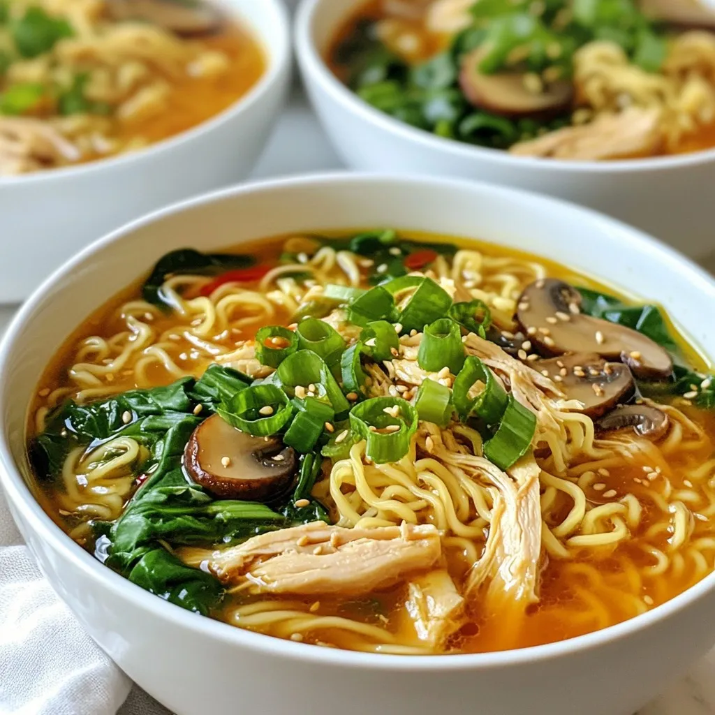 - 2 boneless, skinless chicken thighs - 4 cups chicken broth - 2 packs of ramen noodles (discard the seasoning packets) - 6 cloves of garlic, minced - 2 tablespoons ginger, grated - 2 tablespoons soy sauce - 1 tablespoon sriracha (adjust for desired spiciness) - 1 tablespoon sesame oil - 1 cup sliced mushrooms (shiitake or button) - 1 cup baby spinach - 2 green onions, sliced - 1 teaspoon sesame seeds (for garnish) In this dish, the chicken forms a tasty base. The broth adds depth. The ramen noodles soak up all the great flavors. Garlic and ginger give it a strong kick. Soy sauce adds saltiness, while sriracha brings heat. Sesame oil adds a nice touch. The mushrooms and spinach make it colorful and healthy. Finally, green onions and sesame seeds make it look fancy. Each ingredient plays a role in making the dish bold and flavorful. {{ingredient_image_1}} 1. Start by heating 1 tablespoon of sesame oil in a large pot over medium heat. 2. Add 6 minced garlic cloves and 2 tablespoons of grated ginger. Sauté until fragrant, about 1-2 minutes. 3. Season 2 boneless, skinless chicken thighs with salt and pepper. 4. Place the chicken in the pot. Cook until browned on both sides, around 4-5 minutes each. 1. Pour in 4 cups of chicken broth and 2 tablespoons of soy sauce. 2. Bring the mixture to a gentle simmer. Cover the pot and let it cook for about 15-20 minutes until the chicken is cooked through. 3. Remove the chicken from the pot and let it cool slightly. Shred it using two forks. 4. Return the shredded chicken to the broth. 1. Add 1 tablespoon of sriracha and 1 cup of sliced mushrooms to the pot. Stir well. 2. Allow everything to simmer for another 5 minutes. 3. In a separate pot, cook 2 packs of ramen noodles according to the package instructions. Drain and set aside. 4. Add 1 cup of baby spinach to the broth and cook for an additional 1-2 minutes until wilted. 5. To serve, place a portion of cooked ramen noodles in each bowl. Ladle the fiery garlic chicken broth over the noodles. Top with sliced green onions and 1 teaspoon of sesame seeds. This method creates a bold and flavorful dish that warms the soul. Enjoy every bite! How to perfectly sauté garlic To sauté garlic, heat sesame oil in a pot. Add minced garlic and grated ginger. Cook for 1-2 minutes. Stir often to avoid burning. You want to see a golden color and smell that sweet aroma. This step brings out the full flavor of the garlic. Tips for shredding chicken After cooking, let the chicken cool for a bit. Use two forks to pull apart the meat. Start at one end and shred towards the other. This method makes it easy and quick. Make sure to shred it well for even distribution in the ramen. Modifying sriracha levels You can control the heat by adding less sriracha. Start with half a tablespoon and taste before adding more. Mix it well into the broth. The flavor should be bold but not overpowering. Adjust until it suits your taste buds. Alternative spicy ingredients If you want more heat, try adding chili flakes or fresh sliced chilies. You can also use a spicy garlic sauce for a different flavor. Each option adds a unique kick to the dish. Experiment to find your favorite level of spice. Best garnishes for presentation Garnish your ramen with sliced green onions and sesame seeds. These add color and texture. You can also drizzle some extra sriracha on top. This makes the dish look appealing and adds a little extra flavor. Recommended bowl types Use deep bowls for serving ramen. This keeps the broth hot and allows for a good mix of ingredients. A wide bowl also helps with presentation. You can show off those beautiful garnishes and colorful toppings. Pro Tips Adjust the Spice: Feel free to modify the amount of sriracha according to your heat preference; start with less and add more to taste. Use Fresh Ingredients: Opt for fresh garlic and ginger for maximum flavor; they will enhance the overall dish significantly. Broth Depth: For a richer broth, consider adding a splash of fish sauce or a dash of miso paste along with the soy sauce. Perfectly Cooked Noodles: Be sure not to overcook the ramen noodles; they should be al dente to maintain their texture in the broth. {{image_2}} You can switch chicken for tofu. Tofu adds a nice texture and absorbs flavors well. For shrimp lovers, shrimp cooks fast and pairs great with the broth. Beef works too; just slice it thin and cook it until tender. To make this dish vegetarian, replace chicken broth with vegetable broth. This change keeps the flavor rich. Add more veggies like carrots, bell peppers, or snap peas. They add color and crunch to your ramen. If you're gluten-free, choose gluten-free ramen noodles. Many brands offer tasty options that fit well. For the broth, you can make a homemade gluten-free broth. Use fresh herbs and spices to keep it flavorful. Store your leftover Fiery Garlic Chicken Ramen in an airtight container. Place it in the fridge. It will stay fresh for up to 3 days. Make sure to cool it down before sealing. This keeps the ramen from getting too mushy. To freeze this dish, place it in a freezer-safe container. Leave some space for expansion. It can last in the freezer for up to 2 months. When reheating, thaw it in the fridge overnight. Heat it on the stove until hot. For best results, add fresh noodles. This keeps the texture nice. You can meal prep for this dish. Cook the chicken and broth a day or two ahead. Store them separately in the fridge. You can also chop your veggies in advance. Just add them when you heat the ramen. This way, you save time on busy days! Fiery Garlic Chicken Ramen is a spicy noodle soup. It features tender chicken, garlic, and rich broth. The dish is full of flavor and warmth. You can customize the heat with sriracha. Fresh veggies like spinach and mushrooms add texture. This dish is comforting and satisfying. It works great for lunch or dinner. Yes, you can use instant ramen noodles. They are quick and easy to prepare. Just discard the seasoning packets. Cook them separately according to the package instructions. Add the cooked noodles to your bowl before serving. Instant noodles soak up the broth well. This option is great for a fast meal. You can find Fiery Garlic Chicken Ramen in many Asian restaurants. Popular chains often serve similar dishes. Look for ramen shops or noodle bars in your area. Check local food blogs for recommendations. Many chefs offer unique takes on this classic dish. Don’t hesitate to ask for spice level adjustments! This blog post has taken you through every step to make delicious Fiery Garlic Chicken Ramen. We covered key ingredients, cooking methods, and tips to enhance your dish. Remember, you can customize this ramen to fit your taste. Experiment with protein options or spice levels. With the right techniques, you’ll create a flavorful meal that impresses friends and family. Enjoy your cooking adventure!