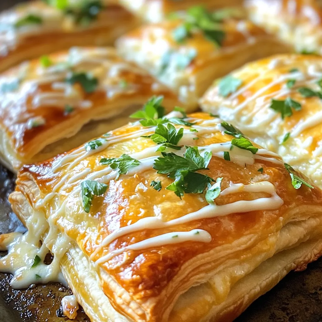- 2 cups cooked chicken, shredded - 1 cup cream cheese, softened to room temperature - 1 cup shredded mozzarella cheese - 1/2 cup grated Parmesan cheese - 1 tablespoon fresh parsley, finely chopped - 1 teaspoon garlic powder - 1 teaspoon onion powder - Salt and pepper, to taste - 2 sheets of puff pastry, thawed and ready to use - 1 egg, beaten (for egg wash) - 1 cup heavy cream - 1/2 cup grated Parmesan cheese - 1 tablespoon olive oil - Salt and pepper, to taste - Fresh parsley leaves, for garnish The main ingredients create a rich, creamy filling. The chicken and cheeses blend well to form a tasty surprise inside the flaky pastry. The cream cheese gives a smooth texture, while mozzarella adds stretch. The spices, like garlic and onion powder, give great flavor. For the sauce, heavy cream and Parmesan cheese make it rich and savory. Olive oil adds depth. A touch of salt and pepper elevates the sauce. Garnishing with fresh parsley adds color and freshness. It makes the dish look appetizing and inviting. You can use the additional sauce for dipping to enhance every bite. Enjoy your cooking! Start by preheating your oven to 400°F (200°C). This step is key for a nice, flaky texture. Next, line a baking sheet with parchment paper. This will help the pillows not stick as they bake. In a large bowl, mix 2 cups of shredded chicken with 1 cup of softened cream cheese. Add in 1 cup of shredded mozzarella and 1/2 cup of grated Parmesan cheese. Toss in 1 tablespoon of finely chopped fresh parsley, 1 teaspoon of garlic powder, 1 teaspoon of onion powder, and season with salt and pepper. Stir until everything combines into a smooth filling. On a lightly floured surface, roll out the puff pastry sheets to make them easier to manage. Cut each sheet into 4x4 inch squares. Spoon about two tablespoons of the chicken filling into the center of each square. Fold the pastry over to form a triangle. Press the edges firmly to seal. Use a fork to crimp the edges for a nice look. Place the filled pillows on your lined baking sheet with some space between each one. Brush the tops with a beaten egg. This will make them turn golden brown. Bake for 20-25 minutes until they are puffed up and golden. While the pillows bake, make the sauce. Heat 1 tablespoon of olive oil in a saucepan over medium heat. Slowly stir in 1 cup of heavy cream and let it simmer gently. Be careful not to let it boil. Add the remaining 1/2 cup of grated Parmesan cheese. Stir until the cheese melts and the sauce thickens. Taste and adjust with salt and pepper if needed. Remove from heat when done. To get that perfect flaky pastry, keep your ingredients cold. Use chilled puff pastry straight from the fridge. When you roll out the pastry, work quickly. If it warms up too much, it won’t rise well. - Use a floured surface: This helps prevent sticking. - Don’t overwork the dough: Handle it gently to keep air pockets. - Chill before baking: Pop it in the fridge for a few minutes after shaping. A creamy Parmesan sauce can elevate your dish. Start with heavy cream for a rich base. Heat it slowly to avoid boiling. Stir in cheese gradually to prevent clumps. - Use freshly grated cheese: It melts better than pre-grated. - Taste as you go: Add salt and pepper to your liking. - Simmer gently: This ensures the sauce thickens without burning. Serving is key to impressing your guests. Arrange the chicken pillows on a nice platter. Drizzle the sauce over them just before serving for a fresh look. - Garnish with fresh parsley: This adds color and freshness. - Serve extra sauce on the side: It invites guests to dip. - Use vibrant plates: Bright colors contrast well with the golden pillows. {{image_4}} You can make this dish lighter by using lean chicken breast. Swap cream cheese for Greek yogurt. This change keeps the creaminess but cuts some fat. You can also use whole wheat puff pastry for added fiber. Try adding herbs like dill or basil for fresh flavor without extra calories. Mixing cheeses adds fun flavors. Instead of just mozzarella, try using cheddar or pepper jack. Both will give a different taste and texture. You can also use goat cheese for a tangy twist. Each cheese brings something unique to the dish, so feel free to experiment! Adding veggies boosts nutrition and flavor. Spinach or diced bell peppers work well in the filling. You can also add spices like cumin or smoked paprika for an extra kick. These small changes can make each bite exciting. Just remember to chop veggies small so they fit well in the pillows! To keep your chicken pillows fresh, store them in an airtight container. Allow them to cool completely before sealing. They will stay good in the fridge for up to three days. If you want to enjoy them later, freezing is a great option. For the best taste and texture, reheat the chicken pillows in the oven. Preheat your oven to 350°F (175°C). Place the pillows on a baking sheet and cover them with foil. Heat for about 15-20 minutes, or until they are warm. This method keeps the pastry flaky. You can also use a microwave, but the pastry may get soggy. If you want to freeze your chicken pillows, do it before baking. After shaping them, place the pillows on a baking sheet and freeze them for about an hour. Once they are solid, transfer them to a freezer bag. They can stay frozen for up to three months. When ready to bake, simply bake them straight from the freezer. Add a few extra minutes to the baking time, and enjoy! Yes, you can use rotisserie chicken. It saves time and adds great flavor. Just shred the chicken and mix it with your other filling ingredients. This makes the recipe quick and easy, perfect for busy days. If you need a substitute for cream cheese, try Greek yogurt or ricotta cheese. Both options will keep the filling creamy. You can also use a dairy-free cream cheese if you want a vegan version. Just adjust the amount based on your taste. Look for a golden brown color on the top of the chicken pillows. They should puff up nicely. A good baking time is between 20 to 25 minutes at 400°F (200°C). You can also check the inside with a knife; it should be hot and the filling should be bubbly. In this post, we explored how to make tasty chicken pillows. You learned about the main ingredients and how to make a rich Parmesan cream sauce. I shared tips for perfect pastry and ideas for variations. Don’t forget safe ways to store leftovers and answers to common questions. Try making these chicken pillows. They are fun to prepare and delicious to eat. Enjoy your cooking and the flavors you create!