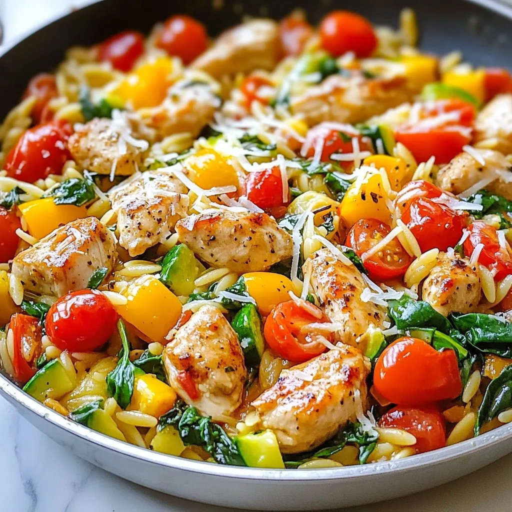 To make a delicious Balsamic Chicken Orzo Skillet, you will need the following ingredients: - 2 boneless, skinless chicken breasts, diced - 1 cup orzo pasta - 2 tablespoons balsamic vinegar - 1 tablespoon olive oil - 1 cup cherry tomatoes, halved - 1 bell pepper (red or yellow), diced - 1 zucchini, diced - 2 cups spinach, roughly chopped - 1 teaspoon garlic powder - 1 teaspoon dried Italian herbs - Salt and pepper to taste - Grated Parmesan cheese for serving (optional) Each ingredient plays a key role. The chicken adds protein, while the orzo provides a chewy base. Balsamic vinegar gives a sweet and tangy flavor. The fresh veggies, like cherry tomatoes and bell pepper, add color and nutrients. Spinach offers a nice touch of green and healthy benefits. Garlic powder and Italian herbs bring depth to the dish. You can adjust salt and pepper to suit your taste. If you like cheese, sprinkle some Parmesan on top for extra flavor. This simple list makes it easy to create a tasty one-pan meal. {{ingredient_image_1}} - First, heat 1 tablespoon of olive oil in a large skillet over medium heat. - Add 2 diced boneless, skinless chicken breasts. - Season with salt, pepper, 1 teaspoon of garlic powder, and 1 teaspoon of dried Italian herbs. - Sauté the chicken for about 6 to 8 minutes, until golden brown and cooked through. - Next, add 1 cup of halved cherry tomatoes, 1 diced bell pepper, and 1 diced zucchini to the skillet. - Cook the mixture for about 4 to 5 minutes until the veggies start to soften. - Now, stir in 1 cup of orzo pasta and 2 tablespoons of balsamic vinegar. - Mix everything well. - Pour in 4 cups of water and bring it to a gentle boil. - Reduce the heat to low, cover the skillet, and let it simmer for about 10 to 12 minutes. - Stir occasionally until the orzo is al dente and absorbs most of the liquid. - After the orzo is done, toss in 2 cups of roughly chopped spinach. - Stir until the spinach wilts. - Taste and adjust the seasoning with salt and pepper as needed. - Serve warm, topped with grated Parmesan cheese if you like. Choose fresh, high-quality chicken breasts for the best flavor. Look for breasts that are pink, firm, and have no dark spots. When cooking, cut them into even pieces. This helps them cook evenly. Sauté the chicken until it’s golden brown. This gives it a nice crust and locks in juices. To avoid mushy orzo, watch the cooking time closely. When you add the orzo to boiling water, stir it well. This helps prevent sticking. Check the package for cooking time. Taste the orzo a minute early to see if it’s al dente. It should be firm but not hard. Add fresh herbs to lift the dish. Basil or thyme works well. You can also mix in olives or capers for a briny kick. For a little heat, red pepper flakes add great flavor. If you want a creamier dish, stir in some cream or extra cheese before serving. Pro Tips Use Fresh Herbs: Fresh herbs can elevate the flavors of your dish. Consider adding fresh basil or parsley just before serving for a burst of freshness. Cook Orzo Separately: For a firmer texture, cook the orzo in a separate pot. This will prevent it from becoming too mushy in the skillet. Customize Your Veggies: Feel free to swap in your favorite vegetables or whatever you have on hand, such as asparagus or broccoli, to keep it interesting. Make It Ahead: This dish can be made ahead and stored in the fridge. Just reheat and add a splash of balsamic vinegar before serving for extra flavor. {{image_2}} You can easily change the protein in this dish. Shrimp makes a great swap. Just add shrimp when you add the veggies. Cook them until they turn pink. Tofu is another option. Use firm tofu for the best texture. Cube it and sauté it just like the chicken. Both options add a nice twist to the dish. Feel free to mix in your favorite veggies. Seasonal vegetables work well too. Try asparagus or snap peas in the spring. In winter, add root veggies like carrots or parsnips. You can also use kale instead of spinach for a different taste. The key is to pick what you love. This keeps the dish fresh and exciting. To make this dish gluten-free, swap out the orzo. Use gluten-free pasta options like rice or quinoa pasta. Just follow the package instructions for cooking times. Ensure all other ingredients are gluten-free too. This way, you keep the same great taste while catering to dietary needs. To keep your Balsamic Chicken Orzo Skillet fresh, store it in an airtight container. Let it cool down first. Place it in the fridge within two hours of cooking. It can last up to three days. Always label your container with the date. This helps you keep track of freshness. You can freeze this meal if you want to save it for later. Use a freezer-safe container or bag. Make sure to remove as much air as possible to prevent freezer burn. This dish can stay frozen for up to three months. When you’re ready to eat, thaw it slowly in the fridge overnight. To reheat, use the stove or microwave. If using the stove, add a splash of water to keep it moist. Heat it on low until warm. In the microwave, use a covered bowl. Heat for one minute, then stir. Repeat until hot. This keeps the flavor fresh and tasty. Balsamic Chicken Orzo Skillet lasts about 3-4 days in the fridge. Store it in an airtight container. Make sure it cools down before sealing to keep it fresh. When you want to eat it, simply reheat it on the stove or in the microwave until hot. Yes, you can use other types of pasta. Small pasta shapes like farro, ditalini, or even rice work well. Just adjust the cooking time based on the pasta you choose. Follow the package instructions to ensure the pasta cooks perfectly. Absolutely! This recipe is great for meal prep. It keeps well and reheats nicely. You can make a big batch and divide it into lunch containers. This way, you have easy meals ready throughout the week. To serve more people, simply double the ingredients. Use a larger skillet to fit everything. Keep the same cooking steps, just adjust the water and cooking time as needed. Ensure the orzo is cooked evenly for best results. This recipe for Balsamic Chicken Orzo Skillet combines chicken, fresh vegetables, and flavorful orzo. You learned to cook chicken, add veggies, and mix in herbs. The tips and variations offered let you customize your dish. This meal is not only easy to prepare but also tasty and versatile. Consider trying different proteins and veggies to keep it exciting. Enjoy the balance of flavors as you serve and share this dish. You’ll impress your family and friends with your cooking skills!