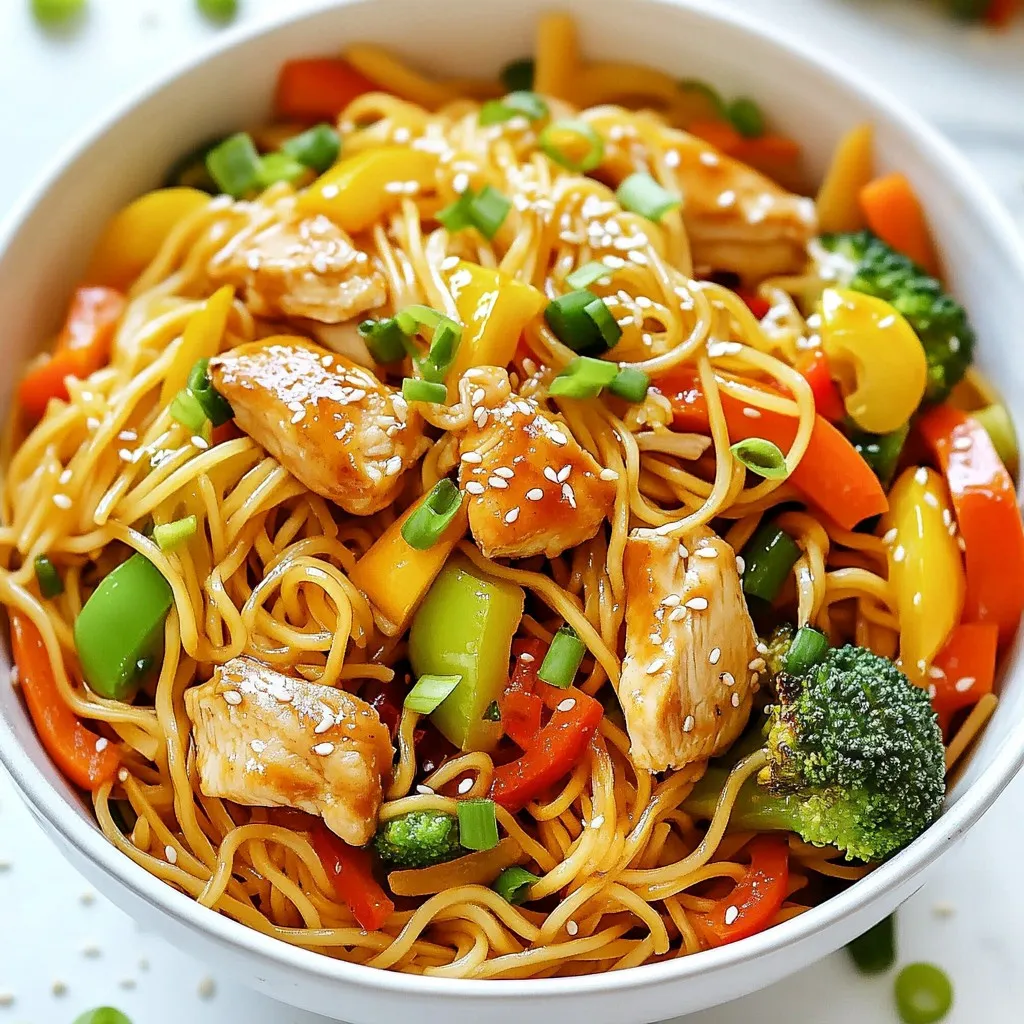 - 8 oz egg noodles (or Lo Mein noodles) - 1 pound chicken breast (thinly sliced) - 2 cups mixed vegetables (bell peppers, carrots, broccoli, snow peas) - 2 tablespoons sesame oil - ¼ cup low sodium soy sauce - 2 tablespoons oyster sauce (optional) - 1 tablespoon sugar (brown sugar recommended) - 3 cloves garlic (minced) - 1 tablespoon fresh ginger (grated) - 2 green onions (finely chopped) - 1 teaspoon sesame seeds (for garnish) Gathering the right ingredients is key. For this easy chicken lo mein, you need eight ounces of egg noodles or Lo Mein noodles. These noodles give the dish its authentic taste. You’ll also need one pound of chicken breast, sliced thinly for quick cooking. For veggies, two cups of mixed vegetables work best. Think bell peppers, carrots, broccoli, and snow peas for color and crunch. Next, the condiments and seasonings add flavor to your dish. You’ll need two tablespoons of sesame oil, which adds a lovely nutty taste. A quarter cup of low sodium soy sauce brings saltiness without being too strong. If you want an umami boost, add two tablespoons of oyster sauce. Lastly, one tablespoon of sugar, preferably brown, balances the savory flavors. Don’t forget the aromatics and garnish! Three cloves of minced garlic and one tablespoon of grated fresh ginger build a fragrant base. For freshness and color, add two finely chopped green onions at the end. To finish, sprinkle one teaspoon of sesame seeds for a nice touch. With these ingredients ready, you’re all set to create your delicious chicken lo mein! {{ingredient_image_2}} - Bring water to a boil. - Boil noodles as per package instructions. - Drain and set aside. - Heat sesame oil in skillet. - Cook chicken until golden brown. - Remove and set aside. - Add remaining sesame oil to the skillet. - Stir-fry mixed vegetables with garlic and ginger. - Cook until vibrant and tender-crisp. - Return chicken to the skillet. - Add soy sauce, oyster sauce, and sugar. - Stir to combine and heat through. - Gently fold in cooked noodles. - Ensure all ingredients are well coated. - Stir-fry for additional heating. - Toss in chopped green onions. - Remove from heat and garnish with sesame seeds. - Serve hot. - Ensure noodles are al dente to maintain texture. - Use high heat for stir-frying. Cooking noodles just right is key. Al dente means they stay firm and won't get mushy later. When stir-frying, high heat helps seal in flavors. It gives your chicken that nice brown color and keeps veggies crisp. - Consider adding chili flakes for spice. - Experiment with different vegetables according to preference. Want more kick? Chili flakes add fun heat. You can also swap in any veggies you love. Bell peppers, carrots, or broccoli all work great. Mix it up based on what's in your fridge. - Serve in deep bowls with sesame oil drizzle. - Add more colorful vegetables for visual appeal. How you serve makes a difference! Use deep bowls to keep everything together. A drizzle of sesame oil on top looks fancy. Adding bright vegetables like snap peas or red peppers makes your dish pop. Enjoy the colors and flavors! Pro Tips Use Fresh Ingredients: Fresh vegetables and herbs enhance flavor and texture, making your lo mein more vibrant and delicious. Customize Your Protein: Feel free to substitute chicken with beef, shrimp, or tofu for a different twist on this classic dish. Control the Sauce: Adjust the amount of soy sauce and oyster sauce to suit your taste preference; you can also add chili sauce for heat. Leftover Makeover: This dish is perfect for using up leftover veggies or proteins; just toss them in during the sautéing step for added flavor. {{image_4}} You can switch the chicken for shrimp or tofu. Shrimp cooks quickly and adds a nice touch. Tofu gives a good protein boost and absorbs flavors well. If you want a different flavor profile, try beef or pork. Both meats can bring a unique taste and texture to your dish. Feel free to use seasonal vegetables. Fresh veggies brighten up the dish and add crunch. Baby corn and mushrooms are great choices too. They add variety and new flavors to your lo mein. You can mix and match based on what you have at home. For a sweeter flavor, use teriyaki sauce instead of soy sauce. It gives a lovely glaze and sweetness. You can also try hoisin sauce for a new taste. This sauce adds depth and a slightly sweet flavor. Don't hesitate to experiment and find your favorite combo! Store any leftovers in an airtight container. This keeps the dish fresh. You can keep it in the fridge for up to 3 days. Make sure to let it cool before sealing. You can reheat chicken lo mein on the stovetop or in the microwave. If you use the stovetop, add a splash of water for moisture. This helps the noodles stay tender. You can freeze chicken lo mein if stored properly. Use a freezer-safe container or bag. When you're ready to eat it, thaw in the fridge before reheating. This keeps the flavors intact. Prep time is about 10 minutes, total time is approximately 25 minutes. This quick dish fits well into any busy schedule. You can enjoy a delicious meal without spending hours in the kitchen. With a little planning, you can have it ready in no time! Yes, you can make this dish gluten-free. Just use gluten-free soy sauce and gluten-free noodles. Many brands offer great options that taste just as good. This way, everyone can enjoy this tasty meal without worry! Absolutely! You can make Easy Chicken Lo Mein in advance. Just store it in the fridge after it cools down. It'll keep well for up to three days. This makes meal prep easy and saves time during busy weekdays. If you want to switch things up, try using hoisin sauce or teriyaki sauce. Both offer a sweet and savory flavor. They work well in this recipe and add a nice twist to the taste. Feel free to experiment with your favorite sauces! This Easy Chicken Lo Mein combines quick prep and tasty ingredients. You can whip up delicious noodles, chicken, and vibrant veggies in no time. Choose your favorite sauces for extra flavor. With some cooking tips and variations, you can make this dish your own. Remember, it’s perfect for leftovers too. So, gather your ingredients and get cooking! You’ll enjoy a meal that's both satisfying and easy.