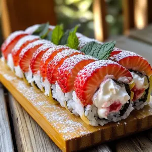 To make strawberry shortcake sushi rolls, you will need the following ingredients: - 1 cup sushi rice - 1 ¼ cups water - 2 tablespoons granulated sugar - 1 tablespoon rice vinegar - 1 teaspoon pure vanilla extract - 6 large strawberries, hulled and quartered - 1 cup whipped cream (store-bought or homemade) - 4 sheets of nori (seaweed) - 1 tablespoon powdered sugar (optional, for dusting) - Fresh mint leaves (for garnish) When picking strawberries, look for bright red color. They should feel firm to the touch. Avoid any that are soft, bruised, or have dark spots. Smell the strawberries; they should have a sweet scent. If you can, buy organic strawberries. They often taste better and have fewer chemicals. If you can't find sushi rice, you can use short-grain rice. It has a similar sticky texture. For those who prefer a lighter option, you can swap whipped cream for Greek yogurt. If you're avoiding gluten, ensure your nori is gluten-free. You can also replace strawberries with other fruits, like bananas or peaches, for a fun twist. To start, rinse 1 cup of sushi rice under cold water. Keep rinsing until the water runs clear. This step helps remove extra starch. Next, combine the rinsed rice with 1 ¼ cups of water in a saucepan. Turn the heat to medium-high and bring it to a boil. Once it boils, cover the pot with a lid and lower the heat. Let it simmer for about 20 minutes. The rice will absorb all the water and become tender. After cooking, let it sit covered for an extra 10 minutes. This steaming helps the rice become fluffy. While the rice steams, mix 2 tablespoons of granulated sugar, 1 tablespoon of rice vinegar, and 1 teaspoon of pure vanilla extract in a small bowl. Stir until the sugar dissolves completely. When the rice is ready, transfer it to a large bowl. Gently fold in the sugar mixture with a spatula. Be careful not to mash the rice; you want it to stay fluffy. Allow the seasoned rice to cool down to room temperature. Now, grab a bamboo sushi mat and place it on a flat surface. Lay one sheet of nori, shiny side down, on the mat. Wet your hands to prevent the rice from sticking. Take about ½ cup of sushi rice and spread it evenly over the nori. Leave a 1-inch border at the top. Next, place a line of quartered strawberries in the center of the rice. Add a good amount of whipped cream on top of the strawberries. This cream makes the rolls rich and sweet. Start at the bottom edge of the mat and gently lift to roll the sushi away from you. Apply light pressure to keep the roll tight. Keep rolling until you reach the bare edge of the nori. Dip your fingers in water and moisten the edge to seal the roll. Press it firmly to secure it. To finish, use a sharp, wet knife to slice the roll into six equal pieces. Wipe the knife with a damp cloth between cuts for cleaner slices. Optionally, dust the cut rolls with powdered sugar for a sweet touch. To roll sushi well, keep a few key tips in mind: - Use a bamboo sushi mat. It helps create a tight roll. - Wet your hands with water. This prevents the rice from sticking. - Spread the rice evenly. Leave a 1-inch border at the top edge. - Place fillings in the center. This keeps them secure when rolling. Mastering these steps ensures your rolls hold together nicely and look great. Avoid these common pitfalls when making strawberry shortcake sushi: - Not rinsing the rice. Rinsing removes excess starch for better texture. - Overfilling the roll. Too much filling can lead to breakage. - Rolling too tightly. It can squish the ingredients and make a mess. - Forgetting to seal the nori. A wet edge helps keep the roll closed. Being aware of these mistakes helps you create perfect sushi every time. For a stunning presentation, follow these tips: - Use a wooden platter or decorative plate. It adds a nice touch. - Cut rolls cleanly with a wet knife. This keeps the edges neat. - Lightly dust with powdered sugar. It gives a sweet finish. - Garnish with fresh mint. It adds color and fragrance. These serving ideas make your sushi rolls look as good as they taste! {{image_4}} You can mix up the fillings in your sushi rolls. Instead of just strawberries, try using other fruits. Sliced bananas or peaches work great. You can also add a layer of cream cheese for a rich taste. For a fun twist, add a drizzle of chocolate sauce inside the roll. These options keep it exciting and allow you to enjoy new flavors. If you want a vegan version, swap the whipped cream for coconut cream. It gives the same creamy texture with a light coconut flavor. Use maple syrup instead of granulated sugar to sweeten the rice. For the nori, check if it’s vegan-friendly, as some brands may use animal products. This way, everyone can enjoy your sushi rolls. Add a touch of zest for extra flavor. Grate some lemon or lime peel over the strawberries before rolling. This brightens the dish and adds a nice contrast. You can also sprinkle a bit of cinnamon in the rice for warmth. For a festive touch, try adding edible flowers as a garnish. These small changes can make a big impact on taste and presentation. To keep your leftover sushi rolls fresh, wrap them in plastic wrap. This helps keep air out. Place the wrapped rolls in an airtight container. Store them in the fridge for up to two days. Eating them sooner is best for taste and texture. Sushi rolls are best enjoyed fresh, but you can reheat them if needed. Use a microwave for quick warming. Place the rolls on a microwave-safe plate. Cover them with a damp paper towel. Heat in short bursts of 10-15 seconds. Check often to avoid overheating. The rice can dry out quickly. Always use fresh ingredients for the best flavor. Choose ripe strawberries that are firm and bright red. Check for any soft spots or mold. For whipped cream, use fresh or store-bought options that are thick and creamy. Fresh mint leaves add a nice touch too. Store all ingredients in the fridge until you're ready to use them. To make sushi rice on the stove, rinse 1 cup of sushi rice under cold water until it runs clear. This removes extra starch. Combine the rinsed rice with 1 ¼ cups of water in a saucepan. Bring it to a boil over medium-high heat. Then, cover the pot and reduce heat to low. Let it simmer for 20 minutes or until the water is gone. Remove from heat and let it sit, covered, for another 10 minutes. This method gives you fluffy rice without a rice cooker. You can use frozen strawberries, but fresh is best. Frozen strawberries may release extra juice, making the rolls soggy. If using frozen, thaw and drain them well. Then, slice them into quarters. This way, you can still enjoy the sweet flavor and fruity goodness in your rolls. Each serving of strawberry shortcake sushi rolls contains about 250 calories. This count may vary based on the ingredients used. For instance, whipped cream can add more calories. To reduce calories, consider using lighter whipped cream or less sugar. These rolls are a fun and sweet treat for summer that won't break your calorie bank! This blog post covers how to make strawberry shortcake sushi rolls. You learned about fresh ingredients, tips for rolling, and different variations. We discussed how to prepare the sushi rice and avoid common mistakes. Storing leftovers properly helps keep your sushi fresh. Remember, creativity allows you to play with fillings and flavors. Use this guide to enjoy sushi-making at home. Dive in and have fun experimenting with your rolls!