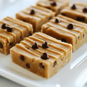 - 1 cup almond flour - 1/2 cup rolled oats - 1/2 cup nut butter (peanut or almond) - 1/4 cup honey or maple syrup - 1/4 cup vanilla protein powder - 1/4 cup mini chocolate chips - 1/2 teaspoon vanilla extract - A pinch of salt To make No-Bake Cookie Dough Protein Bars, you need simple ingredients. Each one plays a key role in flavor and texture. Almond flour gives a nice base. Rolled oats add a chewy bite. The nut butter brings creaminess and holds everything together. Honey or maple syrup acts as a natural sweetener. It binds the mixture too. Vanilla protein powder boosts the protein content while adding flavor. Mini chocolate chips bring a fun touch. Lastly, vanilla extract and a pinch of salt enhance the overall taste. You can swap nut butters based on taste. Use cashew or sunflower butter for variety. Want more flavor? Try adding a dash of cinnamon or a scoop of cocoa powder. These changes keep the bars exciting and adaptable. {{ingredient_image_1}} - Mixing dry ingredients: Start by taking a large mixing bowl. Add 1 cup of almond flour, 1/2 cup of rolled oats, and 1/4 cup of vanilla protein powder. Stir these ingredients well until they blend completely. This mix forms a good base for our bars. - Whisking wet ingredients: In another bowl, whisk together 1/2 cup of nut butter, 1/4 cup of honey or maple syrup, 1/2 teaspoon of vanilla extract, and a pinch of salt. Make sure the mixture is smooth. This adds flavor and binds the dry mix. - Combining mixtures: Gradually add the wet mix to the dry ingredients. Stir until the dough is thick but not dry. If needed, use your hands to mix. Then, fold in 1/4 cup of mini chocolate chips. This gives the bars a sweet touch. - Pressing into the baking dish: Line an 8x8 inch square baking dish with parchment paper. Pour the cookie dough mixture into the dish. Press it down firmly with your hands. Make sure it's even and packed well. - Refrigeration process: Place the dish in the fridge for at least 30 minutes. This helps the bars firm up nicely. - Tips for uniform bar sizes: Once the bars are chilled, lift them out using the parchment paper. Use a sharp knife to cut them into your desired sizes. Aim for even pieces to keep servings consistent. - Presentation ideas: Serve the bars on a wooden cutting board. Drizzle a little extra nut butter on top for a fancy look. Enjoy these healthy treats! Each No-Bake Cookie Dough Protein Bar has about 150 calories. You get 6 grams of protein, 7 grams of fat, and 16 grams of carbs. This balance makes them a great snack. They provide energy without weighing you down. Almond flour is rich in healthy fats, fiber, and protein. It helps you feel full longer. Nut butter adds more protein and healthy fats too. These bars are perfect for a post-workout boost. They keep your energy up and your cravings down. The honey or maple syrup gives a natural sweetness, making these bars a tasty treat. Pro Tips Use Fresh Ingredients: Always opt for fresh nut butter and high-quality protein powder for the best flavor and nutritional benefits. Chill for Better Texture: Allowing the bars to chill for at least 30 minutes helps them set properly and improves their texture. Customize Your Mix-Ins: Feel free to add other mix-ins like dried fruit, seeds, or different types of chocolate chips to tailor the bars to your taste. Perfect Portioning: For even bars, use a sharp knife and cut while the mixture is still cold, ensuring clean edges and uniform sizes. {{image_2}} To make your No-Bake Cookie Dough Protein Bars come out perfect, get the ingredient ratios right. Use the right amount of almond flour and nut butter. This balance gives a nice, chewy texture. Too much nut butter makes them too oily, while too little can make them dry. Mixing techniques also matter. Start by mixing dry ingredients first. Blend the almond flour, oats, and protein powder until smooth. In another bowl, whisk the nut butter and sweetener until creamy. When you combine both mixes, stir gently until they come together. Don&rsquo;t overmix; you want a thick dough, not a paste. These bars are great for different diets. You can make them vegan by using maple syrup and almond butter. This keeps them plant-based and tasty. For gluten-free options, ensure your oats are certified gluten-free. You can also add flavor enhancers. A dash of cinnamon or a pinch of nutmeg can change the taste. If you like a bit of crunch, add chopped nuts or seeds. This makes your protein bars even better! You can change the taste of your No-Bake Cookie Dough Protein Bars easily. Different protein powders can add unique flavors. For example, try chocolate or peanut butter protein powder for a tasty twist. You can also pick plant-based protein if you're vegan. Add-ins are another fun way to switch things up. Dried fruits like cranberries or apricots can give a sweet touch. Nuts like walnuts or almonds add crunch and good fats. Mixing in seeds like chia or flaxseed boosts nutrition too. Drizzling chocolate on top makes these bars extra special. Melt dark chocolate and pour it over the bars for a rich flavor. You can also use white chocolate or even yogurt for a creamy finish. These bars pair well with other snacks too. Enjoy them with fresh fruit like apple slices or bananas. A scoop of yogurt on the side adds protein and creaminess. You can even crumble the bars over a smoothie bowl for a crunchy topping. To keep your No-Bake Cookie Dough Protein Bars fresh, use an airtight container. This helps stop air and moisture from spoiling them. I recommend a glass container or plastic with a good seal. Place parchment paper between layers if you stack them. This prevents sticking and keeps them neat. For best results, store the bars in the fridge. They will stay fresh for about a week. If you want to save them longer, freeze the bars. Wrap each bar in plastic wrap, then place them in a freezer bag. This way, you can pull out a bar when you need a tasty snack. In the refrigerator, the bars last about seven days. When you freeze them, they can last up to three months. Just remember to label the bag with the date. Watch for signs of spoilage. If you see changes in color or smell, it&rsquo;s time to toss them. The bars should remain firm and have a sweet, nutty scent. If they feel sticky or slimy, they are no longer good to eat. Yes, you can swap ingredients in this recipe. For nut butter, try sunflower seed butter or tahini. These are great nut-free options. For sugar, use agave or coconut sugar. Keep in mind that these may change the sweetness and texture. You can tell when the bars are ready by their texture. They should feel firm to the touch but still slightly soft. If they hold their shape when you press them, they are good to go! Yes, these bars are perfect for meal prep! Store them in an airtight container in the fridge. They last up to a week. You can also freeze them for longer storage. Just wrap them tightly in plastic wrap or foil before freezing. These nutritious bars are easy to make and customize. We explored the key ingredients, like almond flour and nut butter, and their health benefits. I shared steps for mixing and pressing, ensuring perfect texture. You can try different flavors and storage tips to keep them fresh. Experiment with your favorite add-ins to make these bars truly yours. Enjoy creating a healthy snack that fits your lifestyle!