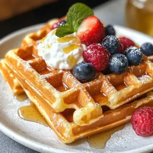 To make these protein waffles, gather these items: - 1 cup rolled oats - 1 scoop protein powder (vanilla or unflavored) - 1 ripe banana, mashed - 2 large eggs - 1/2 cup almond milk (or milk of choice) - 1 tablespoon baking powder - 1 teaspoon vanilla extract - 1/2 teaspoon cinnamon - Pinch of salt These ingredients work together to create a tasty base. The rolled oats give the waffles a nice texture. The protein powder adds a boost of nutrition. You can make your waffles even better with these toppings: - Fresh berries - Greek yogurt - Honey - Maple syrup Adding toppings can change the flavor. Fresh berries bring sweetness and color. Greek yogurt adds creaminess and protein. If you need substitutes, here are some ideas: - Use any milk instead of almond milk. - Swap the banana for applesauce for a different taste. - Replace eggs with flaxseed meal mixed with water for a vegan option. These swaps keep the recipe flexible. You can still enjoy great taste and nutrition! {{ingredient_image_1}} First, you need to preheat your waffle iron. Follow the instructions that come with your iron. This step is key for even cooking. A hot iron helps create crispy edges. You can use a light spray of oil to keep the waffles from sticking. Next, grab a blender or food processor. Add 1 cup of rolled oats. Blend them until they look like flour. This makes your base nice and smooth. Then, add 1 scoop of protein powder, 1 ripe mashed banana, and 2 large eggs. Pour in 1/2 cup of almond milk. Add 1 tablespoon of baking powder, 1 teaspoon of vanilla extract, 1/2 teaspoon of cinnamon, and a pinch of salt. Blend it all together until smooth. Your batter should be thick but easy to pour. Now it&rsquo;s time to cook! Lightly grease the waffle iron with cooking spray or a bit of oil. Pour the batter in the center, but don&rsquo;t overfill. Close the lid and cook according to your iron's guide. This usually takes about 3-5 minutes. Watch for the waffles to turn golden brown and crisp. Carefully take them out and keep them warm in a low oven. Repeat until you finish the batter. Enjoy your protein-packed waffles warm, topped with berries, yogurt, or syrup! To get the best texture, blend your oats until they are very fine. This helps make a smooth batter. The batter should be thick but pourable. If it's too thick, add a splash of milk. For fluffier waffles, let the batter sit for five minutes before cooking. This helps it rise better. If you have leftover waffles, let them cool completely. Then, stack them with a piece of parchment paper between each one. Place the stack in a zip-lock bag or airtight container. Store them in the fridge for up to three days. You can also freeze them for up to three months. Just pop them in the toaster or microwave when you want to eat them again. For extra crispy waffles, try these tips. First, preheat your waffle iron well. A hot iron helps create a crispy outside. Second, use a light spray of oil or cooking spray on the iron. This prevents sticking and gives a nice crunch. Lastly, cook the waffles a minute longer if needed. Just watch them closely to avoid burning. Pro Tips Use Fresh Bananas: Ripe bananas not only add sweetness but also enhance the moisture in the waffles, making them fluffier. Experiment with Flavors: Feel free to add different spices like nutmeg or cardamom, or even a scoop of cocoa powder for a chocolatey twist! Perfect Your Waffle Iron Technique: Every waffle iron is different; adjust cooking time as needed to achieve the perfect golden brown without burning. Make Ahead and Freeze: These waffles freeze well! Just pop them in the toaster for a quick breakfast on busy mornings. {{image_2}} You can easily make vegan protein waffles. Just swap the eggs for a flax egg. To make a flax egg, mix one tablespoon of ground flaxseed with three tablespoons of water. Let it sit for five minutes to thicken. Use a plant-based protein powder too, like pea or rice protein. You can also use almond milk or oat milk for a dairy-free option. This keeps your waffles light and fluffy while still packing protein. If you need gluten-free waffles, use gluten-free rolled oats. Blend them until they become flour. This way, you avoid any gluten. You can also try almond flour or coconut flour. Both are great substitutes for a gluten-free option. Make sure your protein powder is gluten-free as well. With these swaps, you can enjoy tasty waffles without the gluten. Want to add some fun flavors? Try a scoop of cocoa powder for chocolate waffles. Just mix it in with the rest of the ingredients. For a fall twist, add pumpkin puree and a touch of nutmeg. This gives your waffles a warm, cozy flavor. You can also toss in mini chocolate chips or chopped nuts for extra texture. These small changes turn basic waffles into something special. These protein waffles pack a punch with protein. Each waffle has about 10-15 grams of protein. This comes from the protein powder and eggs. Protein helps build muscle and keeps you full longer. It also boosts your metabolism. Eating protein in the morning can kickstart your day right. One serving of these waffles is around 200-250 calories. The main sources of calories are from oats, eggs, and banana. Oats give you healthy carbs and fiber. The banana adds natural sweetness and some calories too. This balanced mix keeps your energy steady. - Rolled oats: High in fiber, good for digestion, and helps lower cholesterol. - Banana: Rich in potassium, supports heart health, and adds natural sweetness. - Almond milk: Lower in calories than regular milk and has healthy fats. - Eggs: Packed with vitamins and minerals, eggs aid in muscle repair. - Cinnamon: May help control blood sugar and adds flavor without extra sugar. These ingredients create a tasty meal that fuels your body right. Yes, you can use various protein powders. Whey, casein, or plant-based protein works well. Each type adds a unique flavor and texture. If you choose flavored protein, adjust other flavors in the recipe. Keep in mind that some powders may change the waffle's texture. For example, pea protein may make the batter thicker. Experiment to find your favorite blend! Store protein waffles in an airtight container. You can keep them in the fridge for up to three days. For longer storage, freeze them. Place parchment paper between each waffle to prevent sticking. When ready to eat, pop them in the toaster or microwave. This keeps them warm and crispy. Toppings can elevate your protein waffles. Fresh berries add a burst of flavor and color. Greek yogurt gives a creamy texture and extra protein. Honey or maple syrup adds sweetness. You can also try nut butter for a rich taste. Mix and match toppings to keep things fun and tasty! In this post, we explored how to make tasty protein waffles. We covered key ingredients, optional toppings, and ingredient swaps. I shared step-by-step instructions for prepping, blending, and cooking. You learned tips for perfect texture and storing extras. We also looked at vegan and gluten-free variations, plus exciting flavor ideas. Finally, I detailed the health benefits and answered common questions. Now you can enjoy delicious, nutritious waffles any time! Cook with confidence and get creative.