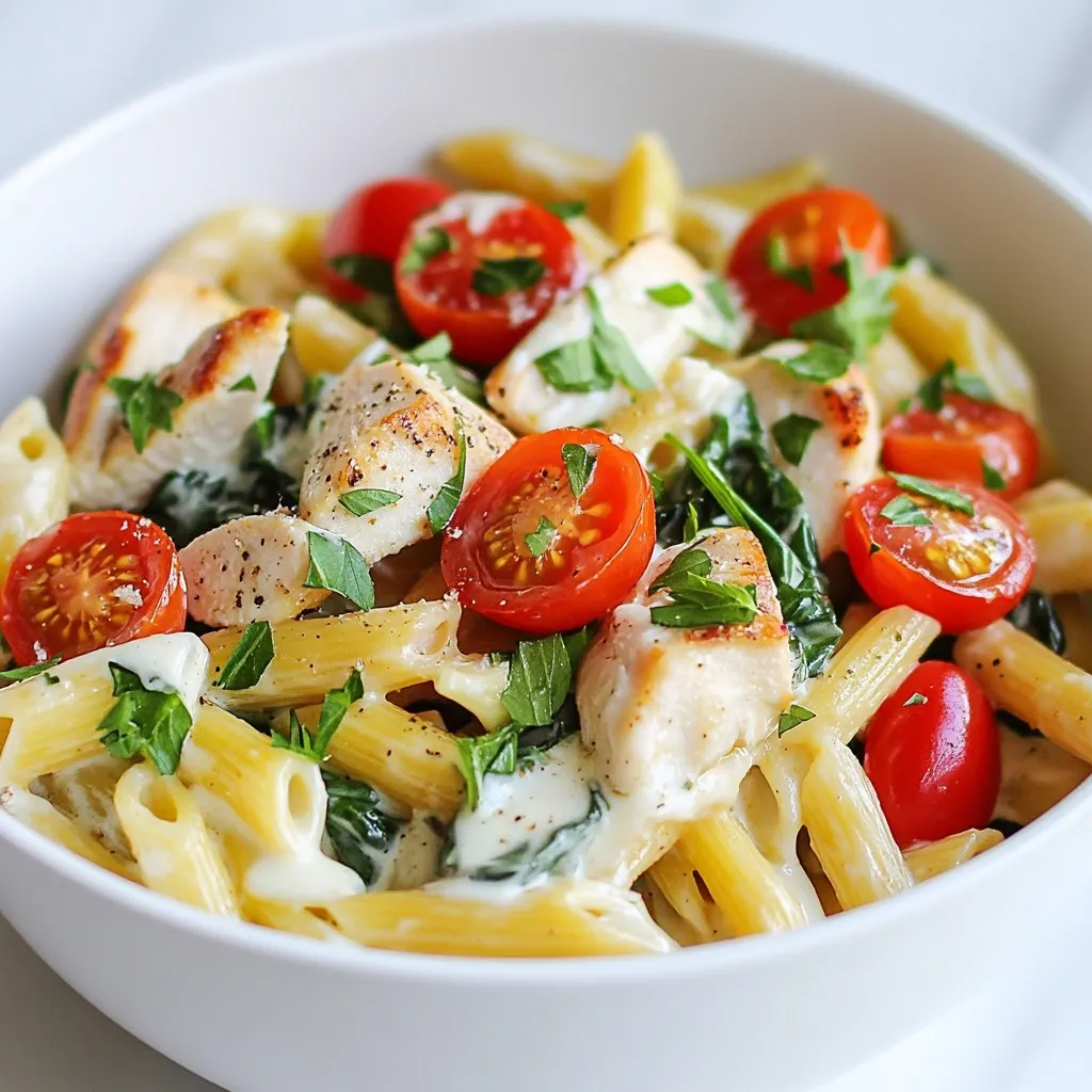 - 2 boneless, skinless chicken breasts, diced - 8 ounces penne pasta - 1 tablespoon olive oil - 1 packet (1 ounce) ranch dressing mix - 1 cup heavy cream - ½ cup grated Parmesan cheese - 1 cup cherry tomatoes, halved - 1 cup baby spinach - 1 teaspoon garlic powder - Salt and pepper to taste - Fresh parsley, chopped (for garnish) You will need a few tools for this recipe: - Large pot for boiling pasta - Large skillet for cooking chicken and sauce - Measuring cups and spoons - Stirring spoon or spatula - Knife for dicing chicken and halving tomatoes This Chicken Ranch Pasta recipe serves four people. Each serving has about: - Calories: 610 - Protein: 35g - Carbohydrates: 55g - Fat: 30g - Fiber: 3g - Sugar: 2g This meal packs a tasty punch of flavor while still being satisfying. Enjoy your creamy and flavorful delight! {{ingredient_image_1}} Start by boiling a large pot of salted water. Add 8 ounces of penne pasta and cook it until it’s al dente, which usually takes about 8-10 minutes. Drain the pasta and set it aside for later. In a large skillet, heat 1 tablespoon of olive oil over medium heat. Once the oil is hot, add 2 diced boneless, skinless chicken breasts. Season them with salt, pepper, and 1 teaspoon of garlic powder. Cook for 5-7 minutes until the chicken is browned and fully cooked. This step gives your chicken a nice flavor and keeps it tender. Now, it's time to make the sauce. To the skillet, add 1 packet of ranch dressing mix and 1 cup of heavy cream. Stir well to combine. Let this mixture simmer for about 2-3 minutes. The sauce should start to thicken and smell amazing. Next, gradually stir in ½ cup of grated Parmesan cheese until it melts into the sauce. Then, fold in 1 cup of halved cherry tomatoes and 1 cup of baby spinach. Cook for 1-2 minutes until the spinach wilts. This adds a burst of color and nutrition. Finally, add the cooked penne pasta to the skillet. Toss everything together to coat the pasta in the creamy ranch sauce. Cook for an additional minute to heat everything through. To serve, place the pasta in large bowls and sprinkle with freshly chopped parsley. You can drizzle extra ranch dressing on top for added flavor. Enjoy your delicious Chicken Ranch Pasta! To cook penne pasta just right, start with a big pot. Fill it with water and add a good amount of salt. Bring the water to a boil before adding the penne. Stir it for the first few minutes to stop it from sticking. Check the package for cooking time, but aim for al dente. This means it should be firm but not hard. Once done, drain the pasta and set it aside. For the chicken, I use boneless, skinless breasts. Dice them into bite-size pieces for even cooking. Heat a skillet on medium heat and add olive oil. When the oil is hot, add the chicken. Season it with salt, pepper, and garlic powder. Cook for about 5-7 minutes until the chicken is golden brown and fully cooked. This method keeps the chicken juicy and tender. Using spices can make your dish pop. I recommend garlic powder for depth. The ranch dressing mix adds a creamy, tangy flavor. You can also try adding a pinch of red pepper flakes for a kick. Don't be afraid to taste as you go. Adjust the spices to match your taste buds. Serving is just as important as cooking. Use large bowls or plates for a nice display. Drizzle extra ranch dressing on top for flair. A sprinkle of fresh parsley adds color and freshness. You can even add some cherry tomatoes on top for a burst of color. This makes the dish look as good as it tastes! Pro Tips Use Fresh Ingredients: Opt for fresh spinach and ripe cherry tomatoes to enhance the flavor and texture of your dish. Customize Your Ranch: Experiment with different brands or homemade ranch dressing for a unique taste profile that suits your preference. Perfectly Cooked Chicken: Make sure to not overcook the chicken; it should be juicy and tender for the best results in your pasta. Make it a Meal: Add protein-rich toppings like grilled shrimp or bacon bits for an extra layer of flavor and texture. {{image_2}} You can switch out chicken for other proteins. Shrimp works great in this dish. Just sauté it until it turns pink. You can also use turkey or even tofu for a lighter choice. Each protein brings a unique taste to the pasta. If you need gluten-free, choose gluten-free penne pasta. Many brands offer tasty options made from rice or corn. Make sure to check the ranch dressing mix, as some contain gluten. You can find gluten-free ranch mixes easily in stores. To make this dish vegan, replace chicken with chickpeas or lentils. Use coconut cream instead of heavy cream. Nutritional yeast can stand in for Parmesan cheese. This way, you still get a creamy texture without animal products. Feel free to explore other pasta types! Fusilli, farfalle, or even spaghetti can work well. Each shape holds the sauce differently, giving you a fun new look and taste. You can choose any pasta you love for this dish! To keep your Chicken Ranch Pasta fresh, store it in an airtight container. Let the pasta cool to room temperature before sealing it. This prevents steam from building up, which can make it soggy. Place it in the fridge if you plan to eat it within three to four days. When you're ready to enjoy the leftovers, reheat the pasta on the stove. Add a splash of milk or cream to help revive its creamy texture. Heat it over low to medium heat, stirring often. This will warm the pasta evenly and keep it tasty. You can also use the microwave. Heat it in a microwave-safe dish for about 1-2 minutes, stirring halfway through. If you want to save Chicken Ranch Pasta for later, freezing is a great option. Cool the pasta completely, then portion it into freezer-safe bags. Remove as much air as possible before sealing. Label the bags with the date. You can freeze it for up to three months. To thaw, place it in the fridge overnight. Reheat as mentioned above. You can use half-and-half or whole milk. These will make a lighter sauce. For a thicker option, try cream cheese or Greek yogurt. Both add creaminess but change the flavor slightly. Yes, you can use any pasta you like. Bowtie or fusilli work well too. Just make sure to cook it until al dente. This keeps the pasta firm and tasty. Add crushed red pepper flakes or diced jalapeños. You can also use spicy ranch dressing. Start with a little, and taste as you go. Adjust until it’s just right for you. Absolutely! Kids love the creamy sauce and tender chicken. The ranch flavor is often a favorite. You can also serve it with extra veggies for added nutrition. Yes, you can make your own ranch mix! Combine dried herbs like dill, parsley, and onion powder. Add garlic powder and salt for flavor. This gives you a fresh twist on the classic mix. In this blog post, I covered the key ingredients and steps to make a delicious pasta dish. We explored cooking techniques for pasta and chicken, and how to make a creamy sauce. I shared tips to enhance flavors and suggested variations to fit your diet. Lastly, I provided storage tips and answered common questions. Now, you're ready to create a tasty meal. Enjoy cooking and savor every bite.
