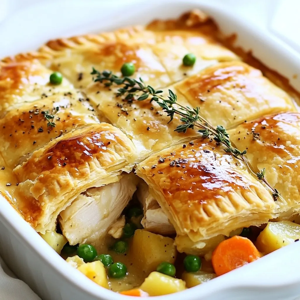 - 1.5 lbs boneless, skinless chicken thighs, chopped - 3 medium carrots, diced - 2 medium potatoes, diced - 1 cup frozen peas - 1 onion, diced - 3 cloves garlic, minced - 4 cups chicken broth - 1 cup heavy cream - 1 teaspoon dried thyme - 1 teaspoon dried rosemary - Salt and pepper to taste - 1 tablespoon olive oil - 2 tablespoons cornstarch mixed with 2 tablespoons water (for thickening) - 1 package refrigerated pie crusts (2 crusts) When I think of comfort food, chicken pot pie comes to mind. The blend of tender chicken, fresh veggies, and creamy sauce brings warmth to any meal. To start, I use 1.5 lbs of boneless, skinless chicken thighs. They cook up tender and juicy, perfect for this dish. Next, I chop 3 medium carrots and 2 medium potatoes. These add sweetness and heartiness. Frozen peas bring bright color and texture. I add 1 cup of them for that pop of green. I also use 1 diced onion and 3 cloves of minced garlic for depth of flavor. For the base, I pour in 4 cups of chicken broth and 1 cup of heavy cream. This mix creates a rich sauce. I season with 1 teaspoon each of dried thyme and rosemary, plus salt and pepper. I heat 1 tablespoon of olive oil in a skillet. Then, I sauté the onions and garlic until soft. This step enhances their flavor before adding them to the slow cooker. For thickening, I mix 2 tablespoons of cornstarch with 2 tablespoons of water. This slurry will help the sauce become creamy. Finally, I prepare 1 package of refrigerated pie crusts. They make for a simple yet satisfying crust. With these ingredients ready, the cooking magic can begin! {{ingredient_image_1}} First, I heat olive oil in a skillet over medium heat. I add diced onions and minced garlic. I sauté them until the onions are soft and clear, about 3-4 minutes. This step builds a great base of flavor. Next, I grab my slow cooker. In it, I add the sautéed onions and garlic. Then, I toss in chopped chicken thighs, diced carrots, and diced potatoes. I also add the frozen peas. To this mix, I pour in chicken broth and heavy cream. I sprinkle in thyme, rosemary, salt, and pepper. I stir everything well to ensure it’s mixed. I cover the slow cooker and set it on low. I let it cook for 6-7 hours. If I’m in a hurry, I set it on high for 3-4 hours. The chicken should be tender and the veggies cooked through. About 30 minutes before serving, I prepare a cornstarch mixture. I mix 2 tablespoons of cornstarch with 2 tablespoons of water. I add this to the slow cooker to thicken the sauce. I stir it well so it blends evenly. While the filling thickens, I preheat my oven to 425°F (220°C). I take a package of refrigerated pie crusts. I fit one crust into a 9-inch pie dish. I then pour the chicken filling into the crust, spreading it evenly. Next, I place the second pie crust over the filling. I crimp the edges to seal it tight. I cut small slits in the top crust to let steam escape. Finally, I bake the pot pie in the oven for 25-30 minutes. I look for a golden brown top. After baking, I let it cool for a few minutes before slicing and serving. This meal always feels like a warm hug. For the best taste, consider swapping some ingredients. You can use chicken breast if you prefer. It cooks faster and stays juicy. Try adding fresh herbs like parsley or basil for more flavor. If you want a richer taste, use half-and-half instead of heavy cream. This small change can make a big difference. Seasoning is key. Always taste your mix before cooking. Add salt and pepper little by little. It’s easy to add more, but hard to fix too much salt. Dried thyme and rosemary brighten the dish. They work well with chicken and vegetables. You can also add a pinch of nutmeg for warmth. Cooking on low gives a deep flavor. It allows the chicken to get tender. This option usually takes about 6 to 7 hours. If you are short on time, use the high setting. This will take about 3 to 4 hours. When using a slow cooker, avoid opening the lid. Each time you open it, heat escapes. This can add more time to your cooking. For best results, keep it covered. Always check if the chicken is tender before serving. If needed, you can cook it a bit longer. Pro Tips Use Fresh Herbs: Fresh thyme and rosemary can elevate the flavor of your pot pie. If you have them on hand, use them instead of dried for a more vibrant taste. Chicken Alternatives: Feel free to substitute chicken thighs with chicken breasts or even leftover rotisserie chicken for a quicker option. Just adjust the cooking time accordingly. Thickening Options: If you prefer a thicker filling, increase the cornstarch mixture or add a little flour to the chicken broth before cooking. Pie Crust Tips: For a flakier crust, ensure your pie crust is chilled before baking. Additionally, brushing the top with an egg wash can give it a beautiful golden color. {{image_2}} You can change the chicken in this dish. Try turkey instead. You can also use hearty veggies like mushrooms or zucchini. These swaps add great flavor and texture. Want a veggie pot pie? Just skip the meat. Add more vegetables like bell peppers or green beans. You can mix and match based on what you have at home. This keeps it fresh and fun! You have two main choices for the crust. You can use a homemade crust for a personal touch. This can be a fun way to get kids involved. Making crust from scratch gives you control over the flavors. If you want something quicker, store-bought crusts work great too. They save time and still taste good. Look for whole wheat or butter-based options for extra flavor. For those who need gluten-free options, there are many choices too. Gluten-free pie crusts are available in stores. You can also use mashed potatoes as a topping instead of a crust. This creates a new twist on the classic dish! To keep your chicken pot pie fresh, place leftovers in an airtight container. You can also use plastic wrap or aluminum foil. Make sure the pie cools down to room temperature before storing. This helps avoid condensation and sogginess. You can store leftovers in the fridge for up to three days. If you want to keep it longer, consider freezing it. To reheat, the best method is using the oven. Preheat your oven to 350°F (175°C). Place the pot pie in an oven-safe dish. Cover it with foil to keep the top from burning. Heat for about 20-25 minutes or until warmed through. You can also use the microwave for a quick option. However, this may make the crust less crispy. If you use the microwave, heat in short bursts, checking often. Enjoy your meal just as delicious as the first time! Yes, you can cook this dish on the stovetop. Start by sautéing the onions and garlic in a large pot. Then, add the chopped chicken, carrots, and potatoes. Pour in the chicken broth and heavy cream. Bring it to a boil, then reduce the heat. Let it simmer for about 30 minutes, stirring often. Add the peas and herbs near the end. Finally, thicken the sauce with the cornstarch mixture. Pour everything into a pie crust and bake as usual. You can prep ingredients a day ahead. Chop the chicken, carrots, and potatoes. Store them in the fridge in airtight containers. You can also sauté the onions and garlic ahead of time. Just let them cool before putting them away. When you're ready to cook, add everything to the slow cooker. This makes dinner easy and quick on busy days. Yes, you can freeze chicken pot pie. After you assemble the pie, wrap it tightly in plastic wrap and then foil. This keeps it fresh. You can freeze it for up to three months. To reheat, thaw it in the fridge overnight. Then, bake it in the oven at 425°F (220°C) until it is hot and bubbly. Enjoy your cozy meal any time! You learned how to make a tasty chicken pot pie using simple ingredients. We discussed choosing and prepping vegetables, slow cooking, and baking the pie crust. Remember, you can switch ingredients to match your taste or make it ahead of time. Whether you are storing leftovers or reheating, proper techniques keep it fresh. Enjoy creating this warm dish that brings comfort to your table. Try it out and make your kitchen smell amazing!