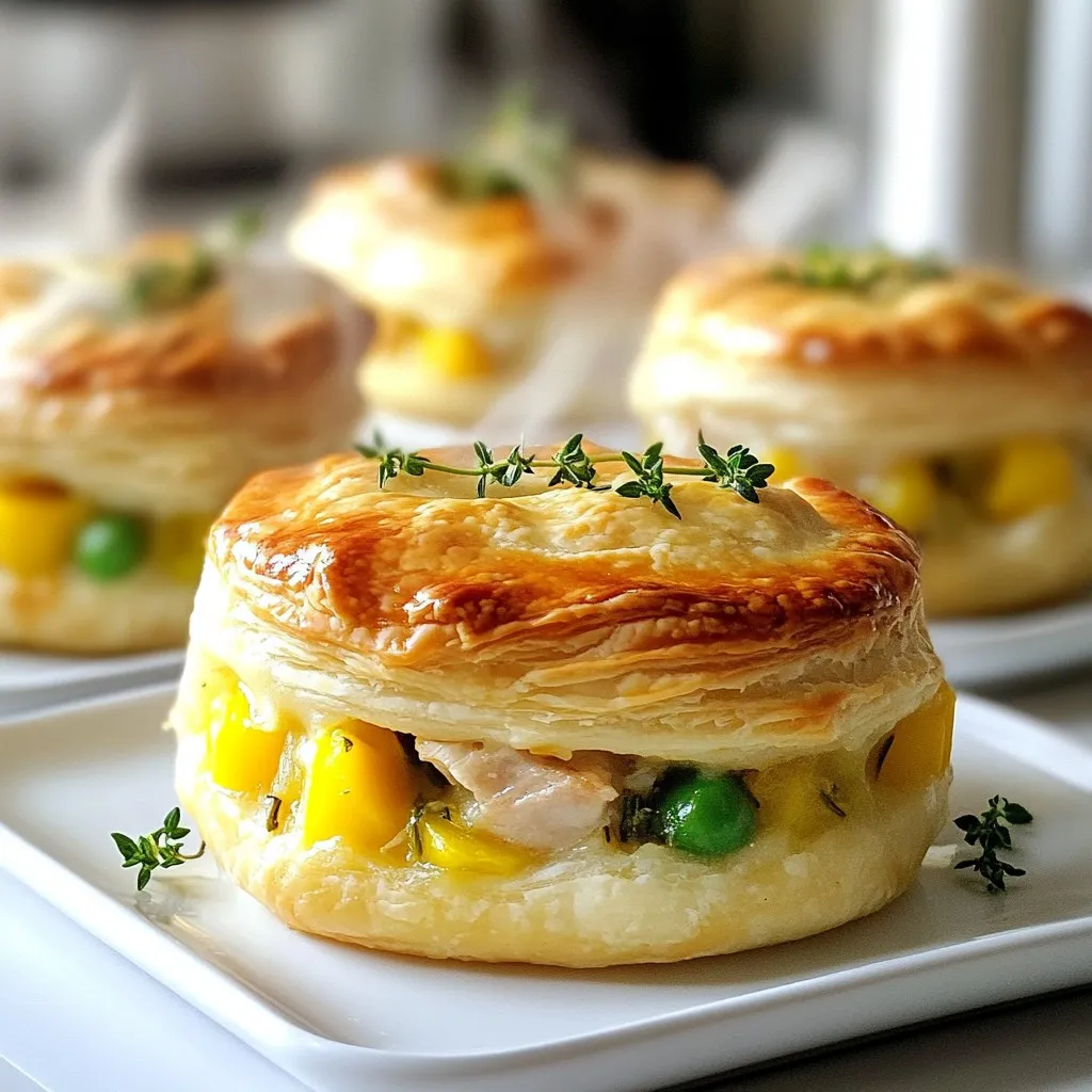 - 2 cups cooked chicken, shredded - 1 cup frozen mixed vegetables (peas, carrots, and corn blend) - 1/2 cup onion, finely diced - 2 cloves garlic, minced - 1 cup chicken broth (low sodium preferred) - 1 cup heavy cream - 1 teaspoon dried thyme - 1 teaspoon dried rosemary - Salt and pepper to taste - 1 tablespoon olive oil - 1 sheet puff pastry, fully thawed - 1 egg, beaten (for egg wash) You can swap cooked chicken for rotisserie chicken. It saves time and adds flavor. Instead of frozen mixed vegetables, use fresh ones for better texture. If you prefer a lighter dish, replace heavy cream with half-and-half or coconut milk. For a gluten-free option, try gluten-free pastry or a vegetable crust. When choosing chicken, look for bright color and no strong odor. For vegetables, pick those that are firm and vibrant. Fresh herbs should smell strong and have no brown spots. Make sure the puff pastry feels cold but not frozen when you buy it. Check the expiration date on the chicken broth and cream for the best flavor. {{ingredient_image_2}} To start, gather all your ingredients. You will need cooked chicken, frozen mixed vegetables, onion, garlic, chicken broth, heavy cream, and spices. Prepare your muffin tin by greasing it lightly. Preheat your oven to 400°F (200°C). Heat one tablespoon of olive oil in a large skillet over medium heat. Add 1/2 cup of finely diced onion and 2 minced garlic cloves. Sauté for about 3-4 minutes. The onion should look clear and smell good. Next, mix in 2 cups of shredded chicken and 1 cup of frozen mixed vegetables. Cook for another 2-3 minutes. Now, pour in 1 cup of chicken broth and 1 cup of heavy cream. Add 1 teaspoon each of dried thyme and dried rosemary. Season with salt and pepper to taste. Let this simmer for 5-7 minutes. Keep stirring until the mix thickens and the flavors blend well. On a floured surface, roll out your thawed puff pastry. Use a round cutter to cut circles about 5 inches wide. Place these circles into the muffin tin cups, leaving extra pastry hanging over the edges. Spoon the chicken mixture into each cup, filling them to the top. If you have leftover pastry, shape it into tops for the pies. You can use circles or make a lattice design. Press the edges to seal them well. Whisk 1 egg in a bowl and brush it over the tops. This gives them a nice golden color when baked. Place the tin in the oven and bake for 20-25 minutes. The pastry should puff and turn golden brown. Once done, let the pies cool for a few minutes before lifting them out. Enjoy your mini chicken pot pies warm for the best taste! To keep your pot pies from being soggy, use a few tricks. First, pre-bake the puff pastry for a few minutes. This step sets the bottom before adding the filling. Second, let your filling cool slightly before spooning it into the pastry. A hot filling can steam the pastry and cause sogginess. Puff pastry is a fantastic choice for mini pot pies. Always thaw it in the fridge overnight for the best results. When rolling it out, keep it on a lightly floured surface to prevent sticking. Cut the pastry circles with a sharp knife or round cutter. This will help create clean edges that look great. To make your chicken pot pies even tastier, try adding fresh herbs. Chopped parsley or thyme can brighten the dish. You can also mix in a little lemon juice for a zing. For more depth, consider adding a splash of white wine to the filling as it cooks. This will elevate the flavors and make your pot pies unforgettable. Pro Tips Use Fresh Herbs: Fresh herbs can elevate the flavor of your pot pies. Try using fresh thyme or rosemary instead of dried for a more aromatic experience. Customize Your Filling: Feel free to mix and match vegetables or add ingredients like mushrooms or potatoes to make the filling your own! Keep the Pastry Cold: Make sure to keep your puff pastry chilled until you're ready to use it. This helps achieve a flakier texture when baked. Let Them Rest: Allow the mini pot pies to cool for a few minutes before serving. This helps the filling set and makes them easier to handle. {{image_4}} You can easily make vegetarian mini pot pies. Swap the chicken for hearty vegetables. Use mushrooms, zucchini, or sweet potatoes. Add more frozen mixed veggies, too. For the broth, use vegetable broth instead of chicken broth. This keeps the dish rich and flavorful while being meat-free. Feel free to switch up the meat in your mini pot pies. Turkey works great if you have leftovers. You can also use beef or pork. Just ensure the meat is cooked and shredded. Adjust the seasoning to match the meat you use. This keeps your pot pies fresh and exciting. You can play with the flavors in your mini pot pies. Add spices like paprika or cumin for a kick. For a creamy twist, mix in some cheese. Cheddar or mozzarella melts nicely. Fresh herbs like basil or cilantro can brighten the taste. Don’t be afraid to experiment with your favorite flavors! To keep your mini chicken pot pies fresh, store them in an airtight container. Place parchment paper between layers to prevent sticking. They will stay good in the fridge for up to three days. If you have leftovers, make sure they cool completely before storing. Reheat your mini pot pies in the oven for the best results. Preheat the oven to 350°F (175°C). Place the pies on a baking sheet and cover them with aluminum foil. Heat for about 15-20 minutes, or until warmed through. If you prefer, you can use the microwave, but the crust might not stay crispy. To freeze mini chicken pot pies, let them cool completely first. Wrap each pie tightly in plastic wrap and then foil. They can be frozen for up to three months. When ready to eat, bake from frozen at 400°F (200°C) for about 30-35 minutes. Enjoy a warm, comforting meal any time! Yes, you can make mini chicken pot pies ahead of time. Prepare the filling and pastry, then store them separately in the fridge. You can keep the filling for up to three days. Assemble the pies just before baking to keep the crust crispy. Mini chicken pot pies pair well with simple sides. Try serving them with: - A fresh green salad - Steamed broccoli or green beans - Mashed potatoes for extra comfort These sides add color and balance to your meal. You can easily customize the filling to match your taste. Here are some ideas: - Swap cooked chicken for turkey or beef. - Use seasonal vegetables like asparagus or mushrooms. - Add herbs like basil or parsley for more flavor. Feel free to get creative! We covered how to gather fresh ingredients, prepare and cook your filling, and assemble tasty mini pot pies. I shared tips to avoid soggy bottoms and enhance flavors. You can even explore vegetarian options and different meats. Remember to store and reheat them properly for the best experience. Mini pot pies are fun to make and easy to customize. Enjoy your cooking adventure and make these pies your own!