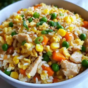 - 2 cups cooked jasmine rice (preferably day-old) - 1 lb chicken breast, diced - 2 eggs, beaten - 1 cup mixed vegetables (peas, carrots, and corn) - 3 tablespoons soy sauce - 2 tablespoons sesame oil - 1 tablespoon olive oil - 2 cloves garlic, minced - 1 teaspoon ginger, grated - Salt and pepper to taste - Sesame seeds In this recipe, I focus on using fresh, simple ingredients. The jasmine rice gives a nice texture, and chicken breast adds protein. I recommend using day-old rice. It works better since it&rsquo;s drier, making it perfect for stir-frying. For the mixed vegetables, I like using peas, carrots, and corn. They add color and nutrients. The soy sauce gives depth to the dish. Don't skip the garlic and ginger; they bring great flavor. If you want a touch of crunch, sprinkle sesame seeds on top. This dish is easy to make and fun to eat. Enjoy the process and get creative with your ingredients! {{ingredient_image_1}} 1. Heat oil and cook chicken Start by heating 1 tablespoon of olive oil in a large skillet or wok over medium-high heat. Add 1 pound of diced chicken breast. Season it with salt and pepper. Cook the chicken for about 5-7 minutes. It should be golden and fully cooked. Once done, remove it from the pan and set it aside. 2. Saut&eacute; garlic and ginger In the same skillet, add 2 tablespoons of sesame oil. Let it heat up for a moment. Now, add 2 cloves of minced garlic and 1 teaspoon of grated ginger. Stir them for about 30 seconds until you smell the amazing aroma. 1. Scramble eggs and combine ingredients Next, push the garlic and ginger to one side of the skillet. Pour in 2 beaten eggs on the other side. Scramble the eggs until they are fully cooked. Then, mix them with the garlic and ginger. 2. Add vegetables and mix Now, toss in 1 cup of mixed vegetables, like peas, carrots, and corn. Stir-fry for 2-3 minutes. This warms the veggies and adds color to your dish. 1. Incorporate rice and chicken Add 2 cups of cooked jasmine rice to the skillet. Return the cooked chicken to the pan. Pour in 3 tablespoons of soy sauce. Mix everything together well. 2. Season and serve Stir-fry for another 3-5 minutes. This ensures the rice heats through and absorbs the flavors. Lastly, add 3 chopped green onions. Adjust the seasoning if needed. Serve hot and sprinkle with sesame seeds if you like! Using day-old rice is key for great fried rice. Fresh rice is moist and sticky. Day-old rice is drier and separates better. This means each grain stays distinct. If you forget to make rice a day ahead, spread fresh rice on a tray. Let it cool for at least 30 minutes. Stir-frying is an art. You want high heat and quick movements. Heat your oils well before adding ingredients. This helps to lock in flavors. Start with the chicken and let it sear. This adds a nice color. After cooking the chicken, add the garlic and ginger. Keep stirring to avoid burning them. To boost protein, add more chicken or eggs. You can also use shrimp or tofu. Both are great swaps. If you go for tofu, choose firm or extra-firm types. These hold up well during cooking. You can mix in nuts like cashews for extra crunch and protein. They add flavor and texture. Consider using edamame, which is also high in protein. Serving is part of the fun! Use large bowls to show off your fried rice. A sprinkle of sesame seeds adds a nice touch. They catch the light and make the dish look fancy. Chop extra green onions and toss them on top. They add color and freshness. For a pop of color, you can add sliced red peppers or a few sprigs of cilantro. This makes the dish even more inviting. Pro Tips Use Day-Old Rice: Using rice that has been cooked and cooled in advance helps to achieve a better texture and prevents the rice from becoming mushy during cooking. Customize Your Veggies: Feel free to add or substitute vegetables based on your preference or what's in season. Bell peppers, broccoli, or snap peas can all work well. Perfectly Scrambled Eggs: For fluffy scrambled eggs, make sure to cook them on medium heat and do not over-stir them. Let them set slightly before folding into the mixture. Adjust Soy Sauce to Taste: Start with the recommended amount of soy sauce, but feel free to adjust according to your taste preferences. You can also try low-sodium soy sauce for a healthier option. {{image_2}} You can easily swap ingredients in your chicken fried rice. If you want a plant-based option, try tofu. Tofu absorbs flavors well and has great texture. If you like seafood, shrimp works too. It cooks fast and adds a nice taste. Changing vegetables can also make your dish fun. Instead of peas and carrots, use bell peppers or broccoli. You can even add spinach for a pop of color and nutrition. Just remember to chop them small so they cook evenly. If you need gluten-free options, choose tamari instead of soy sauce. Tamari has a similar taste but is safe for those avoiding gluten. You can also use cauliflower rice for a low-carb alternative. It gives you the same texture without the carbs. For a heart-healthy dish, use less oil or switch to a light cooking spray. You can still get the same great flavor with fewer calories. Make your fried rice unique by adding spices. For a spicy kick, add chili flakes or sriracha. If you want a hint of sweetness, try hoisin sauce. Fusion ideas can be fun too. You could add curry powder for an Indian twist or teriyaki sauce for a Japanese flair. Mixing flavors keeps the meal exciting and fresh! To keep your chicken fried rice fresh, refrigerate it right away. Place it in an airtight container. This keeps moisture in and bacteria out. The rice stays tasty for about 3 to 5 days. If you want to save it for longer, freezing is a great option. - To freeze chicken fried rice, let it cool completely first. - Then, divide it into smaller portions. - Place each portion in a freezer-safe bag or container. - Remove as much air as you can before sealing. This helps prevent freezer burn. You have two easy ways to reheat fried rice: the oven or the microwave. Oven Method: 1. Preheat your oven to 350&deg;F (175&deg;C). 2. Spread the rice on a baking sheet. 3. Cover it with foil to keep it moist. 4. Heat for about 15-20 minutes. Microwave Method: 1. Place rice in a microwave-safe bowl. 2. Add a splash of water to keep it moist. 3. Cover with a damp paper towel. 4. Heat in 1-minute bursts, stirring between each burst. Both methods help keep the rice fresh and tasty. Chicken fried rice can last in the fridge for about 3 to 5 days. If you freeze it, it stays good for 1 to 2 months. Look for these signs to check if it is spoiled: - Off smell: If it smells bad, throw it out. - Change in texture: If it feels slimy or hard, it&rsquo;s time to discard it. - Discoloration: If you see strange colors, don&rsquo;t eat it. Following these tips helps you enjoy your chicken fried rice safely and deliciously! What rice is best for fried rice? For fried rice, day-old jasmine rice works best. It has the right texture. Freshly cooked rice can be too sticky. Day-old rice dries out a bit, making it perfect for stir-frying. Can I use uncooked rice? Using uncooked rice is not recommended. Fried rice needs cooked rice to be tasty. If you only have uncooked rice, cook it first before using it in this dish. How much protein is in this dish? This dish is packed with protein. Each serving contains about 30 grams of protein. The chicken and eggs boost the protein level, making this a great meal for muscle growth. Is this recipe low in calories? This recipe is not low in calories, but it's balanced. Each serving has around 450 calories. The high protein makes it filling, so you feel satisfied without overeating. How to meal prep protein chicken fried rice? To meal prep, cook a large batch and divide it into containers. Allow the rice to cool before sealing. Store in the fridge for up to four days. Can it be frozen for later use? Yes, you can freeze protein chicken fried rice. Place it in airtight containers. It stays good in the freezer for about three months. To reheat, just warm it in the microwave or on the stove. This blog post explored making a tasty chicken fried rice. We covered key ingredients like jasmine rice, chicken breast, eggs, and various vegetables. I shared step-by-step cooking instructions and valuable tips for the best outcome. We also discussed variations for dietary needs and flavors. Lastly, we looked at storage tips for leftovers. Now, you have everything you need to create your own delicious fried rice. Enjoy experimenting with flavors and make it your own!