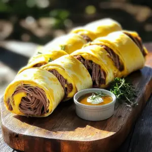 - 4 large flour tortillas - 1 cup roast beef, thinly sliced - 1 cup provolone cheese, shredded - 1/2 cup cream cheese, softened - 1/4 cup mayonnaise - 1 tablespoon Dijon mustard - 1/2 teaspoon garlic powder - 1/2 teaspoon dried thyme - 1/4 teaspoon black pepper Gather these fresh ingredients before you start. The flour tortillas serve as a great base for your roll-ups. Thinly sliced roast beef adds rich flavor. Provolone cheese brings a creamy texture. The cream cheese mixture gives a zesty kick. It balances the savory meat perfectly. You will also need some spices. The garlic powder gives depth. Dried thyme adds a nice herb flavor. Black pepper gives just the right amount of heat. This mix makes each roll-up taste amazing. When you have these items ready, you can create a tasty snack that's easy to share. These roll-ups are perfect for parties or just a fun meal at home. In a medium bowl, mix together the cream cheese, mayonnaise, Dijon mustard, garlic powder, thyme, and black pepper. Stir well until the mix is smooth. This zesty cream cheese spread will bring flavor to our roll-ups. Lay one tortilla flat on a clean surface. Use a spatula to spread a thick layer of the cream cheese mix all over the tortilla. Next, even out 1/4 cup of thinly sliced roast beef on top. Follow this with 1/4 cup of shredded provolone cheese. Make sure to cover the entire tortilla with these tasty layers. Start at the bottom edge of the tortilla. Carefully roll it up tightly toward the top, keeping the filling secure. Once rolled, wrap it in plastic wrap. This helps keep the shape. Do this for all the tortillas and place them in the fridge for at least 30 minutes. This chilling time makes the roll-ups firm and easy to slice. After 30 minutes, take the roll-ups from the fridge. Carefully unwrap the plastic and slice each roll into bite-sized pieces, about 1 to 2 inches thick. Arrange the sliced roll-ups on a platter. Serve them with a small bowl of au jus on the side for dipping. Enjoy your tasty snack! To make the best French Dip Tortilla Roll-Ups, you want tight rolls. This keeps the filling inside and looks nice on a plate. Start with a fresh tortilla. A warm tortilla rolls better. Spread your cream cheese mix evenly. Then layer your roast beef and provolone cheese well. When you roll it up, press gently but firmly. This ensures a tight roll. You can also try different tortillas. Spinach or tomato tortillas add a fun twist. They bring extra flavor and color. Experiment with whole wheat for a healthier option. Each choice gives a unique touch to your roll-ups. These roll-ups shine at parties! Serve them on a wooden board to catch attention. Arrange the roll-ups in a circle or line for a pretty display. Add a small bowl of au jus for dipping. It makes the roll-ups even tastier. Garnish with fresh herbs, like parsley or thyme. Chopped herbs add color and a fresh smell. You can also add some crunchy veggies on the side. Carrot sticks or celery are great choices. You can prep these roll-ups in advance. Make them the night before and chill them. Wrap each roll tightly in plastic wrap. This keeps them fresh and helps them hold their shape. When you’re ready to serve, just slice them up. They stay tasty in the fridge for about two days. This makes them perfect for busy days or last-minute guests. {{image_4}} You can switch up the fillings in your French dip tortilla roll-ups. If roast beef isn't your thing, try turkey or ham. Both meats add a tasty twist. You can also play with cheese. Instead of provolone, use mozzarella or cheddar for different flavors. Want some heat? Add sliced jalapeños to your roll-ups. You can also use spicy mustard instead of Dijon. This will give your dish a nice kick and make it stand out at any gathering. Don't eat meat? No problem! You can fill your roll-ups with roasted veggies. Think bell peppers, zucchini, or mushrooms. Another great option is hummus. It adds creaminess and flavor without meat. These variations keep your roll-ups exciting and tasty for everyone. To keep your French Dip Tortilla Roll Ups fresh, wrap them tightly in plastic wrap. This helps prevent air from getting in and keeps them from drying out. Place the wrapped roll-ups in an airtight container. Store them in the fridge for up to three days. If you want to save some for later, freezing is easy. Wrap each roll-up in plastic wrap. Then, place them in a freezer bag. Make sure to remove as much air as possible. You can freeze them for up to three months. When you're ready to eat, thaw them in the fridge overnight. You can enjoy them cold or warm them in the oven at 350°F for about 10 minutes. In the fridge, these roll-ups stay good for about three days. If you freeze them, they last for three months. Always check for any signs of spoilage before eating. If they smell off or look weird, it's best to toss them. Yes, you can make these roll-ups ahead of time. I suggest preparing them the night before. Wrap them tightly in plastic wrap and store them in the fridge. This helps the flavors blend well. They will be ready to slice and serve when you need them. Just remember to chill them for at least 30 minutes before cutting. If you want to switch up the cheese, try mozzarella or cheddar. Both melt well and add great taste. You can also use Swiss cheese for a different flavor. Each option gives you a new twist while keeping the dish creamy and delicious. To serve the au jus, heat it in a small pot over low heat. You can also use the microwave for quick warming. Pour the hot au jus into a small bowl for dipping. This adds a nice touch to the roll-ups. For a classy look, garnish the bowl with fresh herbs, like parsley or thyme. These tortilla roll-ups are easy to make and fun to serve. We started with a creamy spread, layered in tasty roast beef and provolone cheese, and wrapped everything tightly. You can try different fillings or make them vegetarian, too. Remember to store leftovers properly to keep them fresh. These roll-ups are perfect for parties or quick snacks. Enjoy crafting your own versions, and don’t forget the au jus on the side!
