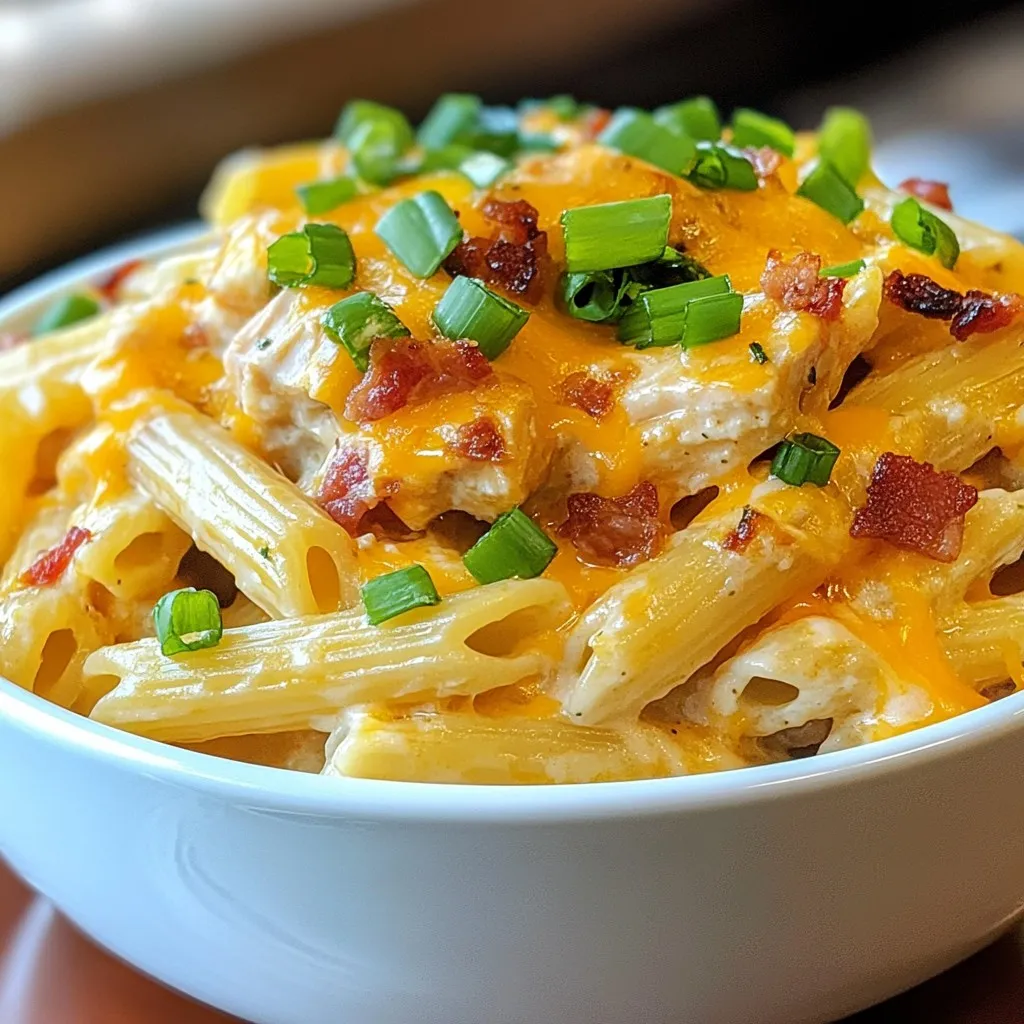 - 1 pound penne pasta - 2 cups cooked, shredded chicken - 8 ounces cream cheese For this dish, you need penne pasta, shredded chicken, and cream cheese. The penne gives a nice bite, while the chicken adds protein. Cream cheese makes the sauce creamy and rich. I often use rotisserie chicken for ease. It saves time and adds great flavor. - 1 cup ranch dressing - 1 cup sharp cheddar cheese, shredded - ½ cup mozzarella cheese, shredded - 1 cup cooked bacon bits - 1 teaspoon garlic powder - 1 teaspoon onion powder - ½ teaspoon black pepper Ranch dressing brings a tangy kick to the dish. Cheddar and mozzarella add depth and creaminess. Bacon bits add a smoky crunch. Garlic and onion powder enhance the flavor. Black pepper gives it a slight heat. Each of these ingredients works together to create a rich and tasty meal. - ¼ cup green onions, chopped - Salt to taste Green onions add a fresh touch. They brighten the dish and make it look nice. Salt helps balance all the flavors. Adjust it to your taste, but be careful not to overdo it. Each ingredient plays a role in making Crack Chicken Penne a true delight. {{ingredient_image_1}} To start, bring a large pot of salted water to a boil. This step is key for flavor. Once boiling, add 1 pound of penne pasta. Cook it according to the package instructions until it's al dente. You want it firm but not hard. This usually takes about 10 to 12 minutes. After cooking, drain the pasta in a colander. Make sure to shake off any excess water. Set the pasta aside while you prepare the sauce. Now, let’s make the creamy sauce. In a large mixing bowl, combine 8 ounces of softened cream cheese and 1 cup of ranch dressing. This combo gives a great flavor. Next, add 1 teaspoon each of garlic powder and onion powder. Also, add ½ teaspoon of black pepper. Mix these ingredients well until the sauce is smooth and creamy. You want it to be easy to stir. This will coat the pasta and chicken beautifully. Next, it’s time to bring everything together. Add 2 cups of shredded chicken and 1 cup of cooked bacon bits to the bowl. For cheese lovers, add 1 cup of shredded sharp cheddar and ½ cup of shredded mozzarella. Stir until everything is well-coated with the creamy sauce. Now, gently fold the cooked penne pasta into the chicken mixture. If the mixture feels thick, add a splash of the pasta cooking water. This helps loosen it up. If you enjoy baked dishes, you can take it a step further. Transfer the mixture to a greased baking dish. Sprinkle more cheddar cheese on top. Bake it in a preheated oven at 350°F for about 20 minutes. Look for a bubbly, golden top. After baking, let it cool slightly. Garnish with chopped green onions for a fresh touch before serving. Enjoy your Crack Chicken Penne! Using rotisserie chicken saves time. You can find it at any grocery store. Just shred it up and mix it in. This adds flavor and cuts prep time. To adjust creaminess, use pasta water. After boiling penne, save some water. If your mix feels thick, add a splash. This keeps your dish smooth and tasty. You can add vegetables to boost nutrition. Try spinach, bell peppers, or broccoli. Chop them small so they mix well. You can even toss in frozen peas for ease. For heat, think about spices. Add red pepper flakes or diced jalapeños. Start with a small amount, then taste. You can always add more if you want it spicier. For baking, set your oven to 350°F (175°C). Bake your dish for about 20 minutes. Look for a bubbly and golden top as a sign it’s ready. Using foil can help create a perfect crust. Cover your dish for the first 15 minutes. This keeps moisture in, then uncover to let it brown. Pro Tips Use Leftover Chicken: For a quicker meal, utilize leftover rotisserie chicken or any pre-cooked chicken to save time on preparation. Adjust the Creaminess: If you prefer a creamier dish, feel free to add more cream cheese or a splash of heavy cream to your sauce. Customize Your Cheeses: Experiment with different cheese combinations like pepper jack for a spicy kick or gouda for a smoky flavor. Add Veggies: Incorporate veggies such as spinach, broccoli, or bell peppers to enhance the nutritional value and add color to your dish. {{image_2}} You can easily adapt Crack Chicken Penne for different diets. For a low-carb option, swap the penne pasta for zucchini noodles. This keeps the dish light and fresh. Simply spiralize the zucchini and sauté it for a few minutes before adding it to the sauce. If you need a gluten-free option, look for gluten-free penne. Many brands offer this choice, and it cooks just like regular pasta. Make sure to check the package for cooking times. Want to spice things up? Add jalapeños for a kick. You can mix in diced jalapeños when you combine everything. This adds heat and flavor that really pops. For an Italian twist, try adding sun-dried tomatoes. Chop them up and stir them into the sauce for a burst of flavor. They pair well with the creamy base and give a nice tang. You can make Crack Chicken Penne in different ways. For a quick meal, use an Instant Pot. Start by cooking the penne in the pot. Then, mix in the other ingredients. Seal the lid and cook on high for just a few minutes. If you prefer a slow cooker, this works great too. Cook the chicken and sauce in the slow cooker for four to six hours on low. Then, stir in the cooked penne before serving. This method lets the flavors meld beautifully. To store leftovers, place Crack Chicken Penne in an airtight container. This keeps it fresh. Make sure the dish cools before sealing. In the fridge, it lasts about 3 to 4 days. If you plan to eat it later, label the container with the date. This helps you track freshness. Freezing is a great option for longer storage. To freeze, transfer the penne to a freezer-safe container. You can also use freezer bags for easy storage. Divide into portions for quick meals. Crack Chicken Penne can last up to 3 months in the freezer. When ready to eat, thaw it in the fridge overnight. To reheat, use the microwave or a stovetop. Add a splash of water if it seems dry. Repurposing leftovers can be fun! You can turn Crack Chicken Penne into a creamy soup. Just add some chicken broth and veggies. Another option is to make a hearty casserole. Layer the penne with more cheese and bake it until bubbly. You can also mix it with scrambled eggs for a tasty breakfast dish. These ideas help reduce waste and keep meals exciting. You can prepare Crack Chicken Penne in advance. Start by cooking the penne pasta and setting it aside. Mix the sauce with chicken, bacon, and cheese. Store this mixture in the fridge for up to two days. When ready to serve, heat it on the stovetop or bake it in the oven. If you bake it, add some extra cheese on top for a bubbly finish. This method saves time and keeps your meal fresh. Yes, you can swap cheeses based on your taste. Creamy cheeses like gouda or fontina melt well and add flavor. You can also use pepper jack for a spicy kick. If you prefer a lighter version, use low-fat cheeses instead. Mixing different cheeses can make the dish unique and exciting. Crack Chicken Penne pairs well with many sides. A fresh salad with mixed greens adds a nice crunch. Garlic bread is another favorite for soaking up the creamy sauce. Steamed broccoli or green beans also complement the meal well. Choose sides that balance the richness of the pasta for a complete dinner. In this blog post, we explored how to make delicious Crack Chicken Penne. We covered the key ingredients, from pasta to chicken, and how to enhance flavor with cheese and seasonings. You learned clear steps for preparation, assembly, and baking. I shared tips for spice and dietary changes along with storage advice. This dish offers tasty options for everyone. Try your own twists to make it special! Enjoy your cooking and the delicious meals to come.